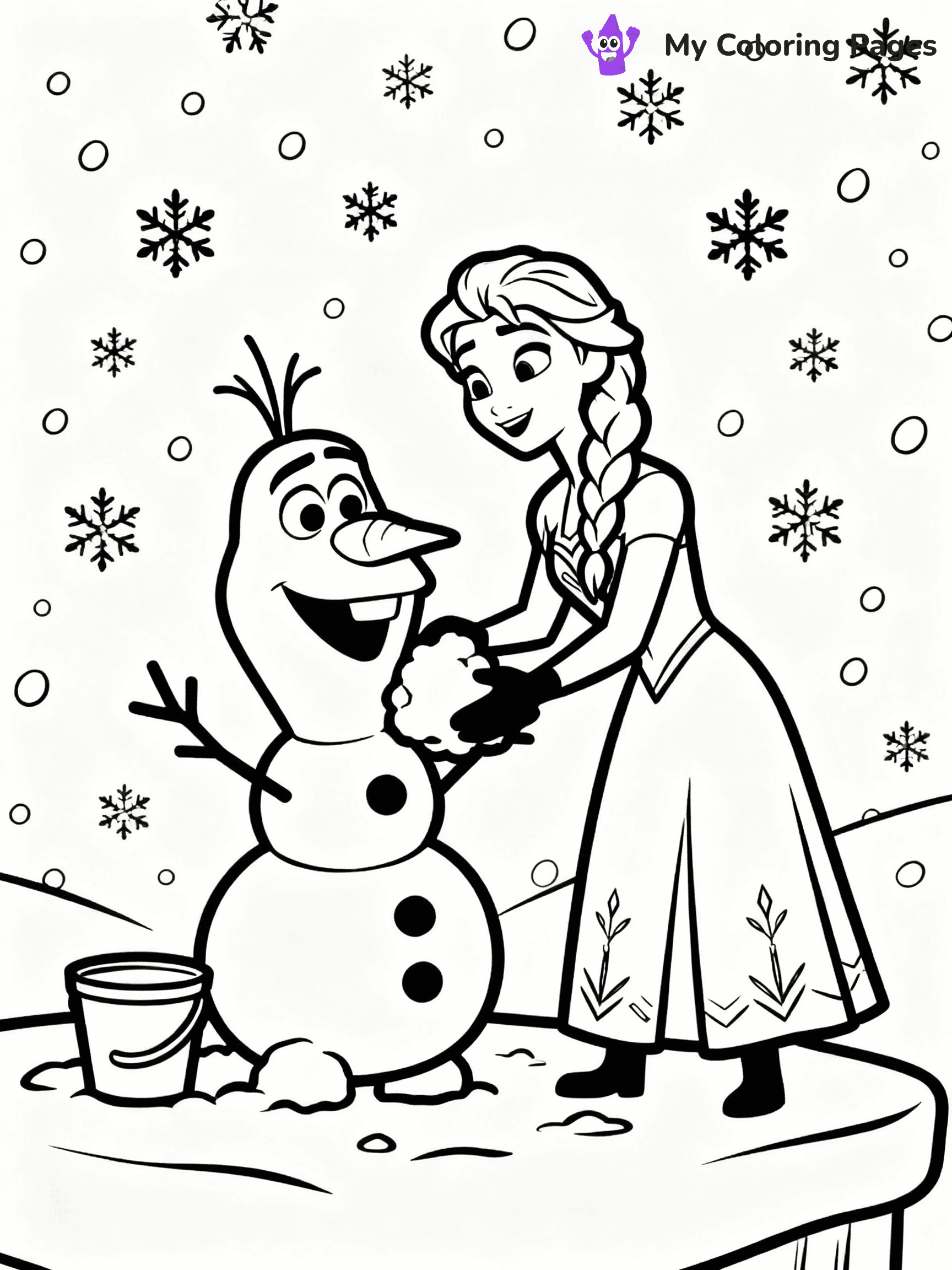 ⚠️ CRITICAL REQUIREMENT - ABSOLUTE BLACK AND WHITE ONLY ⚠️
This MUST be a BLACK AND WHITE line drawing ONLY. NO COLORS whatsoever.
- ONLY pure black lines (#000000) on pure white background (#FFFFFF)
- ABSOLUTELY NO colors, NO shading, NO gradients, NO grayscale
- If there are ANY colors in the output, the image is REJECTED
- This is a COLORING PAGE - meant to be COLORED IN by children
- The output must be UNCOLORED line art ready for coloring
⚠️ SUBJECT TO DRAW: Olaf from Frozen building a snowman, snowflakes falling all around. Important: PURE OUTLINES. NO FILLS, COLOR, SHADING, OR GREYSCALE. WHITE BACKGROUND.
(REMEMBER: Output must be BLACK AND WHITE line art only, NOT colored!)
# Flat, Friendly Cartoon Line-Art Coloring Page
You are generating a **pure black-and-white binary image** of a child-friendly cartoon scene combining characters and background scenery in one cohesive composition.
## Rendering Rules (Strict)
- Only two colors: pure black (#000000) outlines and pure white (#FFFFFF) background.
- No grayscale, shading, gradients, tints, fills, transparency, or partial pixels.
- No antialiasing or blended edges; every pixel is 100% black or white.
- No solid black fills inside shapes — all areas inside outlines must remain white.
- No dark clothing areas or filled tone blocks; all garments outlined only.
- No shadows, textures, lighting, or tonal variations.
- Must look like flat binary vector line-art for coloring pages.
## Drawing & Composition
- **Medium, consistent line weight**; clean closed outlines easy to color inside.
- **Flat, simple, child-friendly design** — no realism or 3D depth.
- Characters are **grounded on a surface**, centered and large.
- **Balanced composition** with clear silhouettes and minimal props.
## Scenery & Style
- Landmarks (e.g., mosque, CN Tower) and scenery (trees, benches, waves) drawn with **black outlines only.**
- For real-world figures, teams, or places, show accurate details using only black outlines—no text or logos. Use distinctive uniform patterns, abstract symbols, and landmark silhouettes to convey identity.
- Keep **consistent perspective**; no floating elements.
- **Style:** whimsical **Doodle Art Alley** — rounded, friendly outlines.
- May adapt shapes from **Crayola, Disney, Peppa Pig, Cocomelon** — *by shape only, never color.*
- Final output: **flat, crisp, binary (#000000/#FFFFFF)**, **no filled color or background text.**
EXTREMELYE IMPORTANT:
- PURE BINARY LINE-ART; NO FILLS (HAIR/CLOTHES/SKIN), SHADING, OR GREY.
- NO SHADING, COLOR. MUST BE WHITE BACKGROUND.
⚠️ FINAL REMINDER: Draw the subject "Olaf from Frozen building a snowman, snowflakes falling all around. Important: PURE OUTLINES. NO FILLS, COLOR, SHADING, OR GREYSCALE. WHITE BACKGROUND." as BLACK AND WHITE line art. Zero colors in output.