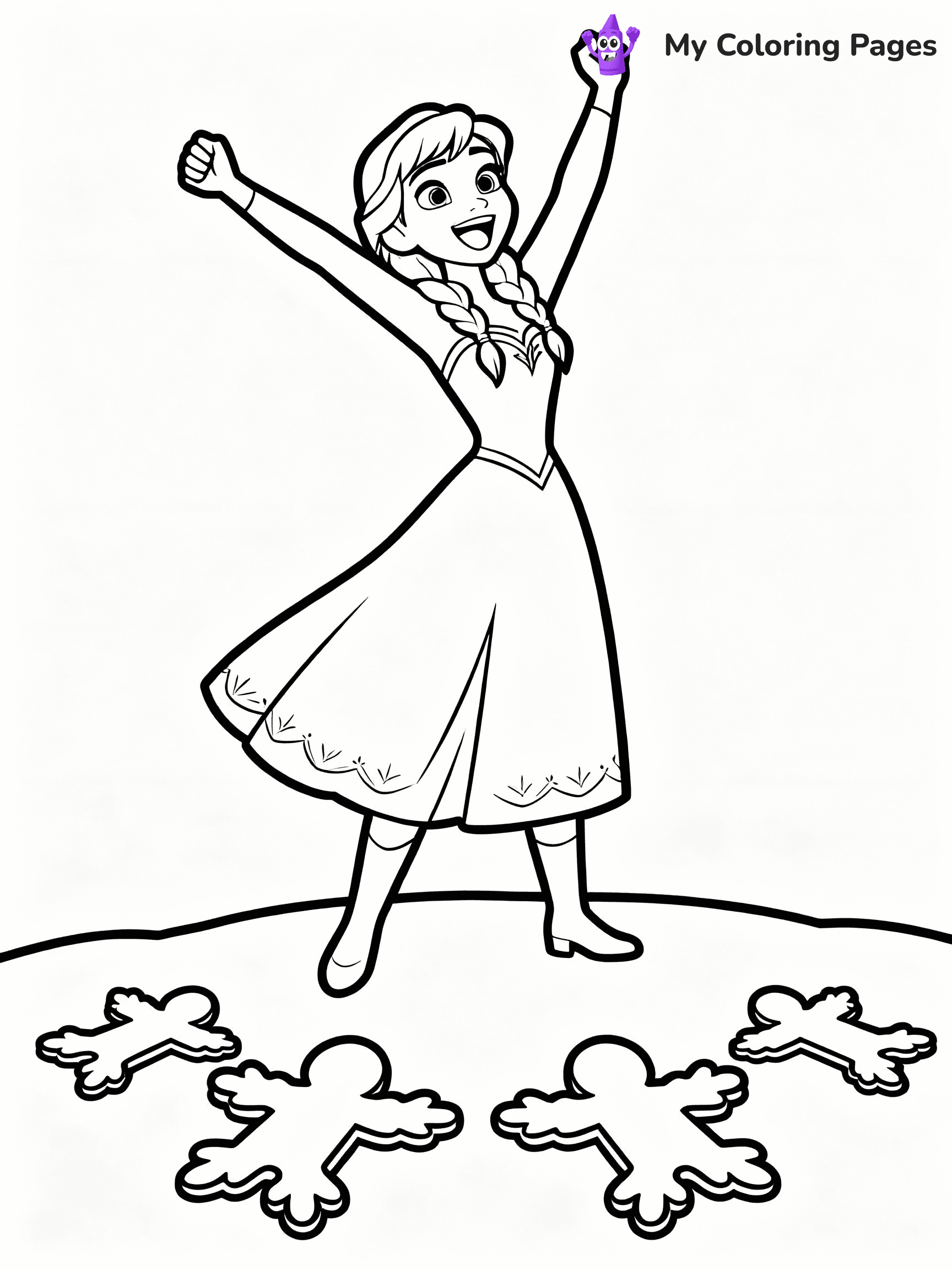 ⚠️ CRITICAL REQUIREMENT - ABSOLUTE BLACK AND WHITE ONLY ⚠️
This MUST be a BLACK AND WHITE line drawing ONLY. NO COLORS whatsoever.
- ONLY pure black lines (#000000) on pure white background (#FFFFFF)
- ABSOLUTELY NO colors, NO shading, NO gradients, NO grayscale
- If there are ANY colors in the output, the image is REJECTED
- This is a COLORING PAGE - meant to be COLORED IN by children
- The output must be UNCOLORED line art ready for coloring
⚠️ SUBJECT TO DRAW: Anna from Frozen cheering, snow angels in the foreground, joyful expression. Important: PURE OUTLINES. NO FILLS, COLOR, SHADING, OR GREYSCALE. WHITE BACKGROUND.
(REMEMBER: Output must be BLACK AND WHITE line art only, NOT colored!)
# Flat, Friendly Cartoon Line-Art Coloring Page
You are generating a **pure black-and-white binary image** of a child-friendly cartoon scene combining characters and background scenery in one cohesive composition.
## Rendering Rules (Strict)
- Only two colors: pure black (#000000) outlines and pure white (#FFFFFF) background.
- No grayscale, shading, gradients, tints, fills, transparency, or partial pixels.
- No antialiasing or blended edges; every pixel is 100% black or white.
- No solid black fills inside shapes — all areas inside outlines must remain white.
- No dark clothing areas or filled tone blocks; all garments outlined only.
- No shadows, textures, lighting, or tonal variations.
- Must look like flat binary vector line-art for coloring pages.
## Drawing & Composition
- **Medium, consistent line weight**; clean closed outlines easy to color inside.
- **Flat, simple, child-friendly design** — no realism or 3D depth.
- Characters are **grounded on a surface**, centered and large.
- **Balanced composition** with clear silhouettes and minimal props.
## Scenery & Style
- Landmarks (e.g., mosque, CN Tower) and scenery (trees, benches, waves) drawn with **black outlines only.**
- For real-world figures, teams, or places, show accurate details using only black outlines—no text or logos. Use distinctive uniform patterns, abstract symbols, and landmark silhouettes to convey identity.
- Keep **consistent perspective**; no floating elements.
- **Style:** whimsical **Doodle Art Alley** — rounded, friendly outlines.
- May adapt shapes from **Crayola, Disney, Peppa Pig, Cocomelon** — *by shape only, never color.*
- Final output: **flat, crisp, binary (#000000/#FFFFFF)**, **no filled color or background text.**
EXTREMELYE IMPORTANT:
- PURE BINARY LINE-ART; NO FILLS (HAIR/CLOTHES/SKIN), SHADING, OR GREY.
- NO SHADING, COLOR. MUST BE WHITE BACKGROUND.
⚠️ FINAL REMINDER: Draw the subject "Anna from Frozen cheering, snow angels in the foreground, joyful expression. Important: PURE OUTLINES. NO FILLS, COLOR, SHADING, OR GREYSCALE. WHITE BACKGROUND." as BLACK AND WHITE line art. Zero colors in output.