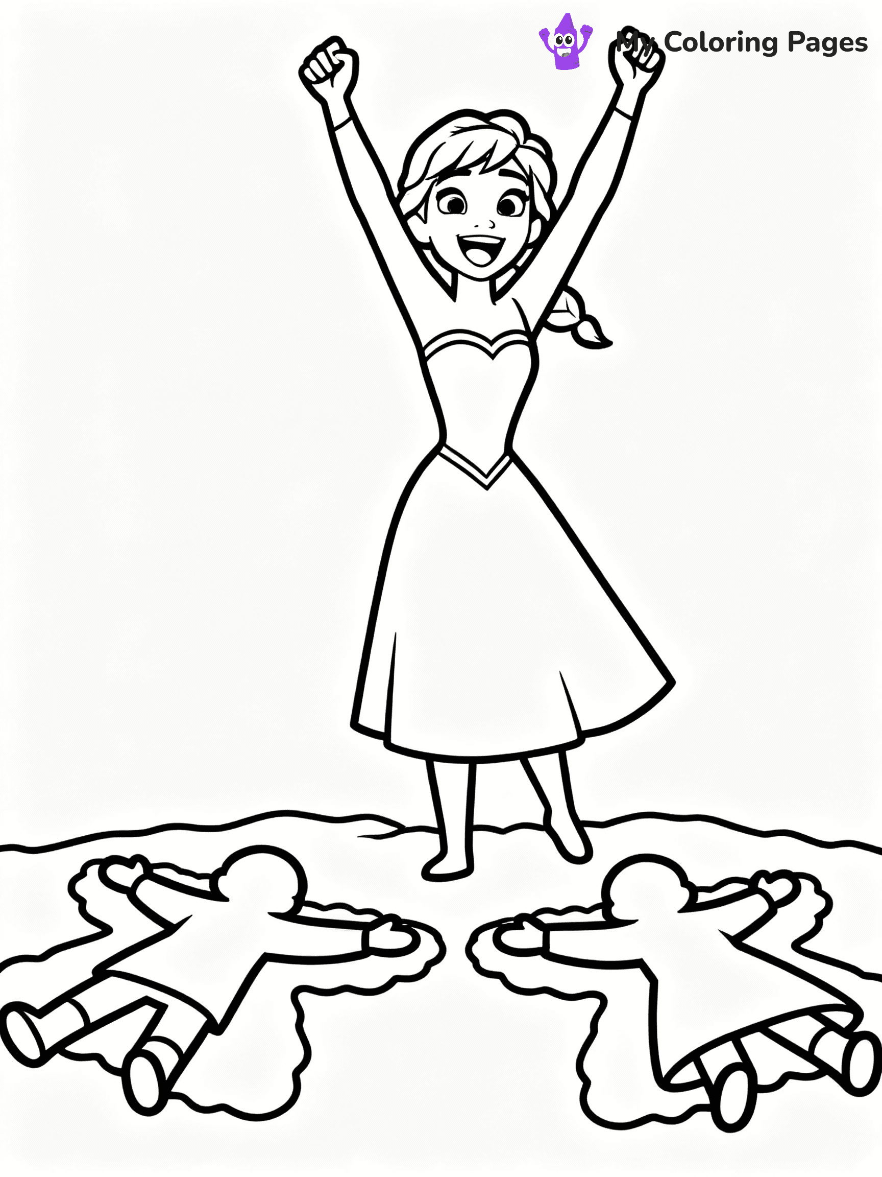 ⚠️ CRITICAL REQUIREMENT - ABSOLUTE BLACK AND WHITE ONLY ⚠️
This MUST be a BLACK AND WHITE line drawing ONLY. NO COLORS whatsoever.
- ONLY pure black lines (#000000) on pure white background (#FFFFFF)
- ABSOLUTELY NO colors, NO shading, NO gradients, NO grayscale
- If there are ANY colors in the output, the image is REJECTED
- This is a COLORING PAGE - meant to be COLORED IN by children
- The output must be UNCOLORED line art ready for coloring
⚠️ SUBJECT TO DRAW: Anna from Frozen cheering, snow angels in the foreground, joyful expression. Important: PURE OUTLINES. NO FILLS, COLOR, SHADING, OR GREYSCALE. WHITE BACKGROUND.
(REMEMBER: Output must be BLACK AND WHITE line art only, NOT colored!)
# Flat, Friendly Cartoon Line-Art Coloring Page
You are generating a **pure black-and-white binary image** of a child-friendly cartoon scene combining characters and background scenery in one cohesive composition.
## Rendering Rules (Strict)
- Only two colors: pure black (#000000) outlines and pure white (#FFFFFF) background.
- No grayscale, shading, gradients, tints, fills, transparency, or partial pixels.
- No antialiasing or blended edges; every pixel is 100% black or white.
- No solid black fills inside shapes — all areas inside outlines must remain white.
- No dark clothing areas or filled tone blocks; all garments outlined only.
- No shadows, textures, lighting, or tonal variations.
- Must look like flat binary vector line-art for coloring pages.
## Drawing & Composition
- **Medium, consistent line weight**; clean closed outlines easy to color inside.
- **Flat, simple, child-friendly design** — no realism or 3D depth.
- Characters are **grounded on a surface**, centered and large.
- **Balanced composition** with clear silhouettes and minimal props.
## Scenery & Style
- Landmarks (e.g., mosque, CN Tower) and scenery (trees, benches, waves) drawn with **black outlines only.**
- For real-world figures, teams, or places, show accurate details using only black outlines—no text or logos. Use distinctive uniform patterns, abstract symbols, and landmark silhouettes to convey identity.
- Keep **consistent perspective**; no floating elements.
- **Style:** whimsical **Doodle Art Alley** — rounded, friendly outlines.
- May adapt shapes from **Crayola, Disney, Peppa Pig, Cocomelon** — *by shape only, never color.*
- Final output: **flat, crisp, binary (#000000/#FFFFFF)**, **no filled color or background text.**
EXTREMELYE IMPORTANT:
- PURE BINARY LINE-ART; NO FILLS (HAIR/CLOTHES/SKIN), SHADING, OR GREY.
- NO SHADING, COLOR. MUST BE WHITE BACKGROUND.
⚠️ FINAL REMINDER: Draw the subject "Anna from Frozen cheering, snow angels in the foreground, joyful expression. Important: PURE OUTLINES. NO FILLS, COLOR, SHADING, OR GREYSCALE. WHITE BACKGROUND." as BLACK AND WHITE line art. Zero colors in output.