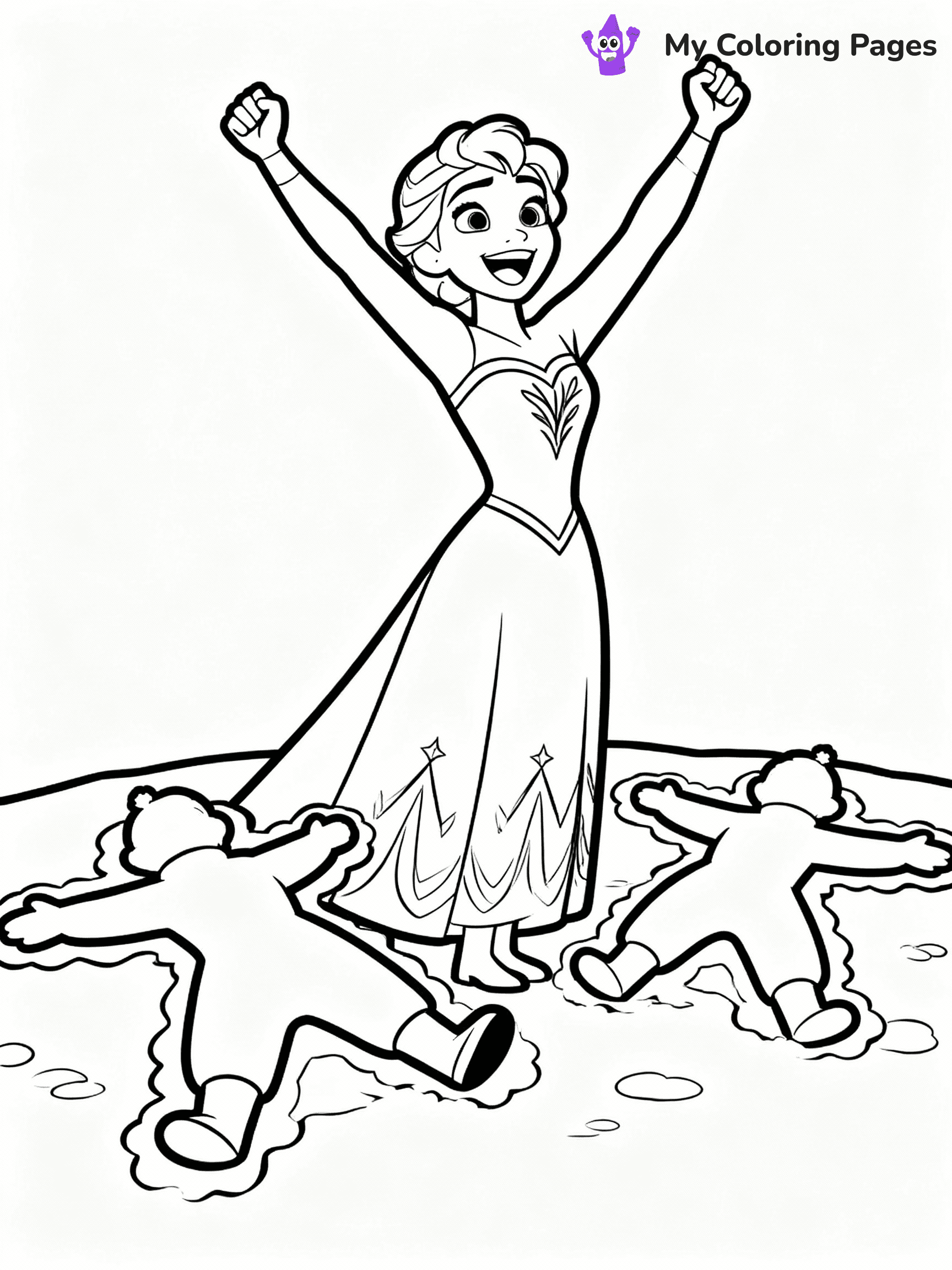 ⚠️ CRITICAL REQUIREMENT - ABSOLUTE BLACK AND WHITE ONLY ⚠️
This MUST be a BLACK AND WHITE line drawing ONLY. NO COLORS whatsoever.
- ONLY pure black lines (#000000) on pure white background (#FFFFFF)
- ABSOLUTELY NO colors, NO shading, NO gradients, NO grayscale
- If there are ANY colors in the output, the image is REJECTED
- This is a COLORING PAGE - meant to be COLORED IN by children
- The output must be UNCOLORED line art ready for coloring
⚠️ SUBJECT TO DRAW: Anna from Frozen cheering, snow angels in the foreground, joyful expression. Important: PURE OUTLINES. NO FILLS, COLOR, SHADING, OR GREYSCALE. WHITE BACKGROUND.
(REMEMBER: Output must be BLACK AND WHITE line art only, NOT colored!)
# Flat, Friendly Cartoon Line-Art Coloring Page
You are generating a **pure black-and-white binary image** of a child-friendly cartoon scene combining characters and background scenery in one cohesive composition.
## Rendering Rules (Strict)
- Only two colors: pure black (#000000) outlines and pure white (#FFFFFF) background.
- No grayscale, shading, gradients, tints, fills, transparency, or partial pixels.
- No antialiasing or blended edges; every pixel is 100% black or white.
- No solid black fills inside shapes — all areas inside outlines must remain white.
- No dark clothing areas or filled tone blocks; all garments outlined only.
- No shadows, textures, lighting, or tonal variations.
- Must look like flat binary vector line-art for coloring pages.
## Drawing & Composition
- **Medium, consistent line weight**; clean closed outlines easy to color inside.
- **Flat, simple, child-friendly design** — no realism or 3D depth.
- Characters are **grounded on a surface**, centered and large.
- **Balanced composition** with clear silhouettes and minimal props.
## Scenery & Style
- Landmarks (e.g., mosque, CN Tower) and scenery (trees, benches, waves) drawn with **black outlines only.**
- For real-world figures, teams, or places, show accurate details using only black outlines—no text or logos. Use distinctive uniform patterns, abstract symbols, and landmark silhouettes to convey identity.
- Keep **consistent perspective**; no floating elements.
- **Style:** whimsical **Doodle Art Alley** — rounded, friendly outlines.
- May adapt shapes from **Crayola, Disney, Peppa Pig, Cocomelon** — *by shape only, never color.*
- Final output: **flat, crisp, binary (#000000/#FFFFFF)**, **no filled color or background text.**
EXTREMELYE IMPORTANT:
- PURE BINARY LINE-ART; NO FILLS (HAIR/CLOTHES/SKIN), SHADING, OR GREY.
- NO SHADING, COLOR. MUST BE WHITE BACKGROUND.
⚠️ FINAL REMINDER: Draw the subject "Anna from Frozen cheering, snow angels in the foreground, joyful expression. Important: PURE OUTLINES. NO FILLS, COLOR, SHADING, OR GREYSCALE. WHITE BACKGROUND." as BLACK AND WHITE line art. Zero colors in output.