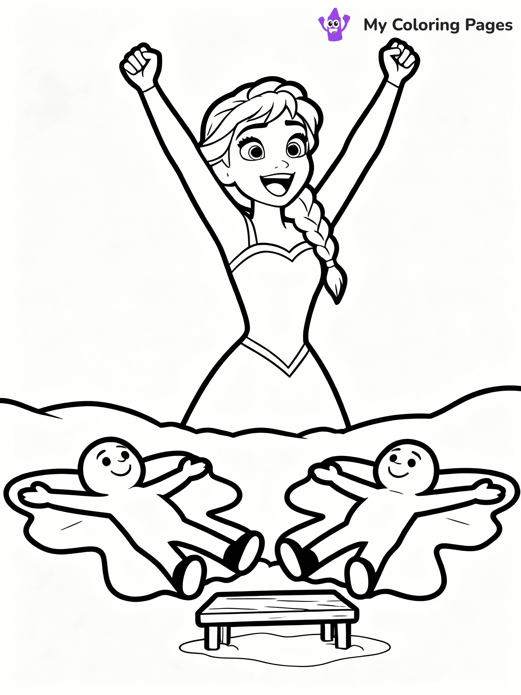 ⚠️ CRITICAL REQUIREMENT - ABSOLUTE BLACK AND WHITE ONLY ⚠️
This MUST be a BLACK AND WHITE line drawing ONLY. NO COLORS whatsoever.
- ONLY pure black lines (#000000) on pure white background (#FFFFFF)
- ABSOLUTELY NO colors, NO shading, NO gradients, NO grayscale
- If there are ANY colors in the output, the image is REJECTED
- This is a COLORING PAGE - meant to be COLORED IN by children
- The output must be UNCOLORED line art ready for coloring
⚠️ SUBJECT TO DRAW: Anna from Frozen cheering, snow angels in the foreground, joyful expression. Important: PURE OUTLINES. NO FILLS, COLOR, SHADING, OR GREYSCALE. WHITE BACKGROUND.
(REMEMBER: Output must be BLACK AND WHITE line art only, NOT colored!)
# Flat, Friendly Cartoon Line-Art Coloring Page
You are generating a **pure black-and-white binary image** of a child-friendly cartoon scene combining characters and background scenery in one cohesive composition.
## Rendering Rules (Strict)
- Only two colors: pure black (#000000) outlines and pure white (#FFFFFF) background.
- No grayscale, shading, gradients, tints, fills, transparency, or partial pixels.
- No antialiasing or blended edges; every pixel is 100% black or white.
- No solid black fills inside shapes — all areas inside outlines must remain white.
- No dark clothing areas or filled tone blocks; all garments outlined only.
- No shadows, textures, lighting, or tonal variations.
- Must look like flat binary vector line-art for coloring pages.
## Drawing & Composition
- **Medium, consistent line weight**; clean closed outlines easy to color inside.
- **Flat, simple, child-friendly design** — no realism or 3D depth.
- Characters are **grounded on a surface**, centered and large.
- **Balanced composition** with clear silhouettes and minimal props.
## Scenery & Style
- Landmarks (e.g., mosque, CN Tower) and scenery (trees, benches, waves) drawn with **black outlines only.**
- For real-world figures, teams, or places, show accurate details using only black outlines—no text or logos. Use distinctive uniform patterns, abstract symbols, and landmark silhouettes to convey identity.
- Keep **consistent perspective**; no floating elements.
- **Style:** whimsical **Doodle Art Alley** — rounded, friendly outlines.
- May adapt shapes from **Crayola, Disney, Peppa Pig, Cocomelon** — *by shape only, never color.*
- Final output: **flat, crisp, binary (#000000/#FFFFFF)**, **no filled color or background text.**
EXTREMELYE IMPORTANT:
- PURE BINARY LINE-ART; NO FILLS (HAIR/CLOTHES/SKIN), SHADING, OR GREY.
- NO SHADING, COLOR. MUST BE WHITE BACKGROUND.
⚠️ FINAL REMINDER: Draw the subject "Anna from Frozen cheering, snow angels in the foreground, joyful expression. Important: PURE OUTLINES. NO FILLS, COLOR, SHADING, OR GREYSCALE. WHITE BACKGROUND." as BLACK AND WHITE line art. Zero colors in output.