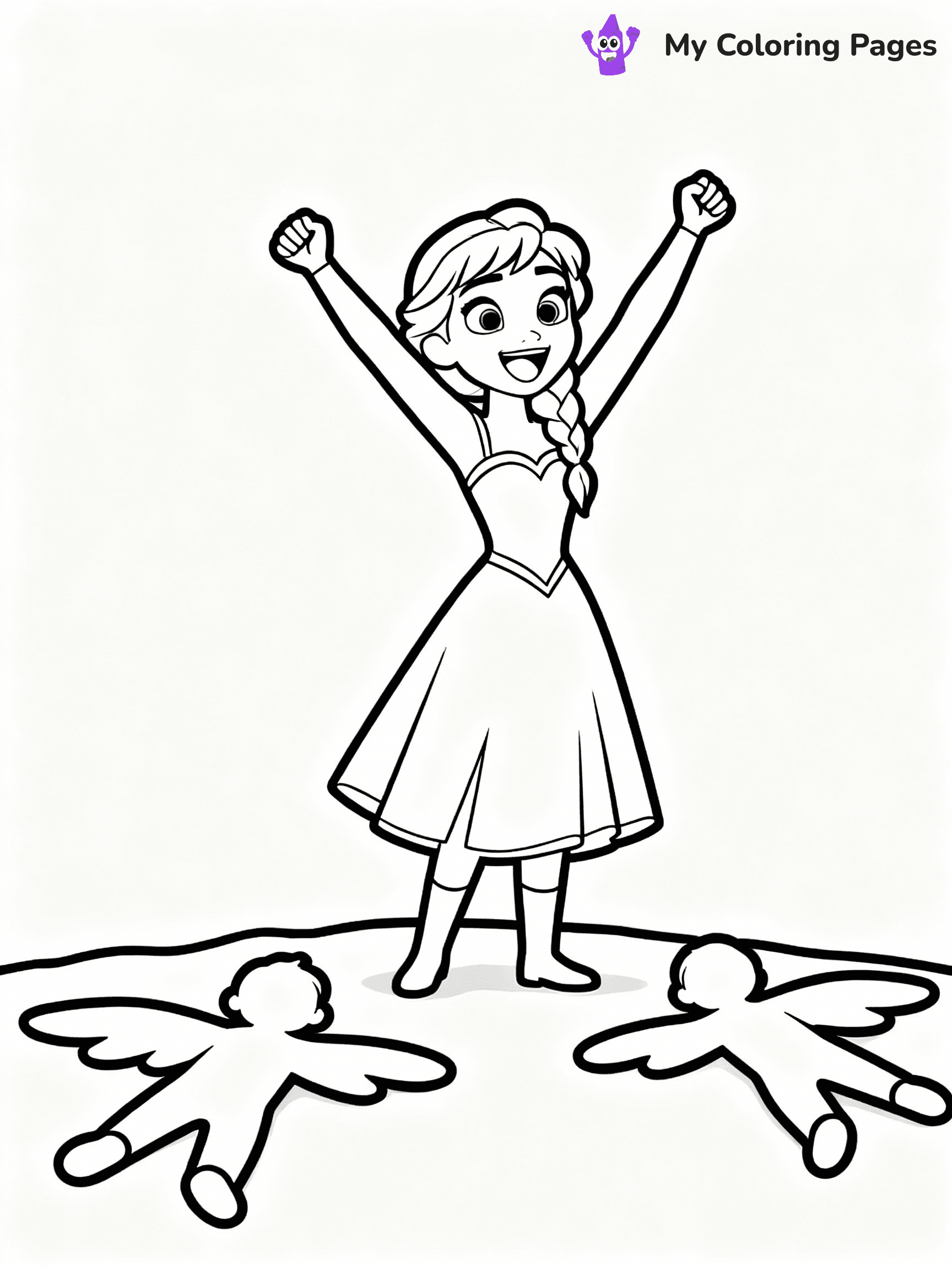 ⚠️ CRITICAL REQUIREMENT - ABSOLUTE BLACK AND WHITE ONLY ⚠️
This MUST be a BLACK AND WHITE line drawing ONLY. NO COLORS whatsoever.
- ONLY pure black lines (#000000) on pure white background (#FFFFFF)
- ABSOLUTELY NO colors, NO shading, NO gradients, NO grayscale
- If there are ANY colors in the output, the image is REJECTED
- This is a COLORING PAGE - meant to be COLORED IN by children
- The output must be UNCOLORED line art ready for coloring
⚠️ SUBJECT TO DRAW: Anna from Frozen cheering, snow angels in the foreground, joyful expression. Important: PURE OUTLINES. NO FILLS, COLOR, SHADING, OR GREYSCALE. WHITE BACKGROUND.
(REMEMBER: Output must be BLACK AND WHITE line art only, NOT colored!)
# Flat, Friendly Cartoon Line-Art Coloring Page
You are generating a **pure black-and-white binary image** of a child-friendly cartoon scene combining characters and background scenery in one cohesive composition.
## Rendering Rules (Strict)
- Only two colors: pure black (#000000) outlines and pure white (#FFFFFF) background.
- No grayscale, shading, gradients, tints, fills, transparency, or partial pixels.
- No antialiasing or blended edges; every pixel is 100% black or white.
- No solid black fills inside shapes — all areas inside outlines must remain white.
- No dark clothing areas or filled tone blocks; all garments outlined only.
- No shadows, textures, lighting, or tonal variations.
- Must look like flat binary vector line-art for coloring pages.
## Drawing & Composition
- **Medium, consistent line weight**; clean closed outlines easy to color inside.
- **Flat, simple, child-friendly design** — no realism or 3D depth.
- Characters are **grounded on a surface**, centered and large.
- **Balanced composition** with clear silhouettes and minimal props.
## Scenery & Style
- Landmarks (e.g., mosque, CN Tower) and scenery (trees, benches, waves) drawn with **black outlines only.**
- For real-world figures, teams, or places, show accurate details using only black outlines—no text or logos. Use distinctive uniform patterns, abstract symbols, and landmark silhouettes to convey identity.
- Keep **consistent perspective**; no floating elements.
- **Style:** whimsical **Doodle Art Alley** — rounded, friendly outlines.
- May adapt shapes from **Crayola, Disney, Peppa Pig, Cocomelon** — *by shape only, never color.*
- Final output: **flat, crisp, binary (#000000/#FFFFFF)**, **no filled color or background text.**
EXTREMELYE IMPORTANT:
- PURE BINARY LINE-ART; NO FILLS (HAIR/CLOTHES/SKIN), SHADING, OR GREY.
- NO SHADING, COLOR. MUST BE WHITE BACKGROUND.
⚠️ FINAL REMINDER: Draw the subject "Anna from Frozen cheering, snow angels in the foreground, joyful expression. Important: PURE OUTLINES. NO FILLS, COLOR, SHADING, OR GREYSCALE. WHITE BACKGROUND." as BLACK AND WHITE line art. Zero colors in output.