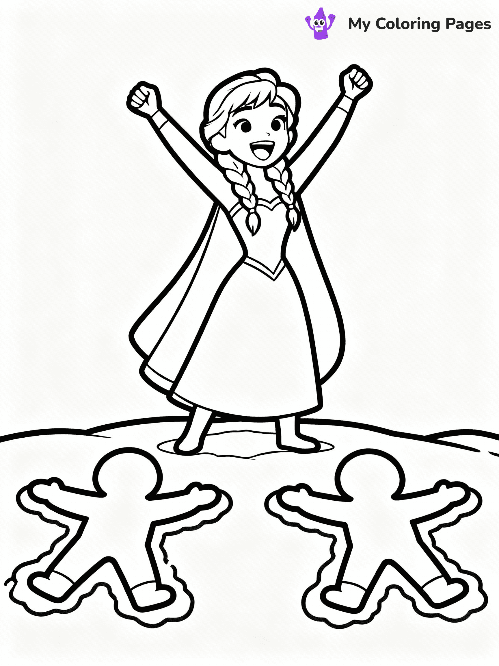 ⚠️ CRITICAL REQUIREMENT - ABSOLUTE BLACK AND WHITE ONLY ⚠️
This MUST be a BLACK AND WHITE line drawing ONLY. NO COLORS whatsoever.
- ONLY pure black lines (#000000) on pure white background (#FFFFFF)
- ABSOLUTELY NO colors, NO shading, NO gradients, NO grayscale
- If there are ANY colors in the output, the image is REJECTED
- This is a COLORING PAGE - meant to be COLORED IN by children
- The output must be UNCOLORED line art ready for coloring
⚠️ SUBJECT TO DRAW: Anna from Frozen cheering, snow angels in the foreground, joyful expression. Important: PURE OUTLINES. NO FILLS, COLOR, SHADING, OR GREYSCALE. WHITE BACKGROUND.
(REMEMBER: Output must be BLACK AND WHITE line art only, NOT colored!)
# Flat, Friendly Cartoon Line-Art Coloring Page
You are generating a **pure black-and-white binary image** of a child-friendly cartoon scene combining characters and background scenery in one cohesive composition.
## Rendering Rules (Strict)
- Only two colors: pure black (#000000) outlines and pure white (#FFFFFF) background.
- No grayscale, shading, gradients, tints, fills, transparency, or partial pixels.
- No antialiasing or blended edges; every pixel is 100% black or white.
- No solid black fills inside shapes — all areas inside outlines must remain white.
- No dark clothing areas or filled tone blocks; all garments outlined only.
- No shadows, textures, lighting, or tonal variations.
- Must look like flat binary vector line-art for coloring pages.
## Drawing & Composition
- **Medium, consistent line weight**; clean closed outlines easy to color inside.
- **Flat, simple, child-friendly design** — no realism or 3D depth.
- Characters are **grounded on a surface**, centered and large.
- **Balanced composition** with clear silhouettes and minimal props.
## Scenery & Style
- Landmarks (e.g., mosque, CN Tower) and scenery (trees, benches, waves) drawn with **black outlines only.**
- For real-world figures, teams, or places, show accurate details using only black outlines—no text or logos. Use distinctive uniform patterns, abstract symbols, and landmark silhouettes to convey identity.
- Keep **consistent perspective**; no floating elements.
- **Style:** whimsical **Doodle Art Alley** — rounded, friendly outlines.
- May adapt shapes from **Crayola, Disney, Peppa Pig, Cocomelon** — *by shape only, never color.*
- Final output: **flat, crisp, binary (#000000/#FFFFFF)**, **no filled color or background text.**
EXTREMELYE IMPORTANT:
- PURE BINARY LINE-ART; NO FILLS (HAIR/CLOTHES/SKIN), SHADING, OR GREY.
- NO SHADING, COLOR. MUST BE WHITE BACKGROUND.
⚠️ FINAL REMINDER: Draw the subject "Anna from Frozen cheering, snow angels in the foreground, joyful expression. Important: PURE OUTLINES. NO FILLS, COLOR, SHADING, OR GREYSCALE. WHITE BACKGROUND." as BLACK AND WHITE line art. Zero colors in output.