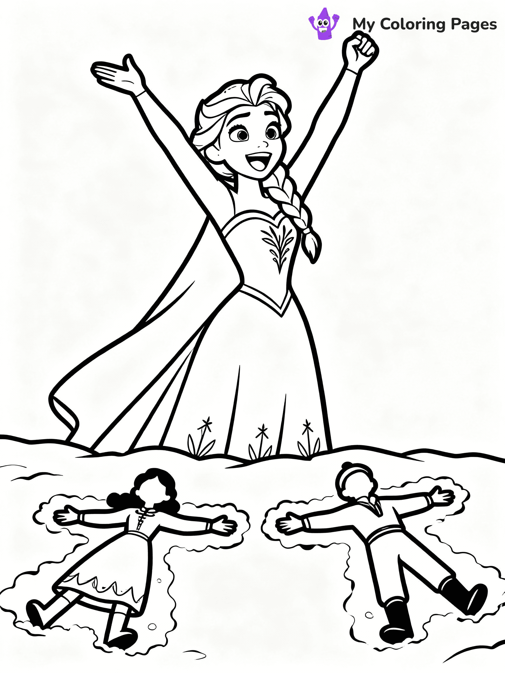 ⚠️ CRITICAL REQUIREMENT - ABSOLUTE BLACK AND WHITE ONLY ⚠️
This MUST be a BLACK AND WHITE line drawing ONLY. NO COLORS whatsoever.
- ONLY pure black lines (#000000) on pure white background (#FFFFFF)
- ABSOLUTELY NO colors, NO shading, NO gradients, NO grayscale
- If there are ANY colors in the output, the image is REJECTED
- This is a COLORING PAGE - meant to be COLORED IN by children
- The output must be UNCOLORED line art ready for coloring
⚠️ SUBJECT TO DRAW: Anna from Frozen cheering, snow angels in the foreground, joyful expression. Important: PURE OUTLINES. NO FILLS, COLOR, SHADING, OR GREYSCALE. WHITE BACKGROUND.
(REMEMBER: Output must be BLACK AND WHITE line art only, NOT colored!)
# Flat, Friendly Cartoon Line-Art Coloring Page
You are generating a **pure black-and-white binary image** of a child-friendly cartoon scene combining characters and background scenery in one cohesive composition.
## Rendering Rules (Strict)
- Only two colors: pure black (#000000) outlines and pure white (#FFFFFF) background.
- No grayscale, shading, gradients, tints, fills, transparency, or partial pixels.
- No antialiasing or blended edges; every pixel is 100% black or white.
- No solid black fills inside shapes — all areas inside outlines must remain white.
- No dark clothing areas or filled tone blocks; all garments outlined only.
- No shadows, textures, lighting, or tonal variations.
- Must look like flat binary vector line-art for coloring pages.
## Drawing & Composition
- **Medium, consistent line weight**; clean closed outlines easy to color inside.
- **Flat, simple, child-friendly design** — no realism or 3D depth.
- Characters are **grounded on a surface**, centered and large.
- **Balanced composition** with clear silhouettes and minimal props.
## Scenery & Style
- Landmarks (e.g., mosque, CN Tower) and scenery (trees, benches, waves) drawn with **black outlines only.**
- For real-world figures, teams, or places, show accurate details using only black outlines—no text or logos. Use distinctive uniform patterns, abstract symbols, and landmark silhouettes to convey identity.
- Keep **consistent perspective**; no floating elements.
- **Style:** whimsical **Doodle Art Alley** — rounded, friendly outlines.
- May adapt shapes from **Crayola, Disney, Peppa Pig, Cocomelon** — *by shape only, never color.*
- Final output: **flat, crisp, binary (#000000/#FFFFFF)**, **no filled color or background text.**
EXTREMELYE IMPORTANT:
- PURE BINARY LINE-ART; NO FILLS (HAIR/CLOTHES/SKIN), SHADING, OR GREY.
- NO SHADING, COLOR. MUST BE WHITE BACKGROUND.
⚠️ FINAL REMINDER: Draw the subject "Anna from Frozen cheering, snow angels in the foreground, joyful expression. Important: PURE OUTLINES. NO FILLS, COLOR, SHADING, OR GREYSCALE. WHITE BACKGROUND." as BLACK AND WHITE line art. Zero colors in output.