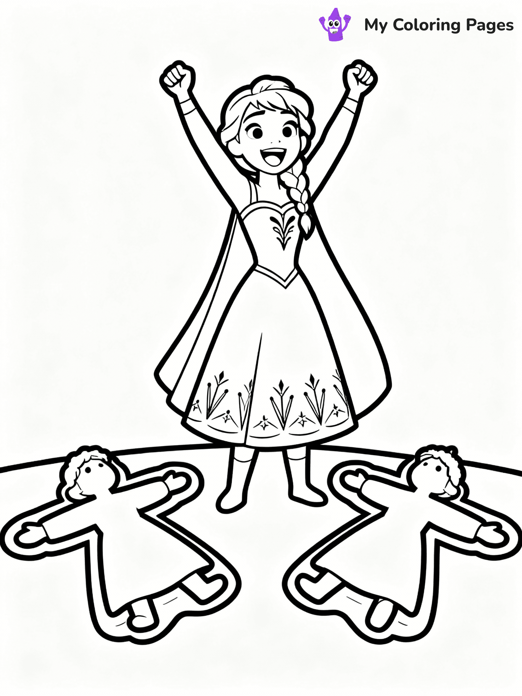 ⚠️ CRITICAL REQUIREMENT - ABSOLUTE BLACK AND WHITE ONLY ⚠️
This MUST be a BLACK AND WHITE line drawing ONLY. NO COLORS whatsoever.
- ONLY pure black lines (#000000) on pure white background (#FFFFFF)
- ABSOLUTELY NO colors, NO shading, NO gradients, NO grayscale
- If there are ANY colors in the output, the image is REJECTED
- This is a COLORING PAGE - meant to be COLORED IN by children
- The output must be UNCOLORED line art ready for coloring
⚠️ SUBJECT TO DRAW: Anna from Frozen cheering, snow angels in the foreground, joyful expression. Important: PURE OUTLINES. NO FILLS, COLOR, SHADING, OR GREYSCALE. WHITE BACKGROUND.
(REMEMBER: Output must be BLACK AND WHITE line art only, NOT colored!)
# Flat, Friendly Cartoon Line-Art Coloring Page
You are generating a **pure black-and-white binary image** of a child-friendly cartoon scene combining characters and background scenery in one cohesive composition.
## Rendering Rules (Strict)
- Only two colors: pure black (#000000) outlines and pure white (#FFFFFF) background.
- No grayscale, shading, gradients, tints, fills, transparency, or partial pixels.
- No antialiasing or blended edges; every pixel is 100% black or white.
- No solid black fills inside shapes — all areas inside outlines must remain white.
- No dark clothing areas or filled tone blocks; all garments outlined only.
- No shadows, textures, lighting, or tonal variations.
- Must look like flat binary vector line-art for coloring pages.
## Drawing & Composition
- **Medium, consistent line weight**; clean closed outlines easy to color inside.
- **Flat, simple, child-friendly design** — no realism or 3D depth.
- Characters are **grounded on a surface**, centered and large.
- **Balanced composition** with clear silhouettes and minimal props.
## Scenery & Style
- Landmarks (e.g., mosque, CN Tower) and scenery (trees, benches, waves) drawn with **black outlines only.**
- For real-world figures, teams, or places, show accurate details using only black outlines—no text or logos. Use distinctive uniform patterns, abstract symbols, and landmark silhouettes to convey identity.
- Keep **consistent perspective**; no floating elements.
- **Style:** whimsical **Doodle Art Alley** — rounded, friendly outlines.
- May adapt shapes from **Crayola, Disney, Peppa Pig, Cocomelon** — *by shape only, never color.*
- Final output: **flat, crisp, binary (#000000/#FFFFFF)**, **no filled color or background text.**
EXTREMELYE IMPORTANT:
- PURE BINARY LINE-ART; NO FILLS (HAIR/CLOTHES/SKIN), SHADING, OR GREY.
- NO SHADING, COLOR. MUST BE WHITE BACKGROUND.
⚠️ FINAL REMINDER: Draw the subject "Anna from Frozen cheering, snow angels in the foreground, joyful expression. Important: PURE OUTLINES. NO FILLS, COLOR, SHADING, OR GREYSCALE. WHITE BACKGROUND." as BLACK AND WHITE line art. Zero colors in output.