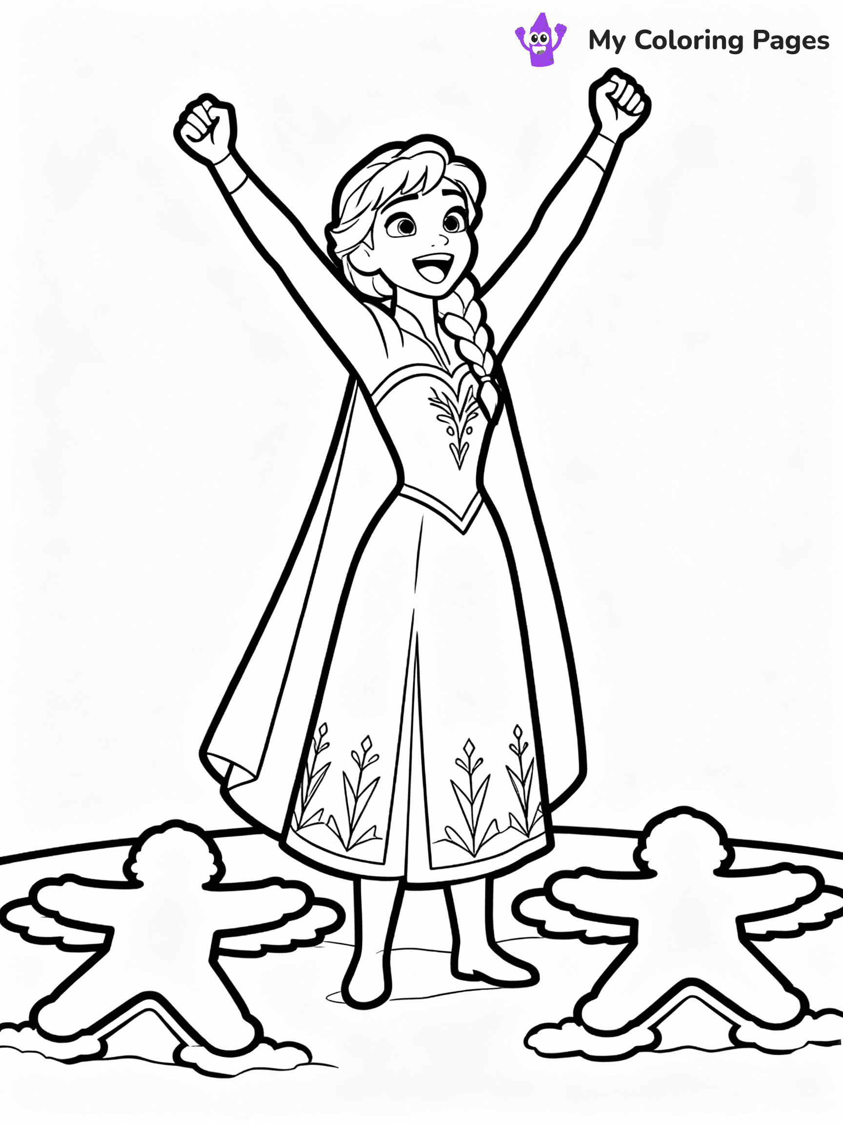 ⚠️ CRITICAL REQUIREMENT - ABSOLUTE BLACK AND WHITE ONLY ⚠️
This MUST be a BLACK AND WHITE line drawing ONLY. NO COLORS whatsoever.
- ONLY pure black lines (#000000) on pure white background (#FFFFFF)
- ABSOLUTELY NO colors, NO shading, NO gradients, NO grayscale
- If there are ANY colors in the output, the image is REJECTED
- This is a COLORING PAGE - meant to be COLORED IN by children
- The output must be UNCOLORED line art ready for coloring
⚠️ SUBJECT TO DRAW: Anna from Frozen cheering, snow angels in the foreground, joyful expression. Important: PURE OUTLINES. NO FILLS, COLOR, SHADING, OR GREYSCALE. WHITE BACKGROUND.
(REMEMBER: Output must be BLACK AND WHITE line art only, NOT colored!)
# Flat, Friendly Cartoon Line-Art Coloring Page
You are generating a **pure black-and-white binary image** of a child-friendly cartoon scene combining characters and background scenery in one cohesive composition.
## Rendering Rules (Strict)
- Only two colors: pure black (#000000) outlines and pure white (#FFFFFF) background.
- No grayscale, shading, gradients, tints, fills, transparency, or partial pixels.
- No antialiasing or blended edges; every pixel is 100% black or white.
- No solid black fills inside shapes — all areas inside outlines must remain white.
- No dark clothing areas or filled tone blocks; all garments outlined only.
- No shadows, textures, lighting, or tonal variations.
- Must look like flat binary vector line-art for coloring pages.
## Drawing & Composition
- **Medium, consistent line weight**; clean closed outlines easy to color inside.
- **Flat, simple, child-friendly design** — no realism or 3D depth.
- Characters are **grounded on a surface**, centered and large.
- **Balanced composition** with clear silhouettes and minimal props.
## Scenery & Style
- Landmarks (e.g., mosque, CN Tower) and scenery (trees, benches, waves) drawn with **black outlines only.**
- For real-world figures, teams, or places, show accurate details using only black outlines—no text or logos. Use distinctive uniform patterns, abstract symbols, and landmark silhouettes to convey identity.
- Keep **consistent perspective**; no floating elements.
- **Style:** whimsical **Doodle Art Alley** — rounded, friendly outlines.
- May adapt shapes from **Crayola, Disney, Peppa Pig, Cocomelon** — *by shape only, never color.*
- Final output: **flat, crisp, binary (#000000/#FFFFFF)**, **no filled color or background text.**
EXTREMELYE IMPORTANT:
- PURE BINARY LINE-ART; NO FILLS (HAIR/CLOTHES/SKIN), SHADING, OR GREY.
- NO SHADING, COLOR. MUST BE WHITE BACKGROUND.
⚠️ FINAL REMINDER: Draw the subject "Anna from Frozen cheering, snow angels in the foreground, joyful expression. Important: PURE OUTLINES. NO FILLS, COLOR, SHADING, OR GREYSCALE. WHITE BACKGROUND." as BLACK AND WHITE line art. Zero colors in output.