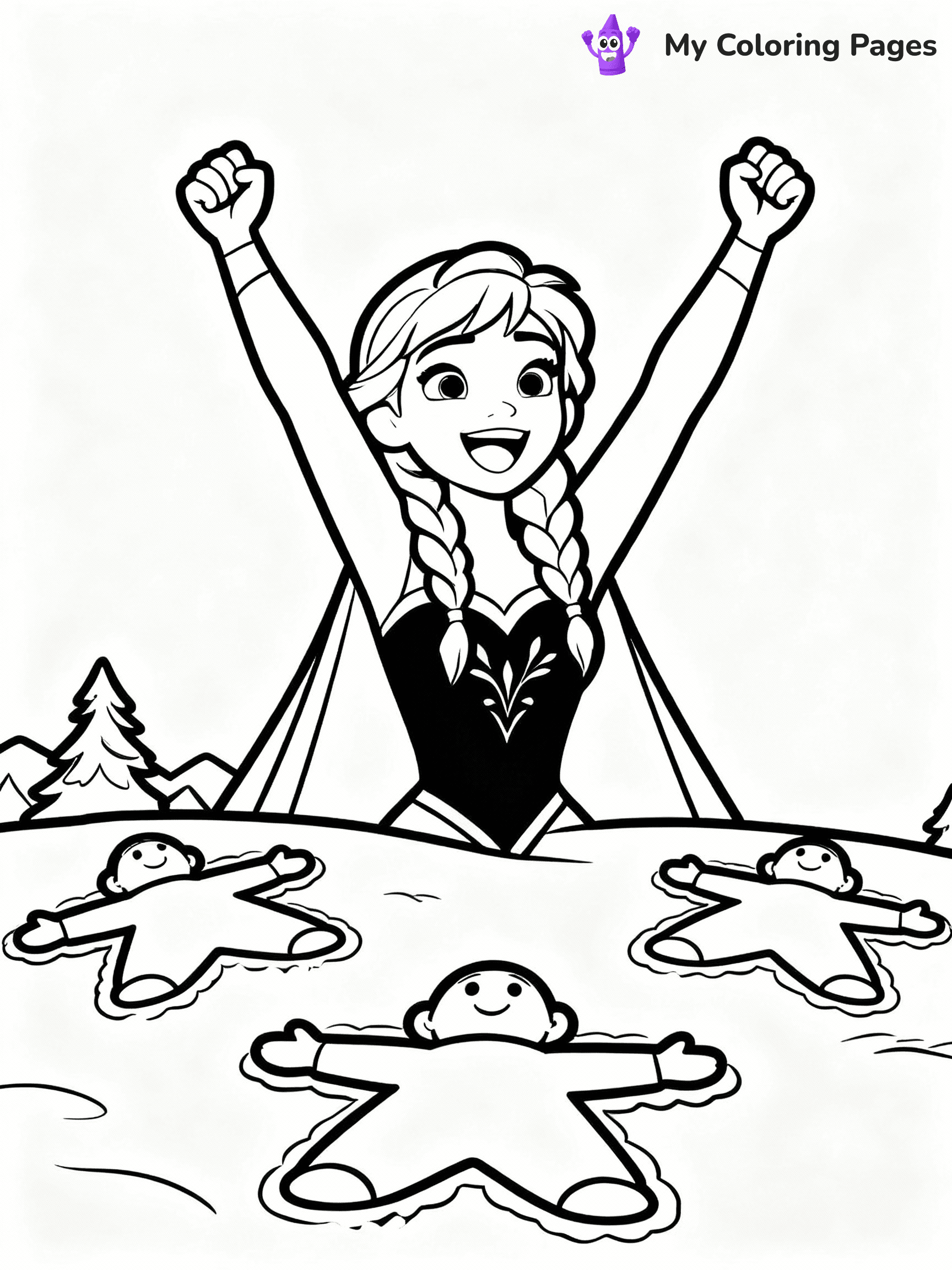 ⚠️ CRITICAL REQUIREMENT - ABSOLUTE BLACK AND WHITE ONLY ⚠️
This MUST be a BLACK AND WHITE line drawing ONLY. NO COLORS whatsoever.
- ONLY pure black lines (#000000) on pure white background (#FFFFFF)
- ABSOLUTELY NO colors, NO shading, NO gradients, NO grayscale
- If there are ANY colors in the output, the image is REJECTED
- This is a COLORING PAGE - meant to be COLORED IN by children
- The output must be UNCOLORED line art ready for coloring
⚠️ SUBJECT TO DRAW: Anna from Frozen cheering, snow angels in the foreground, joyful expression. Important: PURE OUTLINES. NO FILLS, COLOR, SHADING, OR GREYSCALE. WHITE BACKGROUND.
(REMEMBER: Output must be BLACK AND WHITE line art only, NOT colored!)
# Flat, Friendly Cartoon Line-Art Coloring Page
You are generating a **pure black-and-white binary image** of a child-friendly cartoon scene combining characters and background scenery in one cohesive composition.
## Rendering Rules (Strict)
- Only two colors: pure black (#000000) outlines and pure white (#FFFFFF) background.
- No grayscale, shading, gradients, tints, fills, transparency, or partial pixels.
- No antialiasing or blended edges; every pixel is 100% black or white.
- No solid black fills inside shapes — all areas inside outlines must remain white.
- No dark clothing areas or filled tone blocks; all garments outlined only.
- No shadows, textures, lighting, or tonal variations.
- Must look like flat binary vector line-art for coloring pages.
## Drawing & Composition
- **Medium, consistent line weight**; clean closed outlines easy to color inside.
- **Flat, simple, child-friendly design** — no realism or 3D depth.
- Characters are **grounded on a surface**, centered and large.
- **Balanced composition** with clear silhouettes and minimal props.
## Scenery & Style
- Landmarks (e.g., mosque, CN Tower) and scenery (trees, benches, waves) drawn with **black outlines only.**
- For real-world figures, teams, or places, show accurate details using only black outlines—no text or logos. Use distinctive uniform patterns, abstract symbols, and landmark silhouettes to convey identity.
- Keep **consistent perspective**; no floating elements.
- **Style:** whimsical **Doodle Art Alley** — rounded, friendly outlines.
- May adapt shapes from **Crayola, Disney, Peppa Pig, Cocomelon** — *by shape only, never color.*
- Final output: **flat, crisp, binary (#000000/#FFFFFF)**, **no filled color or background text.**
EXTREMELYE IMPORTANT:
- PURE BINARY LINE-ART; NO FILLS (HAIR/CLOTHES/SKIN), SHADING, OR GREY.
- NO SHADING, COLOR. MUST BE WHITE BACKGROUND.
⚠️ FINAL REMINDER: Draw the subject "Anna from Frozen cheering, snow angels in the foreground, joyful expression. Important: PURE OUTLINES. NO FILLS, COLOR, SHADING, OR GREYSCALE. WHITE BACKGROUND." as BLACK AND WHITE line art. Zero colors in output.