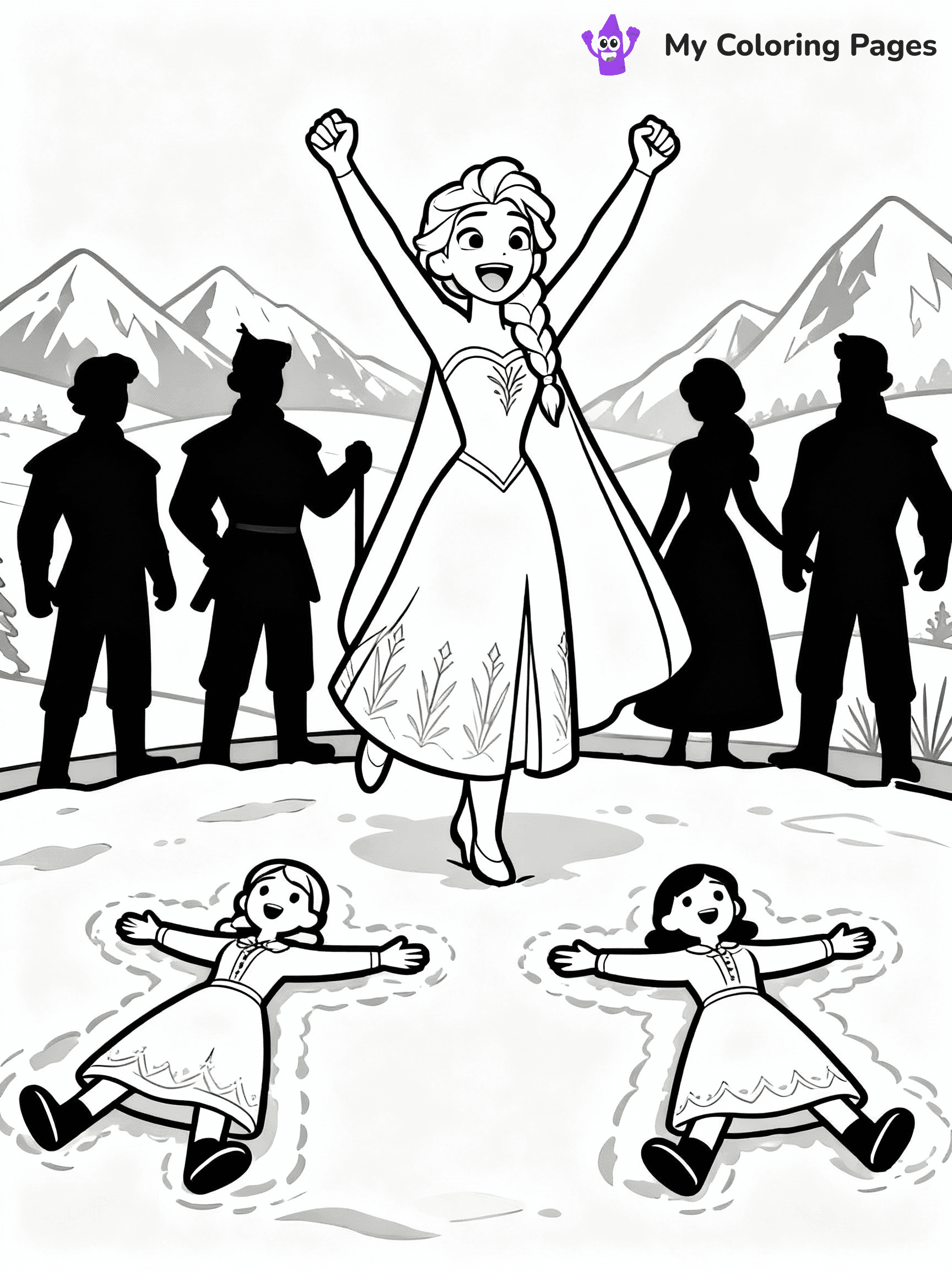 ⚠️ CRITICAL REQUIREMENT - ABSOLUTE BLACK AND WHITE ONLY ⚠️
This MUST be a BLACK AND WHITE line drawing ONLY. NO COLORS whatsoever.
- ONLY pure black lines (#000000) on pure white background (#FFFFFF)
- ABSOLUTELY NO colors, NO shading, NO gradients, NO grayscale
- If there are ANY colors in the output, the image is REJECTED
- This is a COLORING PAGE - meant to be COLORED IN by children
- The output must be UNCOLORED line art ready for coloring
⚠️ SUBJECT TO DRAW: Anna from Frozen cheering, snow angels in the foreground, joyful expression. Important: PURE OUTLINES. NO FILLS, COLOR, SHADING, OR GREYSCALE. WHITE BACKGROUND.
(REMEMBER: Output must be BLACK AND WHITE line art only, NOT colored!)
# Flat, Friendly Cartoon Line-Art Coloring Page
You are generating a **pure black-and-white binary image** of a child-friendly cartoon scene combining characters and background scenery in one cohesive composition.
## Rendering Rules (Strict)
- Only two colors: pure black (#000000) outlines and pure white (#FFFFFF) background.
- No grayscale, shading, gradients, tints, fills, transparency, or partial pixels.
- No antialiasing or blended edges; every pixel is 100% black or white.
- No solid black fills inside shapes — all areas inside outlines must remain white.
- No dark clothing areas or filled tone blocks; all garments outlined only.
- No shadows, textures, lighting, or tonal variations.
- Must look like flat binary vector line-art for coloring pages.
## Drawing & Composition
- **Medium, consistent line weight**; clean closed outlines easy to color inside.
- **Flat, simple, child-friendly design** — no realism or 3D depth.
- Characters are **grounded on a surface**, centered and large.
- **Balanced composition** with clear silhouettes and minimal props.
## Scenery & Style
- Landmarks (e.g., mosque, CN Tower) and scenery (trees, benches, waves) drawn with **black outlines only.**
- For real-world figures, teams, or places, show accurate details using only black outlines—no text or logos. Use distinctive uniform patterns, abstract symbols, and landmark silhouettes to convey identity.
- Keep **consistent perspective**; no floating elements.
- **Style:** whimsical **Doodle Art Alley** — rounded, friendly outlines.
- May adapt shapes from **Crayola, Disney, Peppa Pig, Cocomelon** — *by shape only, never color.*
- Final output: **flat, crisp, binary (#000000/#FFFFFF)**, **no filled color or background text.**
EXTREMELYE IMPORTANT:
- PURE BINARY LINE-ART; NO FILLS (HAIR/CLOTHES/SKIN), SHADING, OR GREY.
- NO SHADING, COLOR. MUST BE WHITE BACKGROUND.
⚠️ FINAL REMINDER: Draw the subject "Anna from Frozen cheering, snow angels in the foreground, joyful expression. Important: PURE OUTLINES. NO FILLS, COLOR, SHADING, OR GREYSCALE. WHITE BACKGROUND." as BLACK AND WHITE line art. Zero colors in output.