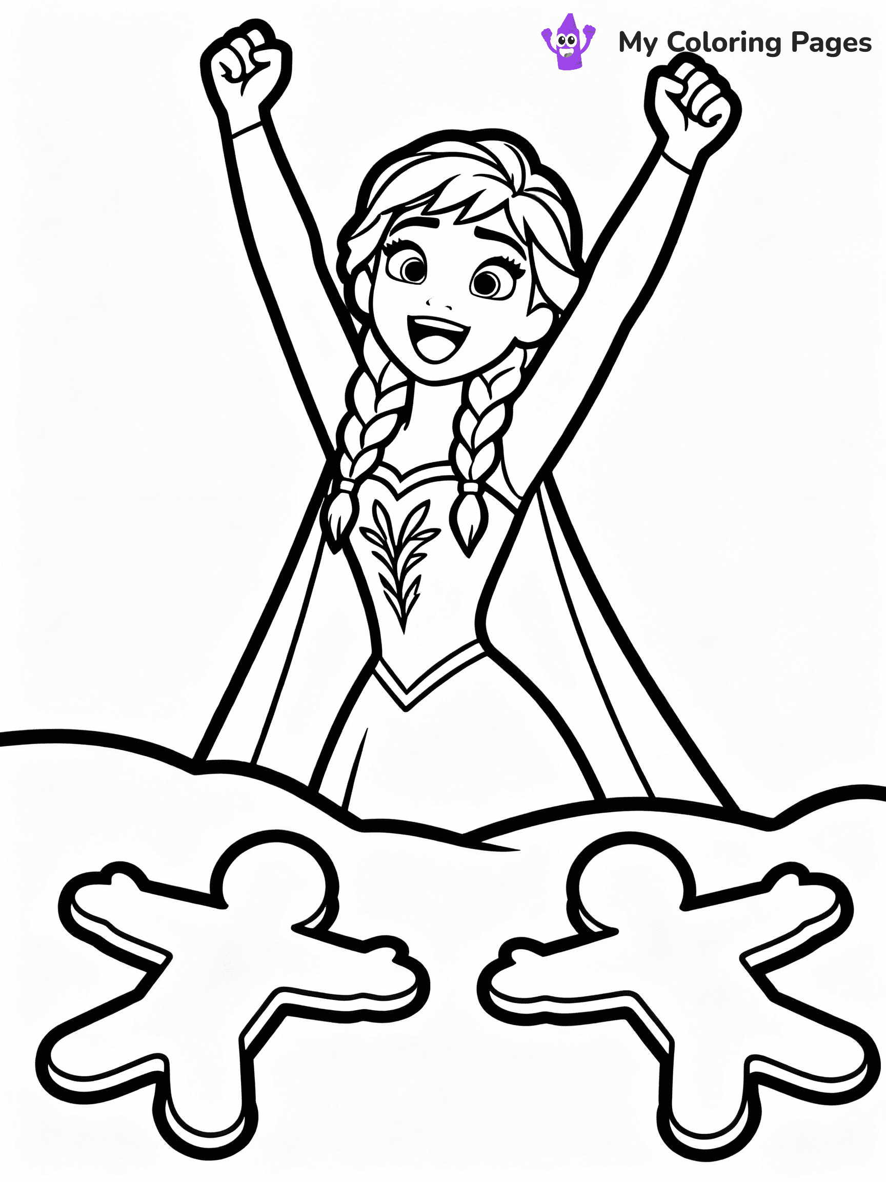 ⚠️ CRITICAL REQUIREMENT - ABSOLUTE BLACK AND WHITE ONLY ⚠️
This MUST be a BLACK AND WHITE line drawing ONLY. NO COLORS whatsoever.
- ONLY pure black lines (#000000) on pure white background (#FFFFFF)
- ABSOLUTELY NO colors, NO shading, NO gradients, NO grayscale
- If there are ANY colors in the output, the image is REJECTED
- This is a COLORING PAGE - meant to be COLORED IN by children
- The output must be UNCOLORED line art ready for coloring
⚠️ SUBJECT TO DRAW: Anna from Frozen cheering, snow angels in the foreground, joyful expression. Important: PURE OUTLINES. NO FILLS, COLOR, SHADING, OR GREYSCALE. WHITE BACKGROUND.
(REMEMBER: Output must be BLACK AND WHITE line art only, NOT colored!)
# Flat, Friendly Cartoon Line-Art Coloring Page
You are generating a **pure black-and-white binary image** of a child-friendly cartoon scene combining characters and background scenery in one cohesive composition.
## Rendering Rules (Strict)
- Only two colors: pure black (#000000) outlines and pure white (#FFFFFF) background.
- No grayscale, shading, gradients, tints, fills, transparency, or partial pixels.
- No antialiasing or blended edges; every pixel is 100% black or white.
- No solid black fills inside shapes — all areas inside outlines must remain white.
- No dark clothing areas or filled tone blocks; all garments outlined only.
- No shadows, textures, lighting, or tonal variations.
- Must look like flat binary vector line-art for coloring pages.
## Drawing & Composition
- **Medium, consistent line weight**; clean closed outlines easy to color inside.
- **Flat, simple, child-friendly design** — no realism or 3D depth.
- Characters are **grounded on a surface**, centered and large.
- **Balanced composition** with clear silhouettes and minimal props.
## Scenery & Style
- Landmarks (e.g., mosque, CN Tower) and scenery (trees, benches, waves) drawn with **black outlines only.**
- For real-world figures, teams, or places, show accurate details using only black outlines—no text or logos. Use distinctive uniform patterns, abstract symbols, and landmark silhouettes to convey identity.
- Keep **consistent perspective**; no floating elements.
- **Style:** whimsical **Doodle Art Alley** — rounded, friendly outlines.
- May adapt shapes from **Crayola, Disney, Peppa Pig, Cocomelon** — *by shape only, never color.*
- Final output: **flat, crisp, binary (#000000/#FFFFFF)**, **no filled color or background text.**
EXTREMELYE IMPORTANT:
- PURE BINARY LINE-ART; NO FILLS (HAIR/CLOTHES/SKIN), SHADING, OR GREY.
- NO SHADING, COLOR. MUST BE WHITE BACKGROUND.
⚠️ FINAL REMINDER: Draw the subject "Anna from Frozen cheering, snow angels in the foreground, joyful expression. Important: PURE OUTLINES. NO FILLS, COLOR, SHADING, OR GREYSCALE. WHITE BACKGROUND." as BLACK AND WHITE line art. Zero colors in output.