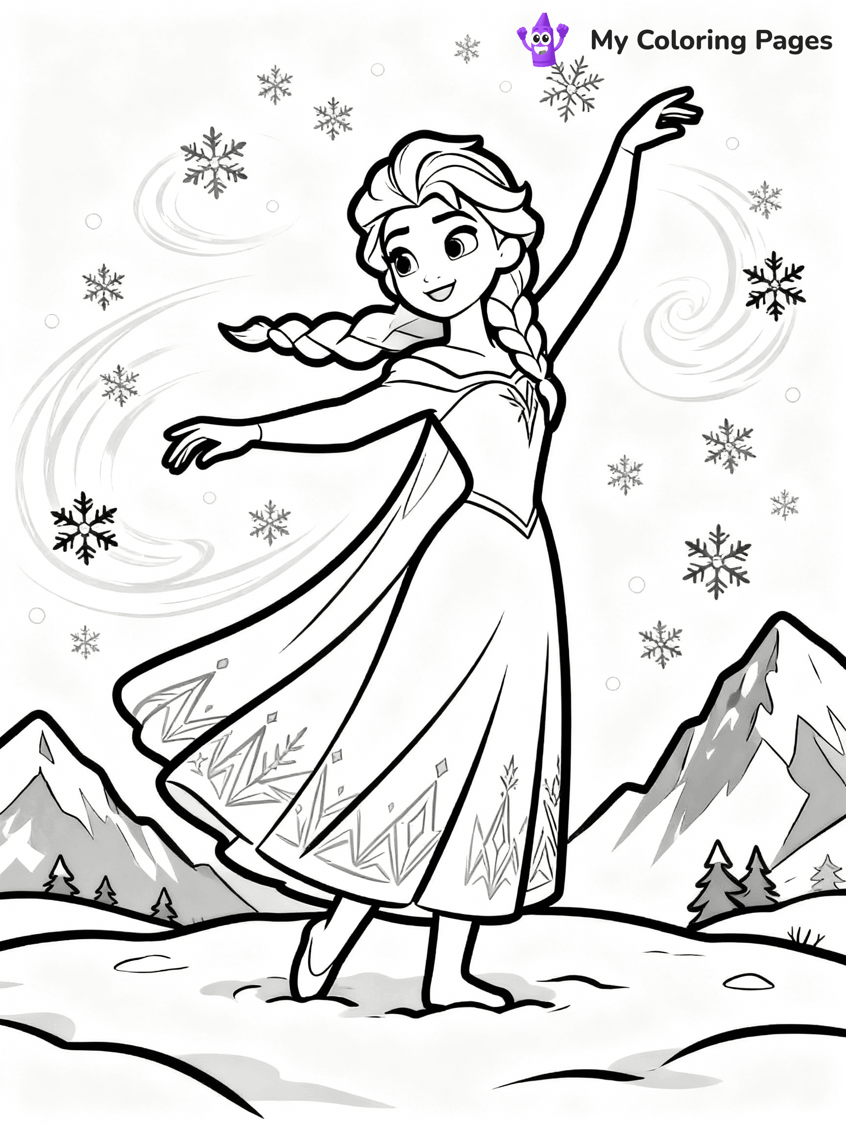 ⚠️ CRITICAL REQUIREMENT - ABSOLUTE BLACK AND WHITE ONLY ⚠️
This MUST be a BLACK AND WHITE line drawing ONLY. NO COLORS whatsoever.
- ONLY pure black lines (#000000) on pure white background (#FFFFFF)
- ABSOLUTELY NO colors, NO shading, NO gradients, NO grayscale
- If there are ANY colors in the output, the image is REJECTED
- This is a COLORING PAGE - meant to be COLORED IN by children
- The output must be UNCOLORED line art ready for coloring
⚠️ SUBJECT TO DRAW: Elsa from Frozen dancing in snowy mountains, snowflakes swirling around. Important: PURE OUTLINES. NO FILLS, COLOR, SHADING, OR GREYSCALE. WHITE BACKGROUND.
(REMEMBER: Output must be BLACK AND WHITE line art only, NOT colored!)
# Flat, Friendly Cartoon Line-Art Coloring Page
You are generating a **pure black-and-white binary image** of a child-friendly cartoon scene combining characters and background scenery in one cohesive composition.
## Rendering Rules (Strict)
- Only two colors: pure black (#000000) outlines and pure white (#FFFFFF) background.
- No grayscale, shading, gradients, tints, fills, transparency, or partial pixels.
- No antialiasing or blended edges; every pixel is 100% black or white.
- No solid black fills inside shapes — all areas inside outlines must remain white.
- No dark clothing areas or filled tone blocks; all garments outlined only.
- No shadows, textures, lighting, or tonal variations.
- Must look like flat binary vector line-art for coloring pages.
## Drawing & Composition
- **Medium, consistent line weight**; clean closed outlines easy to color inside.
- **Flat, simple, child-friendly design** — no realism or 3D depth.
- Characters are **grounded on a surface**, centered and large.
- **Balanced composition** with clear silhouettes and minimal props.
## Scenery & Style
- Landmarks (e.g., mosque, CN Tower) and scenery (trees, benches, waves) drawn with **black outlines only.**
- For real-world figures, teams, or places, show accurate details using only black outlines—no text or logos. Use distinctive uniform patterns, abstract symbols, and landmark silhouettes to convey identity.
- Keep **consistent perspective**; no floating elements.
- **Style:** whimsical **Doodle Art Alley** — rounded, friendly outlines.
- May adapt shapes from **Crayola, Disney, Peppa Pig, Cocomelon** — *by shape only, never color.*
- Final output: **flat, crisp, binary (#000000/#FFFFFF)**, **no filled color or background text.**
EXTREMELYE IMPORTANT:
- PURE BINARY LINE-ART; NO FILLS (HAIR/CLOTHES/SKIN), SHADING, OR GREY.
- NO SHADING, COLOR. MUST BE WHITE BACKGROUND.
⚠️ FINAL REMINDER: Draw the subject "Elsa from Frozen dancing in snowy mountains, snowflakes swirling around. Important: PURE OUTLINES. NO FILLS, COLOR, SHADING, OR GREYSCALE. WHITE BACKGROUND." as BLACK AND WHITE line art. Zero colors in output.