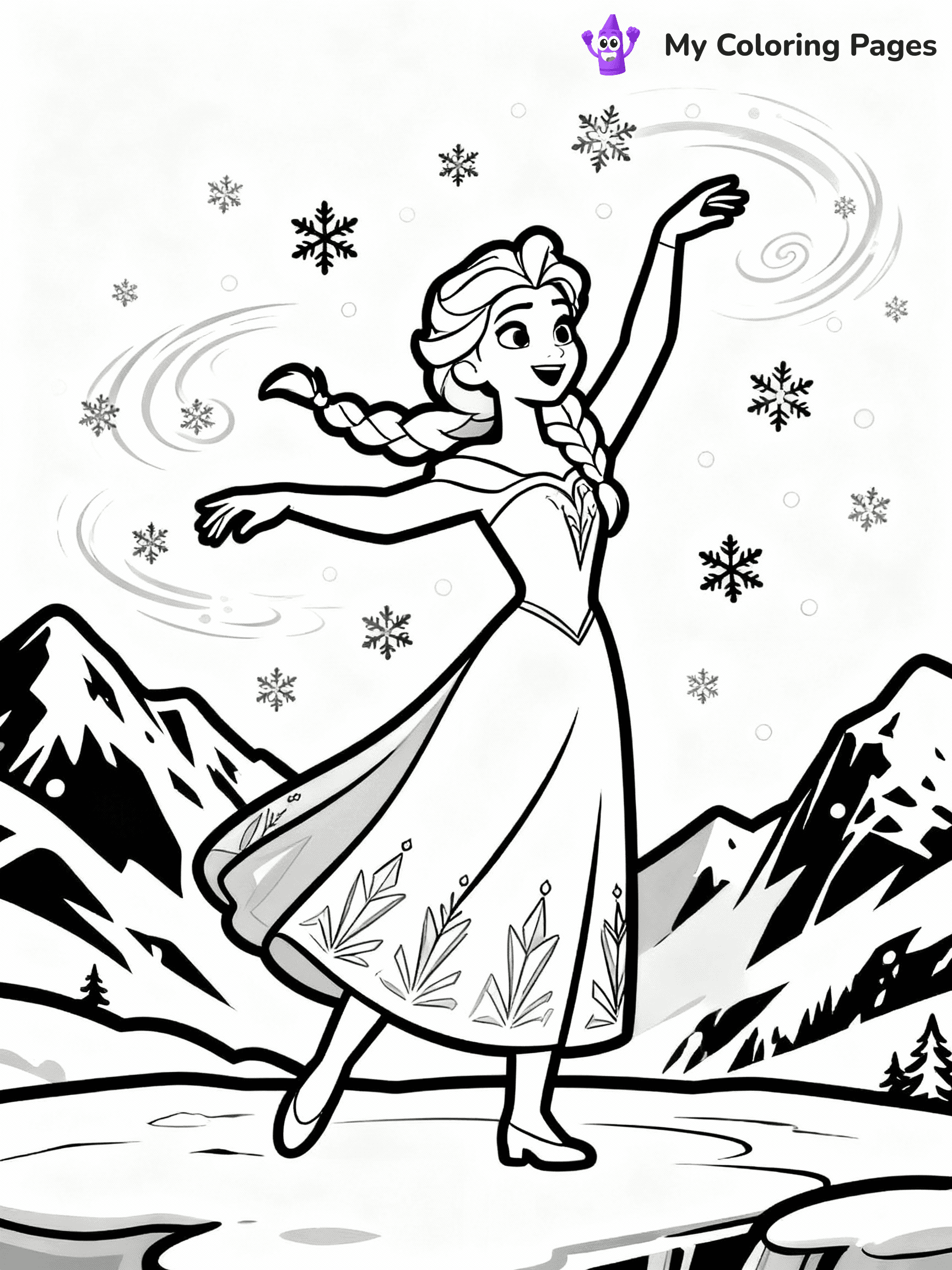 ⚠️ CRITICAL REQUIREMENT - ABSOLUTE BLACK AND WHITE ONLY ⚠️
This MUST be a BLACK AND WHITE line drawing ONLY. NO COLORS whatsoever.
- ONLY pure black lines (#000000) on pure white background (#FFFFFF)
- ABSOLUTELY NO colors, NO shading, NO gradients, NO grayscale
- If there are ANY colors in the output, the image is REJECTED
- This is a COLORING PAGE - meant to be COLORED IN by children
- The output must be UNCOLORED line art ready for coloring
⚠️ SUBJECT TO DRAW: Elsa from Frozen dancing in snowy mountains, snowflakes swirling around. Important: PURE OUTLINES. NO FILLS, COLOR, SHADING, OR GREYSCALE. WHITE BACKGROUND.
(REMEMBER: Output must be BLACK AND WHITE line art only, NOT colored!)
# Flat, Friendly Cartoon Line-Art Coloring Page
You are generating a **pure black-and-white binary image** of a child-friendly cartoon scene combining characters and background scenery in one cohesive composition.
## Rendering Rules (Strict)
- Only two colors: pure black (#000000) outlines and pure white (#FFFFFF) background.
- No grayscale, shading, gradients, tints, fills, transparency, or partial pixels.
- No antialiasing or blended edges; every pixel is 100% black or white.
- No solid black fills inside shapes — all areas inside outlines must remain white.
- No dark clothing areas or filled tone blocks; all garments outlined only.
- No shadows, textures, lighting, or tonal variations.
- Must look like flat binary vector line-art for coloring pages.
## Drawing & Composition
- **Medium, consistent line weight**; clean closed outlines easy to color inside.
- **Flat, simple, child-friendly design** — no realism or 3D depth.
- Characters are **grounded on a surface**, centered and large.
- **Balanced composition** with clear silhouettes and minimal props.
## Scenery & Style
- Landmarks (e.g., mosque, CN Tower) and scenery (trees, benches, waves) drawn with **black outlines only.**
- For real-world figures, teams, or places, show accurate details using only black outlines—no text or logos. Use distinctive uniform patterns, abstract symbols, and landmark silhouettes to convey identity.
- Keep **consistent perspective**; no floating elements.
- **Style:** whimsical **Doodle Art Alley** — rounded, friendly outlines.
- May adapt shapes from **Crayola, Disney, Peppa Pig, Cocomelon** — *by shape only, never color.*
- Final output: **flat, crisp, binary (#000000/#FFFFFF)**, **no filled color or background text.**
EXTREMELYE IMPORTANT:
- PURE BINARY LINE-ART; NO FILLS (HAIR/CLOTHES/SKIN), SHADING, OR GREY.
- NO SHADING, COLOR. MUST BE WHITE BACKGROUND.
⚠️ FINAL REMINDER: Draw the subject "Elsa from Frozen dancing in snowy mountains, snowflakes swirling around. Important: PURE OUTLINES. NO FILLS, COLOR, SHADING, OR GREYSCALE. WHITE BACKGROUND." as BLACK AND WHITE line art. Zero colors in output.