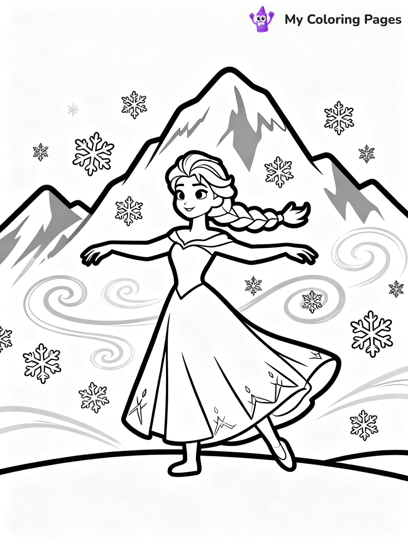 ⚠️ CRITICAL REQUIREMENT - ABSOLUTE BLACK AND WHITE ONLY ⚠️
This MUST be a BLACK AND WHITE line drawing ONLY. NO COLORS whatsoever.
- ONLY pure black lines (#000000) on pure white background (#FFFFFF)
- ABSOLUTELY NO colors, NO shading, NO gradients, NO grayscale
- If there are ANY colors in the output, the image is REJECTED
- This is a COLORING PAGE - meant to be COLORED IN by children
- The output must be UNCOLORED line art ready for coloring
⚠️ SUBJECT TO DRAW: Elsa from Frozen dancing in snowy mountains, snowflakes swirling around. Important: PURE OUTLINES. NO FILLS, COLOR, SHADING, OR GREYSCALE. WHITE BACKGROUND.
(REMEMBER: Output must be BLACK AND WHITE line art only, NOT colored!)
# Flat, Friendly Cartoon Line-Art Coloring Page
You are generating a **pure black-and-white binary image** of a child-friendly cartoon scene combining characters and background scenery in one cohesive composition.
## Rendering Rules (Strict)
- Only two colors: pure black (#000000) outlines and pure white (#FFFFFF) background.
- No grayscale, shading, gradients, tints, fills, transparency, or partial pixels.
- No antialiasing or blended edges; every pixel is 100% black or white.
- No solid black fills inside shapes — all areas inside outlines must remain white.
- No dark clothing areas or filled tone blocks; all garments outlined only.
- No shadows, textures, lighting, or tonal variations.
- Must look like flat binary vector line-art for coloring pages.
## Drawing & Composition
- **Medium, consistent line weight**; clean closed outlines easy to color inside.
- **Flat, simple, child-friendly design** — no realism or 3D depth.
- Characters are **grounded on a surface**, centered and large.
- **Balanced composition** with clear silhouettes and minimal props.
## Scenery & Style
- Landmarks (e.g., mosque, CN Tower) and scenery (trees, benches, waves) drawn with **black outlines only.**
- For real-world figures, teams, or places, show accurate details using only black outlines—no text or logos. Use distinctive uniform patterns, abstract symbols, and landmark silhouettes to convey identity.
- Keep **consistent perspective**; no floating elements.
- **Style:** whimsical **Doodle Art Alley** — rounded, friendly outlines.
- May adapt shapes from **Crayola, Disney, Peppa Pig, Cocomelon** — *by shape only, never color.*
- Final output: **flat, crisp, binary (#000000/#FFFFFF)**, **no filled color or background text.**
EXTREMELYE IMPORTANT:
- PURE BINARY LINE-ART; NO FILLS (HAIR/CLOTHES/SKIN), SHADING, OR GREY.
- NO SHADING, COLOR. MUST BE WHITE BACKGROUND.
⚠️ FINAL REMINDER: Draw the subject "Elsa from Frozen dancing in snowy mountains, snowflakes swirling around. Important: PURE OUTLINES. NO FILLS, COLOR, SHADING, OR GREYSCALE. WHITE BACKGROUND." as BLACK AND WHITE line art. Zero colors in output.