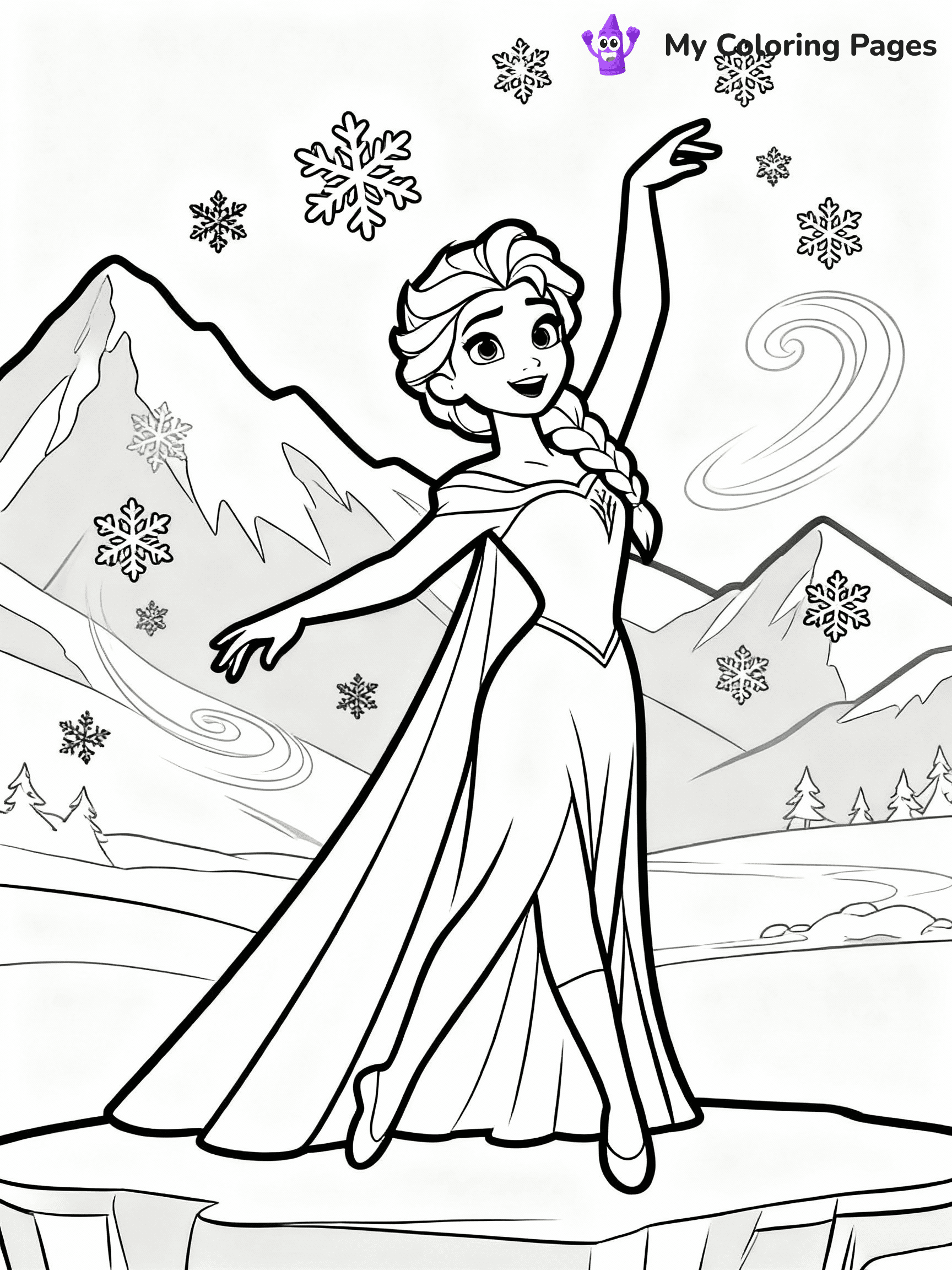 ⚠️ CRITICAL REQUIREMENT - ABSOLUTE BLACK AND WHITE ONLY ⚠️
This MUST be a BLACK AND WHITE line drawing ONLY. NO COLORS whatsoever.
- ONLY pure black lines (#000000) on pure white background (#FFFFFF)
- ABSOLUTELY NO colors, NO shading, NO gradients, NO grayscale
- If there are ANY colors in the output, the image is REJECTED
- This is a COLORING PAGE - meant to be COLORED IN by children
- The output must be UNCOLORED line art ready for coloring
⚠️ SUBJECT TO DRAW: Elsa from Frozen dancing in snowy mountains, snowflakes swirling around. Important: PURE OUTLINES. NO FILLS, COLOR, SHADING, OR GREYSCALE. WHITE BACKGROUND.
(REMEMBER: Output must be BLACK AND WHITE line art only, NOT colored!)
# Flat, Friendly Cartoon Line-Art Coloring Page
You are generating a **pure black-and-white binary image** of a child-friendly cartoon scene combining characters and background scenery in one cohesive composition.
## Rendering Rules (Strict)
- Only two colors: pure black (#000000) outlines and pure white (#FFFFFF) background.
- No grayscale, shading, gradients, tints, fills, transparency, or partial pixels.
- No antialiasing or blended edges; every pixel is 100% black or white.
- No solid black fills inside shapes — all areas inside outlines must remain white.
- No dark clothing areas or filled tone blocks; all garments outlined only.
- No shadows, textures, lighting, or tonal variations.
- Must look like flat binary vector line-art for coloring pages.
## Drawing & Composition
- **Medium, consistent line weight**; clean closed outlines easy to color inside.
- **Flat, simple, child-friendly design** — no realism or 3D depth.
- Characters are **grounded on a surface**, centered and large.
- **Balanced composition** with clear silhouettes and minimal props.
## Scenery & Style
- Landmarks (e.g., mosque, CN Tower) and scenery (trees, benches, waves) drawn with **black outlines only.**
- For real-world figures, teams, or places, show accurate details using only black outlines—no text or logos. Use distinctive uniform patterns, abstract symbols, and landmark silhouettes to convey identity.
- Keep **consistent perspective**; no floating elements.
- **Style:** whimsical **Doodle Art Alley** — rounded, friendly outlines.
- May adapt shapes from **Crayola, Disney, Peppa Pig, Cocomelon** — *by shape only, never color.*
- Final output: **flat, crisp, binary (#000000/#FFFFFF)**, **no filled color or background text.**
EXTREMELYE IMPORTANT:
- PURE BINARY LINE-ART; NO FILLS (HAIR/CLOTHES/SKIN), SHADING, OR GREY.
- NO SHADING, COLOR. MUST BE WHITE BACKGROUND.
⚠️ FINAL REMINDER: Draw the subject "Elsa from Frozen dancing in snowy mountains, snowflakes swirling around. Important: PURE OUTLINES. NO FILLS, COLOR, SHADING, OR GREYSCALE. WHITE BACKGROUND." as BLACK AND WHITE line art. Zero colors in output.