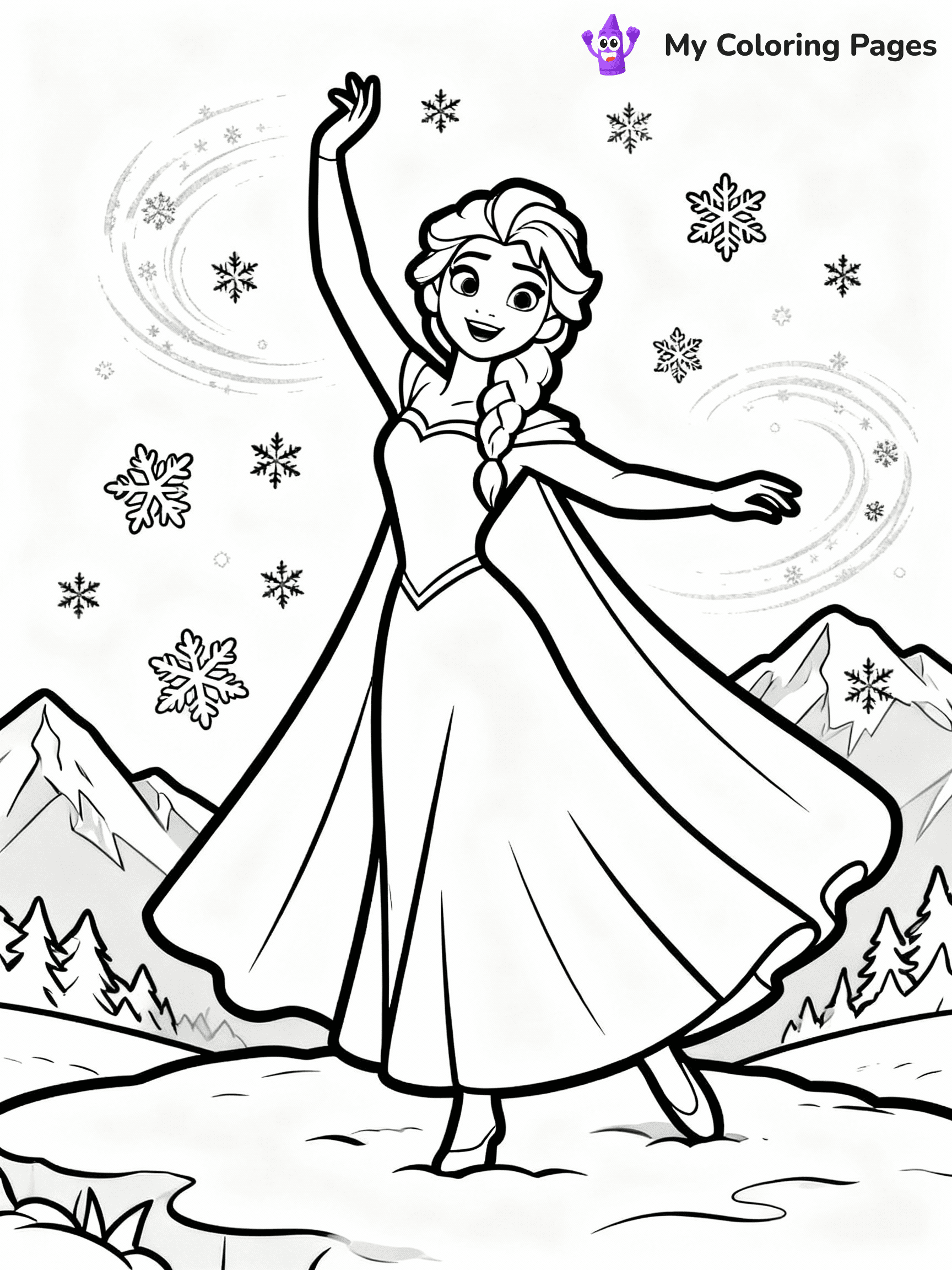 ⚠️ CRITICAL REQUIREMENT - ABSOLUTE BLACK AND WHITE ONLY ⚠️
This MUST be a BLACK AND WHITE line drawing ONLY. NO COLORS whatsoever.
- ONLY pure black lines (#000000) on pure white background (#FFFFFF)
- ABSOLUTELY NO colors, NO shading, NO gradients, NO grayscale
- If there are ANY colors in the output, the image is REJECTED
- This is a COLORING PAGE - meant to be COLORED IN by children
- The output must be UNCOLORED line art ready for coloring
⚠️ SUBJECT TO DRAW: Elsa from Frozen dancing in snowy mountains, snowflakes swirling around. Important: PURE OUTLINES. NO FILLS, COLOR, SHADING, OR GREYSCALE. WHITE BACKGROUND.
(REMEMBER: Output must be BLACK AND WHITE line art only, NOT colored!)
# Flat, Friendly Cartoon Line-Art Coloring Page
You are generating a **pure black-and-white binary image** of a child-friendly cartoon scene combining characters and background scenery in one cohesive composition.
## Rendering Rules (Strict)
- Only two colors: pure black (#000000) outlines and pure white (#FFFFFF) background.
- No grayscale, shading, gradients, tints, fills, transparency, or partial pixels.
- No antialiasing or blended edges; every pixel is 100% black or white.
- No solid black fills inside shapes — all areas inside outlines must remain white.
- No dark clothing areas or filled tone blocks; all garments outlined only.
- No shadows, textures, lighting, or tonal variations.
- Must look like flat binary vector line-art for coloring pages.
## Drawing & Composition
- **Medium, consistent line weight**; clean closed outlines easy to color inside.
- **Flat, simple, child-friendly design** — no realism or 3D depth.
- Characters are **grounded on a surface**, centered and large.
- **Balanced composition** with clear silhouettes and minimal props.
## Scenery & Style
- Landmarks (e.g., mosque, CN Tower) and scenery (trees, benches, waves) drawn with **black outlines only.**
- For real-world figures, teams, or places, show accurate details using only black outlines—no text or logos. Use distinctive uniform patterns, abstract symbols, and landmark silhouettes to convey identity.
- Keep **consistent perspective**; no floating elements.
- **Style:** whimsical **Doodle Art Alley** — rounded, friendly outlines.
- May adapt shapes from **Crayola, Disney, Peppa Pig, Cocomelon** — *by shape only, never color.*
- Final output: **flat, crisp, binary (#000000/#FFFFFF)**, **no filled color or background text.**
EXTREMELYE IMPORTANT:
- PURE BINARY LINE-ART; NO FILLS (HAIR/CLOTHES/SKIN), SHADING, OR GREY.
- NO SHADING, COLOR. MUST BE WHITE BACKGROUND.
⚠️ FINAL REMINDER: Draw the subject "Elsa from Frozen dancing in snowy mountains, snowflakes swirling around. Important: PURE OUTLINES. NO FILLS, COLOR, SHADING, OR GREYSCALE. WHITE BACKGROUND." as BLACK AND WHITE line art. Zero colors in output.