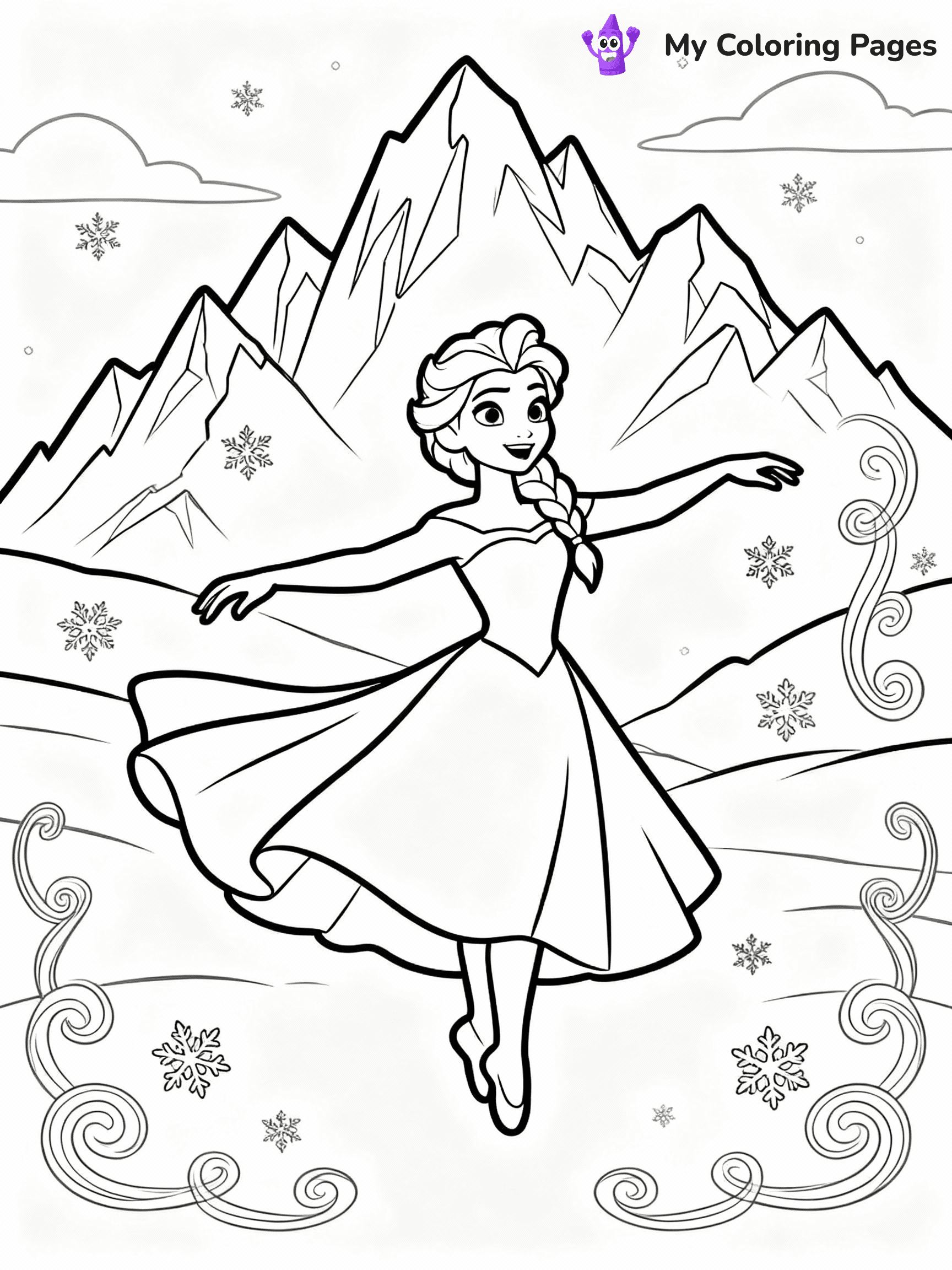 ⚠️ CRITICAL REQUIREMENT - ABSOLUTE BLACK AND WHITE ONLY ⚠️
This MUST be a BLACK AND WHITE line drawing ONLY. NO COLORS whatsoever.
- ONLY pure black lines (#000000) on pure white background (#FFFFFF)
- ABSOLUTELY NO colors, NO shading, NO gradients, NO grayscale
- If there are ANY colors in the output, the image is REJECTED
- This is a COLORING PAGE - meant to be COLORED IN by children
- The output must be UNCOLORED line art ready for coloring
⚠️ SUBJECT TO DRAW: Elsa from Frozen dancing in snowy mountains, snowflakes swirling around. Important: PURE OUTLINES. NO FILLS, COLOR, SHADING, OR GREYSCALE. WHITE BACKGROUND.
(REMEMBER: Output must be BLACK AND WHITE line art only, NOT colored!)
# Flat, Friendly Cartoon Line-Art Coloring Page
You are generating a **pure black-and-white binary image** of a child-friendly cartoon scene combining characters and background scenery in one cohesive composition.
## Rendering Rules (Strict)
- Only two colors: pure black (#000000) outlines and pure white (#FFFFFF) background.
- No grayscale, shading, gradients, tints, fills, transparency, or partial pixels.
- No antialiasing or blended edges; every pixel is 100% black or white.
- No solid black fills inside shapes — all areas inside outlines must remain white.
- No dark clothing areas or filled tone blocks; all garments outlined only.
- No shadows, textures, lighting, or tonal variations.
- Must look like flat binary vector line-art for coloring pages.
## Drawing & Composition
- **Medium, consistent line weight**; clean closed outlines easy to color inside.
- **Flat, simple, child-friendly design** — no realism or 3D depth.
- Characters are **grounded on a surface**, centered and large.
- **Balanced composition** with clear silhouettes and minimal props.
## Scenery & Style
- Landmarks (e.g., mosque, CN Tower) and scenery (trees, benches, waves) drawn with **black outlines only.**
- For real-world figures, teams, or places, show accurate details using only black outlines—no text or logos. Use distinctive uniform patterns, abstract symbols, and landmark silhouettes to convey identity.
- Keep **consistent perspective**; no floating elements.
- **Style:** whimsical **Doodle Art Alley** — rounded, friendly outlines.
- May adapt shapes from **Crayola, Disney, Peppa Pig, Cocomelon** — *by shape only, never color.*
- Final output: **flat, crisp, binary (#000000/#FFFFFF)**, **no filled color or background text.**
EXTREMELYE IMPORTANT:
- PURE BINARY LINE-ART; NO FILLS (HAIR/CLOTHES/SKIN), SHADING, OR GREY.
- NO SHADING, COLOR. MUST BE WHITE BACKGROUND.
⚠️ FINAL REMINDER: Draw the subject "Elsa from Frozen dancing in snowy mountains, snowflakes swirling around. Important: PURE OUTLINES. NO FILLS, COLOR, SHADING, OR GREYSCALE. WHITE BACKGROUND." as BLACK AND WHITE line art. Zero colors in output.