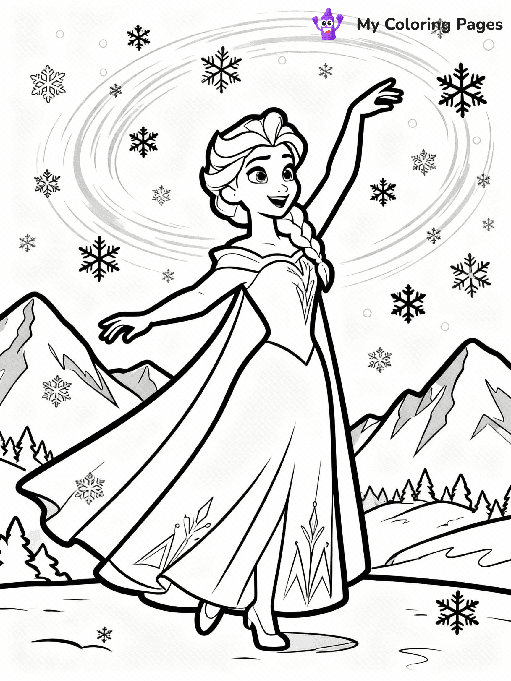 ⚠️ CRITICAL REQUIREMENT - ABSOLUTE BLACK AND WHITE ONLY ⚠️
This MUST be a BLACK AND WHITE line drawing ONLY. NO COLORS whatsoever.
- ONLY pure black lines (#000000) on pure white background (#FFFFFF)
- ABSOLUTELY NO colors, NO shading, NO gradients, NO grayscale
- If there are ANY colors in the output, the image is REJECTED
- This is a COLORING PAGE - meant to be COLORED IN by children
- The output must be UNCOLORED line art ready for coloring
⚠️ SUBJECT TO DRAW: Elsa from Frozen dancing in snowy mountains, snowflakes swirling around. Important: PURE OUTLINES. NO FILLS, COLOR, SHADING, OR GREYSCALE. WHITE BACKGROUND.
(REMEMBER: Output must be BLACK AND WHITE line art only, NOT colored!)
# Flat, Friendly Cartoon Line-Art Coloring Page
You are generating a **pure black-and-white binary image** of a child-friendly cartoon scene combining characters and background scenery in one cohesive composition.
## Rendering Rules (Strict)
- Only two colors: pure black (#000000) outlines and pure white (#FFFFFF) background.
- No grayscale, shading, gradients, tints, fills, transparency, or partial pixels.
- No antialiasing or blended edges; every pixel is 100% black or white.
- No solid black fills inside shapes — all areas inside outlines must remain white.
- No dark clothing areas or filled tone blocks; all garments outlined only.
- No shadows, textures, lighting, or tonal variations.
- Must look like flat binary vector line-art for coloring pages.
## Drawing & Composition
- **Medium, consistent line weight**; clean closed outlines easy to color inside.
- **Flat, simple, child-friendly design** — no realism or 3D depth.
- Characters are **grounded on a surface**, centered and large.
- **Balanced composition** with clear silhouettes and minimal props.
## Scenery & Style
- Landmarks (e.g., mosque, CN Tower) and scenery (trees, benches, waves) drawn with **black outlines only.**
- For real-world figures, teams, or places, show accurate details using only black outlines—no text or logos. Use distinctive uniform patterns, abstract symbols, and landmark silhouettes to convey identity.
- Keep **consistent perspective**; no floating elements.
- **Style:** whimsical **Doodle Art Alley** — rounded, friendly outlines.
- May adapt shapes from **Crayola, Disney, Peppa Pig, Cocomelon** — *by shape only, never color.*
- Final output: **flat, crisp, binary (#000000/#FFFFFF)**, **no filled color or background text.**
EXTREMELYE IMPORTANT:
- PURE BINARY LINE-ART; NO FILLS (HAIR/CLOTHES/SKIN), SHADING, OR GREY.
- NO SHADING, COLOR. MUST BE WHITE BACKGROUND.
⚠️ FINAL REMINDER: Draw the subject "Elsa from Frozen dancing in snowy mountains, snowflakes swirling around. Important: PURE OUTLINES. NO FILLS, COLOR, SHADING, OR GREYSCALE. WHITE BACKGROUND." as BLACK AND WHITE line art. Zero colors in output.