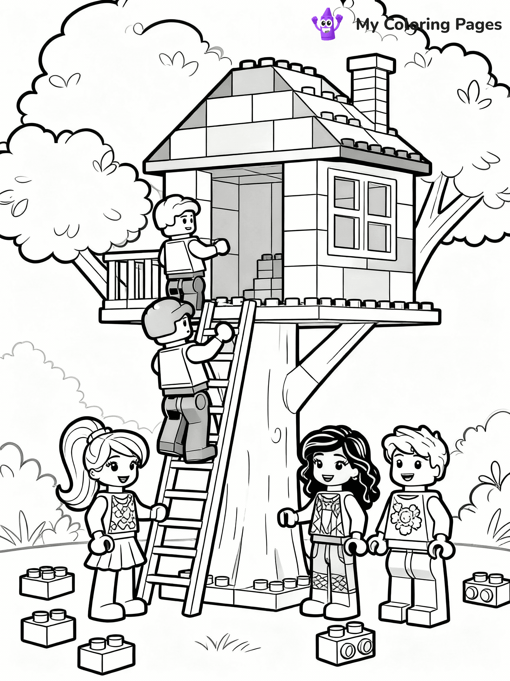 ⚠️ CRITICAL REQUIREMENT - ABSOLUTE BLACK AND WHITE ONLY ⚠️
This MUST be a BLACK AND WHITE line drawing ONLY. NO COLORS whatsoever.
- ONLY pure black lines (#000000) on pure white background (#FFFFFF)
- ABSOLUTELY NO colors, NO shading, NO gradients, NO grayscale
- If there are ANY colors in the output, the image is REJECTED
- This is a COLORING PAGE - meant to be COLORED IN by children
- The output must be UNCOLORED line art ready for coloring
⚠️ SUBJECT TO DRAW: Lego Friends characters in blocky Lego style, building a treehouse, bricks scattered around
(REMEMBER: Output must be BLACK AND WHITE line art only, NOT colored!)
# COLORING PAGE: BLACK OUTLINES ONLY - WHITE BACKGROUND MANDATORY
Create a **coloring book page** using EXACTLY two values: black lines, white space.
## NON-NEGOTIABLE BINARY RULES
- **ONLY #000000 (black) and #FFFFFF (white)** - NO other values exist
- **EVERY PIXEL = BLACK OR WHITE** - no gray/shading/antialiasing
- **WHITE BACKGROUND MANDATORY** - entire canvas stays white
- **ALL SHAPES HOLLOW** - everything is empty outlines waiting to be colored
- **FORBIDDEN:** fills, shading, gradients, patterns, textures, colors
- **NO SOLID REGIONS** - if it's not a thin line, it's wrong
## Universal Line Standards
- Black outlines ONLY - thin, uniform weight
- Every shape completely empty inside
- Closed contours suitable for coloring
- Simple flat illustration - zero depth/3D/realism
- **Style:** Whimsical Doodle Art Alley - rounded, friendly outlines (unless specified)
## Everything = Outline Only
- Characters/animals: hollow shapes
- Objects/clothing: empty contours
- Backgrounds/scenery: line work only
- Natural elements: outlined forms
- Dark/night areas: don't exist (use outlined symbols)
- Textures/patterns: convert to simple lines
## The Test
Can a child color EVERY white space with crayons? If any area is pre-filled/shaded/gray or colored in, it FAILS. Every shape must be waiting to receive color.
**FINAL OUTPUT**: Binary coloring page. Black lines define shapes. White spaces ready for coloring. Nothing else exists. No exceptions. Print-ready.
⚠️ FINAL REMINDER: Draw the subject "Lego Friends characters in blocky Lego style, building a treehouse, bricks scattered around" as BLACK AND WHITE line art. Zero colors in output.