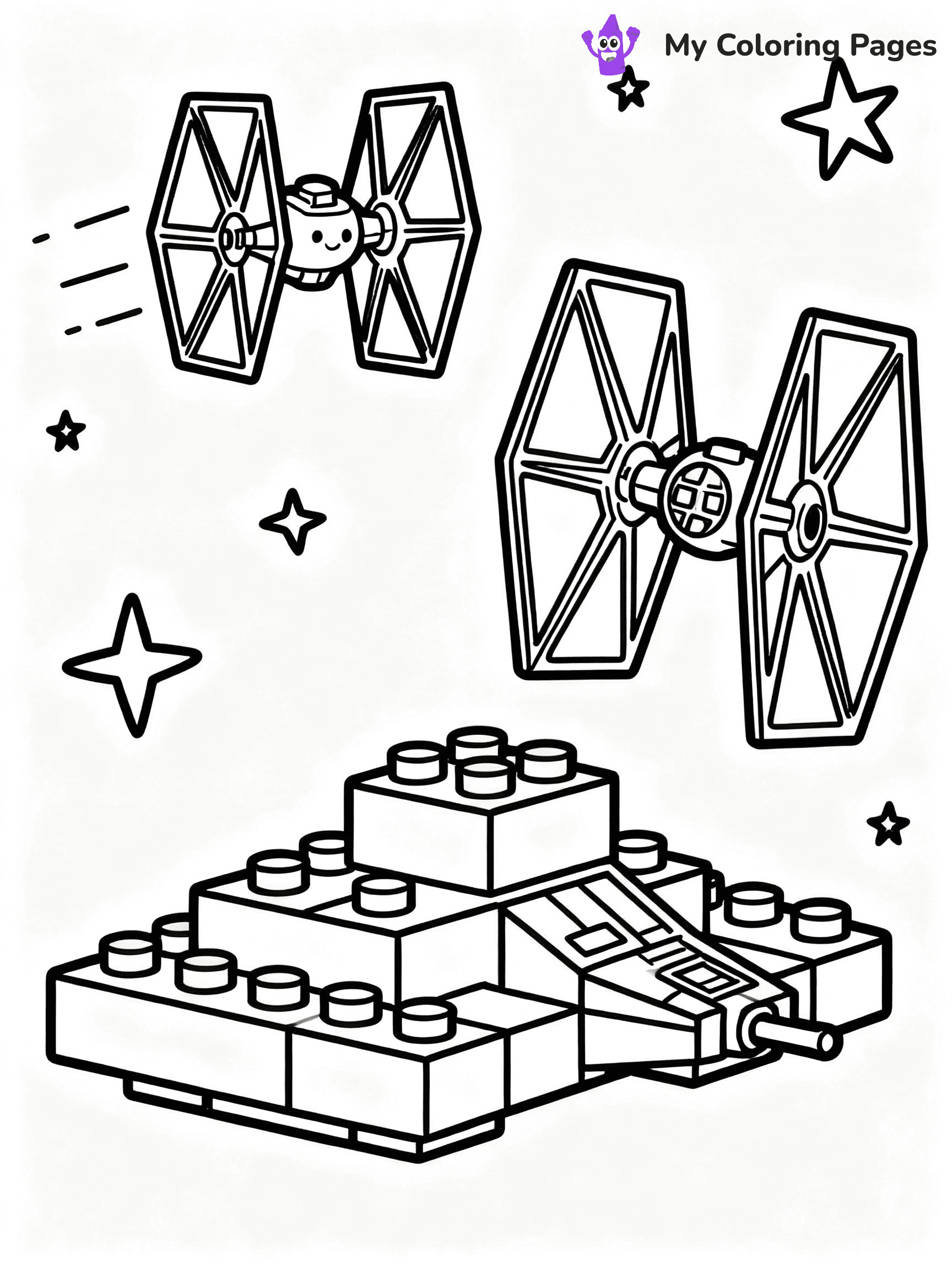 ⚠️ CRITICAL REQUIREMENT - ABSOLUTE BLACK AND WHITE ONLY ⚠️
This MUST be a BLACK AND WHITE line drawing ONLY. NO COLORS whatsoever.
- ONLY pure black lines (#000000) on pure white background (#FFFFFF)
- ABSOLUTELY NO colors, NO shading, NO gradients, NO grayscale
- If there are ANY colors in the output, the image is REJECTED
- This is a COLORING PAGE - meant to be COLORED IN by children
- The output must be UNCOLORED line art ready for coloring
⚠️ SUBJECT TO DRAW: Lego Star Wars spaceship in blocky Lego style, TIE fighter in flight, stars in the background
(REMEMBER: Output must be BLACK AND WHITE line art only, NOT colored!)
# COLORING PAGE: BLACK OUTLINES ONLY - WHITE BACKGROUND MANDATORY
Create a **coloring book page** using EXACTLY two values: black lines, white space.
## NON-NEGOTIABLE BINARY RULES
- **ONLY #000000 (black) and #FFFFFF (white)** - NO other values exist
- **EVERY PIXEL = BLACK OR WHITE** - no gray/shading/antialiasing
- **WHITE BACKGROUND MANDATORY** - entire canvas stays white
- **ALL SHAPES HOLLOW** - everything is empty outlines waiting to be colored
- **FORBIDDEN:** fills, shading, gradients, patterns, textures, colors
- **NO SOLID REGIONS** - if it's not a thin line, it's wrong
## Universal Line Standards
- Black outlines ONLY - thin, uniform weight
- Every shape completely empty inside
- Closed contours suitable for coloring
- Simple flat illustration - zero depth/3D/realism
- **Style:** Whimsical Doodle Art Alley - rounded, friendly outlines (unless specified)
## Everything = Outline Only
- Characters/animals: hollow shapes
- Objects/clothing: empty contours
- Backgrounds/scenery: line work only
- Natural elements: outlined forms
- Dark/night areas: don't exist (use outlined symbols)
- Textures/patterns: convert to simple lines
## The Test
Can a child color EVERY white space with crayons? If any area is pre-filled/shaded/gray or colored in, it FAILS. Every shape must be waiting to receive color.
**FINAL OUTPUT**: Binary coloring page. Black lines define shapes. White spaces ready for coloring. Nothing else exists. No exceptions. Print-ready.
⚠️ FINAL REMINDER: Draw the subject "Lego Star Wars spaceship in blocky Lego style, TIE fighter in flight, stars in the background" as BLACK AND WHITE line art. Zero colors in output.