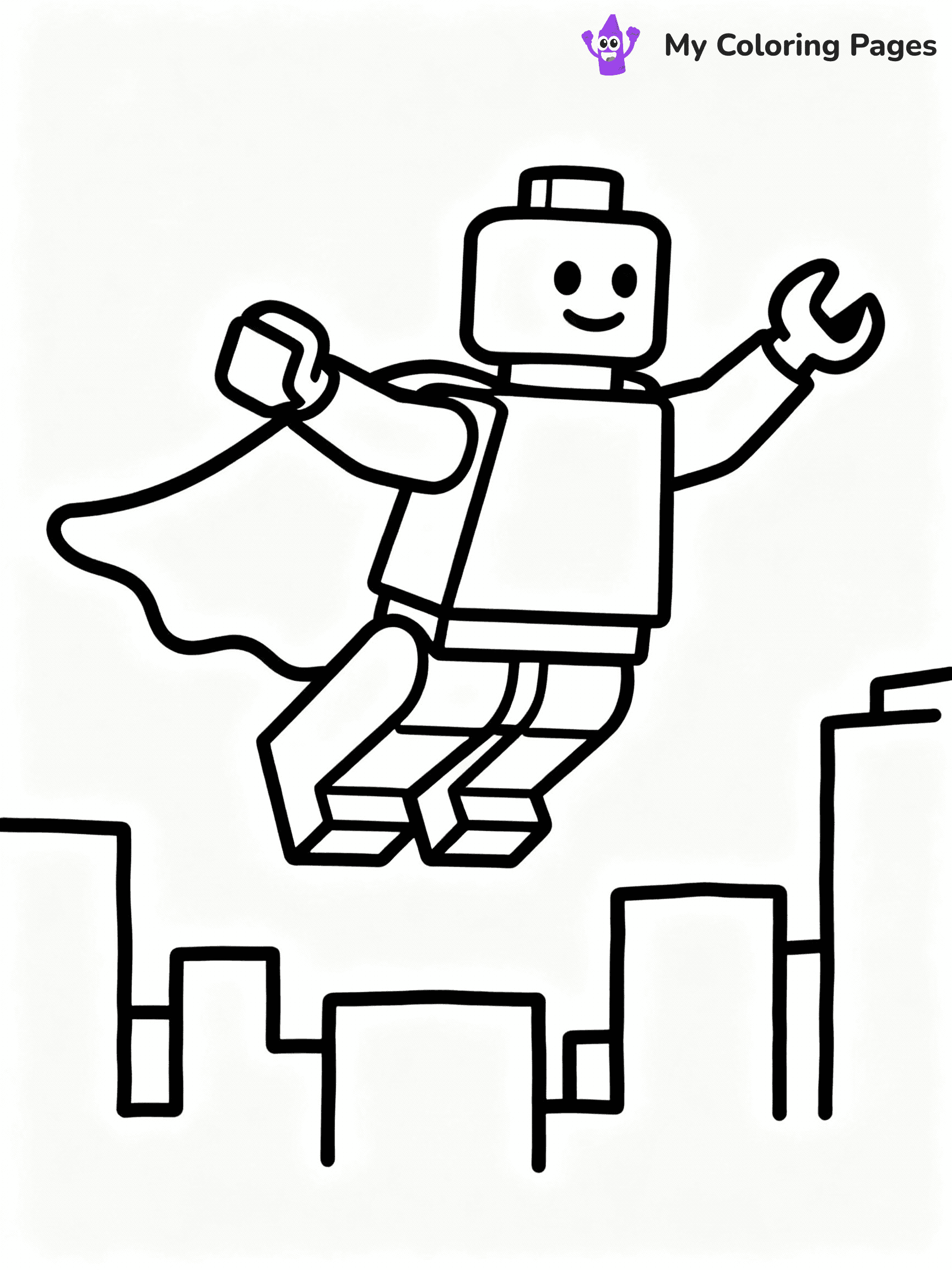 ⚠️ CRITICAL REQUIREMENT - ABSOLUTE BLACK AND WHITE ONLY ⚠️
This MUST be a BLACK AND WHITE line drawing ONLY. NO COLORS whatsoever.
- ONLY pure black lines (#000000) on pure white background (#FFFFFF)
- ABSOLUTELY NO colors, NO shading, NO gradients, NO grayscale
- If there are ANY colors in the output, the image is REJECTED
- This is a COLORING PAGE - meant to be COLORED IN by children
- The output must be UNCOLORED line art ready for coloring
⚠️ SUBJECT TO DRAW: Lego superhero in blocky Lego style, flying pose, city skyline behind, cape billowing
(REMEMBER: Output must be BLACK AND WHITE line art only, NOT colored!)
# COLORING PAGE: BLACK OUTLINES ONLY - WHITE BACKGROUND MANDATORY
Create a **coloring book page** using EXACTLY two values: black lines, white space.
## NON-NEGOTIABLE BINARY RULES
- **ONLY #000000 (black) and #FFFFFF (white)** - NO other values exist
- **EVERY PIXEL = BLACK OR WHITE** - no gray/shading/antialiasing
- **WHITE BACKGROUND MANDATORY** - entire canvas stays white
- **ALL SHAPES HOLLOW** - everything is empty outlines waiting to be colored
- **FORBIDDEN:** fills, shading, gradients, patterns, textures, colors
- **NO SOLID REGIONS** - if it's not a thin line, it's wrong
## Universal Line Standards
- Black outlines ONLY - thin, uniform weight
- Every shape completely empty inside
- Closed contours suitable for coloring
- Simple flat illustration - zero depth/3D/realism
- **Style:** Whimsical Doodle Art Alley - rounded, friendly outlines (unless specified)
## Everything = Outline Only
- Characters/animals: hollow shapes
- Objects/clothing: empty contours
- Backgrounds/scenery: line work only
- Natural elements: outlined forms
- Dark/night areas: don't exist (use outlined symbols)
- Textures/patterns: convert to simple lines
## The Test
Can a child color EVERY white space with crayons? If any area is pre-filled/shaded/gray or colored in, it FAILS. Every shape must be waiting to receive color.
**FINAL OUTPUT**: Binary coloring page. Black lines define shapes. White spaces ready for coloring. Nothing else exists. No exceptions. Print-ready.
⚠️ FINAL REMINDER: Draw the subject "Lego superhero in blocky Lego style, flying pose, city skyline behind, cape billowing" as BLACK AND WHITE line art. Zero colors in output.