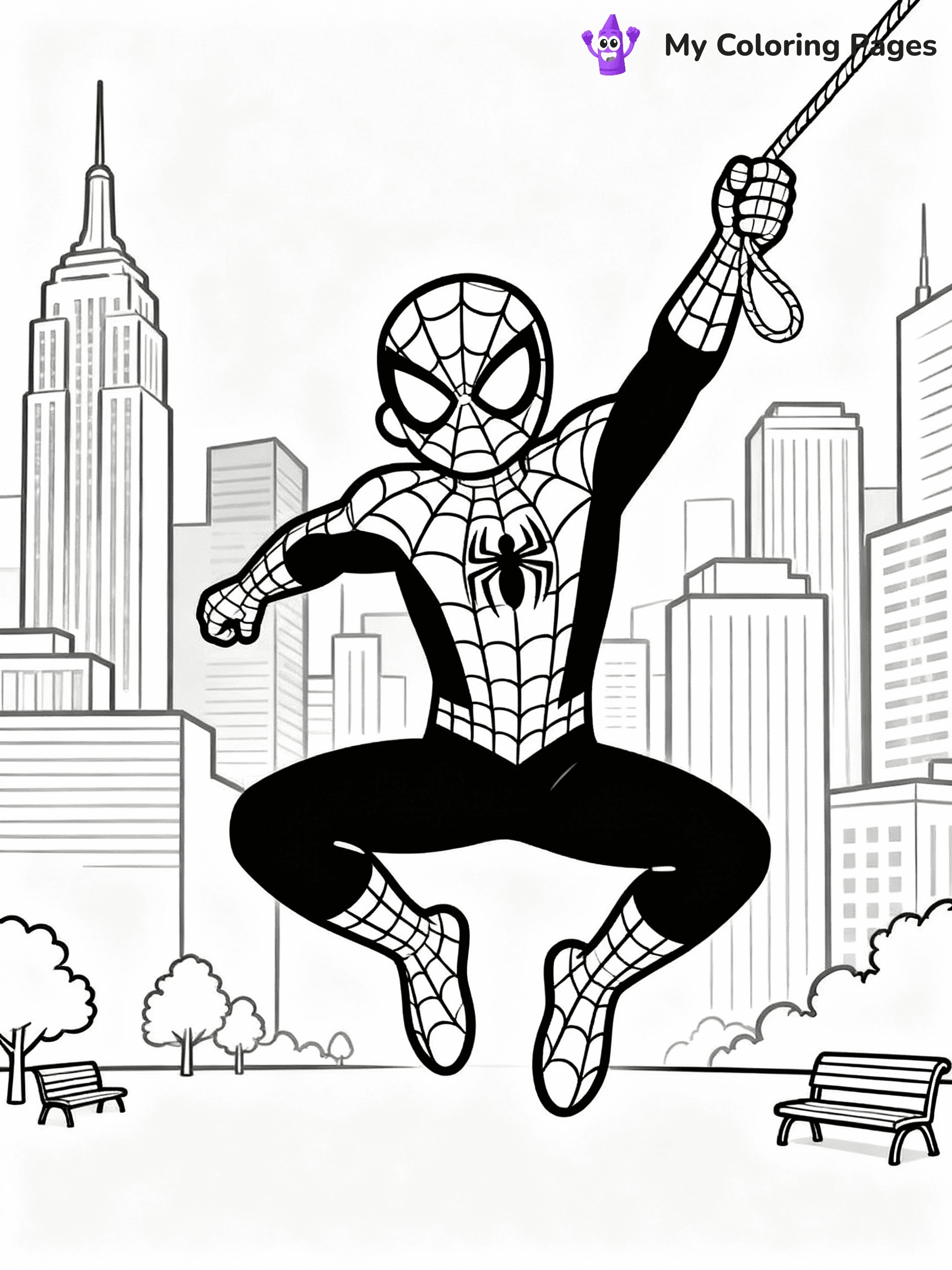 ⚠️ CRITICAL REQUIREMENT - ABSOLUTE BLACK AND WHITE ONLY ⚠️
This MUST be a BLACK AND WHITE line drawing ONLY. NO COLORS whatsoever.
- ONLY pure black lines (#000000) on pure white background (#FFFFFF)
- ABSOLUTELY NO colors, NO shading, NO gradients, NO grayscale
- If there are ANY colors in the output, the image is REJECTED
- This is a COLORING PAGE - meant to be COLORED IN by children
- The output must be UNCOLORED line art ready for coloring
⚠️ SUBJECT TO DRAW: Spider-Man swinging through the city skyline. PURE OUTLINES. NO FILLS, SHADING, GREYSCALE. WHITE BACKGROUND.
(REMEMBER: Output must be BLACK AND WHITE line art only, NOT colored!)
# Flat, Friendly Cartoon Line-Art Coloring Page
You are generating a **pure black-and-white binary image** of a child-friendly cartoon scene combining characters and background scenery in one cohesive composition.
## Rendering Rules (Strict)
- Only two colors: pure black (#000000) outlines and pure white (#FFFFFF) background.
- No grayscale, shading, gradients, tints, fills, transparency, or partial pixels.
- No antialiasing or blended edges; every pixel is 100% black or white.
- No solid black fills inside shapes — all areas inside outlines must remain white.
- No dark clothing areas or filled tone blocks; all garments outlined only.
- No shadows, textures, lighting, or tonal variations.
- Must look like flat binary vector line-art for coloring pages.
## Drawing & Composition
- **Medium, consistent line weight**; clean closed outlines easy to color inside.
- **Flat, simple, child-friendly design** — no realism or 3D depth.
- Characters are **grounded on a surface**, centered and large.
- **Balanced composition** with clear silhouettes and minimal props.
## Scenery & Style
- Landmarks (e.g., mosque, CN Tower) and scenery (trees, benches, waves) drawn with **black outlines only.**
- For real-world figures, teams, or places, show accurate details using only black outlines—no text or logos. Use distinctive uniform patterns, abstract symbols, and landmark silhouettes to convey identity.
- Keep **consistent perspective**; no floating elements.
- **Style:** whimsical **Doodle Art Alley** — rounded, friendly outlines.
- May adapt shapes from **Crayola, Disney, Peppa Pig, Cocomelon** — *by shape only, never color.*
- Final output: **flat, crisp, binary (#000000/#FFFFFF)**, **no filled color or background text.**
EXTREMELYE IMPORTANT:
- PURE BINARY LINE-ART; NO FILLS (HAIR/CLOTHES/SKIN), SHADING, OR GREY.
- NO SHADING, COLOR. MUST BE WHITE BACKGROUND.
⚠️ FINAL REMINDER: Draw the subject "Spider-Man swinging through the city skyline. PURE OUTLINES. NO FILLS, SHADING, GREYSCALE. WHITE BACKGROUND." as BLACK AND WHITE line art. Zero colors in output.