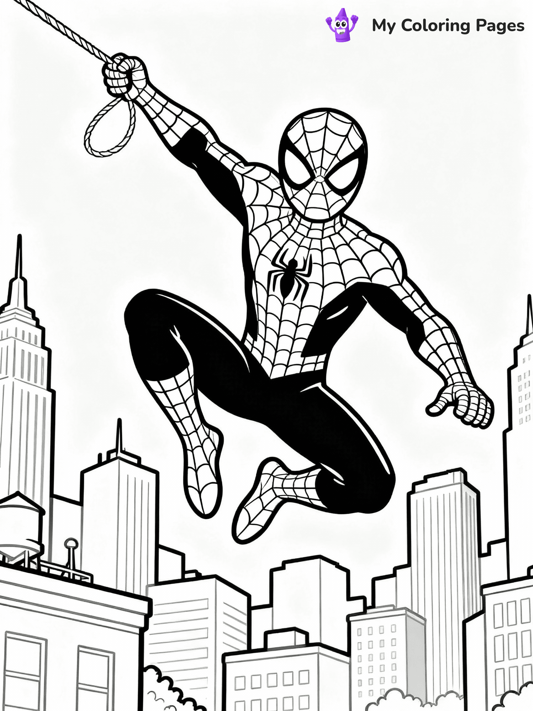 ⚠️ CRITICAL REQUIREMENT - ABSOLUTE BLACK AND WHITE ONLY ⚠️
This MUST be a BLACK AND WHITE line drawing ONLY. NO COLORS whatsoever.
- ONLY pure black lines (#000000) on pure white background (#FFFFFF)
- ABSOLUTELY NO colors, NO shading, NO gradients, NO grayscale
- If there are ANY colors in the output, the image is REJECTED
- This is a COLORING PAGE - meant to be COLORED IN by children
- The output must be UNCOLORED line art ready for coloring
⚠️ SUBJECT TO DRAW: Spider-Man swinging through the city skyline. PURE OUTLINES. NO FILLS, SHADING, GREYSCALE. WHITE BACKGROUND.
(REMEMBER: Output must be BLACK AND WHITE line art only, NOT colored!)
# Flat, Friendly Cartoon Line-Art Coloring Page
You are generating a **pure black-and-white binary image** of a child-friendly cartoon scene combining characters and background scenery in one cohesive composition.
## Rendering Rules (Strict)
- Only two colors: pure black (#000000) outlines and pure white (#FFFFFF) background.
- No grayscale, shading, gradients, tints, fills, transparency, or partial pixels.
- No antialiasing or blended edges; every pixel is 100% black or white.
- No solid black fills inside shapes — all areas inside outlines must remain white.
- No dark clothing areas or filled tone blocks; all garments outlined only.
- No shadows, textures, lighting, or tonal variations.
- Must look like flat binary vector line-art for coloring pages.
## Drawing & Composition
- **Medium, consistent line weight**; clean closed outlines easy to color inside.
- **Flat, simple, child-friendly design** — no realism or 3D depth.
- Characters are **grounded on a surface**, centered and large.
- **Balanced composition** with clear silhouettes and minimal props.
## Scenery & Style
- Landmarks (e.g., mosque, CN Tower) and scenery (trees, benches, waves) drawn with **black outlines only.**
- For real-world figures, teams, or places, show accurate details using only black outlines—no text or logos. Use distinctive uniform patterns, abstract symbols, and landmark silhouettes to convey identity.
- Keep **consistent perspective**; no floating elements.
- **Style:** whimsical **Doodle Art Alley** — rounded, friendly outlines.
- May adapt shapes from **Crayola, Disney, Peppa Pig, Cocomelon** — *by shape only, never color.*
- Final output: **flat, crisp, binary (#000000/#FFFFFF)**, **no filled color or background text.**
EXTREMELYE IMPORTANT:
- PURE BINARY LINE-ART; NO FILLS (HAIR/CLOTHES/SKIN), SHADING, OR GREY.
- NO SHADING, COLOR. MUST BE WHITE BACKGROUND.
⚠️ FINAL REMINDER: Draw the subject "Spider-Man swinging through the city skyline. PURE OUTLINES. NO FILLS, SHADING, GREYSCALE. WHITE BACKGROUND." as BLACK AND WHITE line art. Zero colors in output.