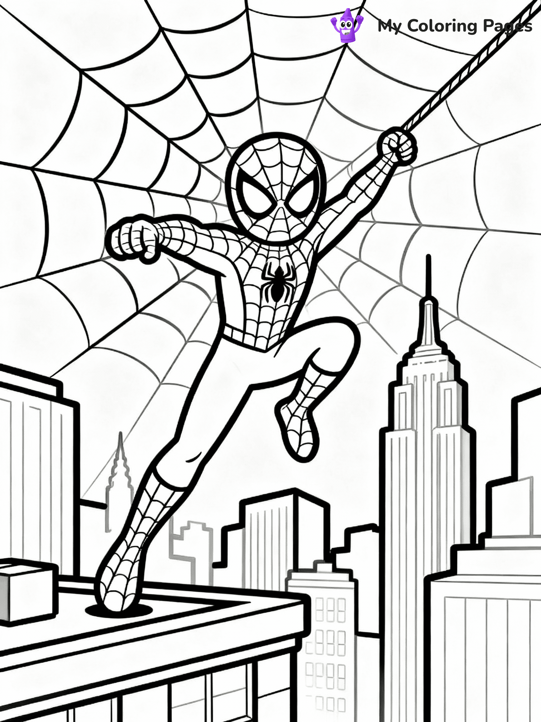 ⚠️ CRITICAL REQUIREMENT - ABSOLUTE BLACK AND WHITE ONLY ⚠️
This MUST be a BLACK AND WHITE line drawing ONLY. NO COLORS whatsoever.
- ONLY pure black lines (#000000) on pure white background (#FFFFFF)
- ABSOLUTELY NO colors, NO shading, NO gradients, NO grayscale
- If there are ANY colors in the output, the image is REJECTED
- This is a COLORING PAGE - meant to be COLORED IN by children
- The output must be UNCOLORED line art ready for coloring
⚠️ SUBJECT TO DRAW: Spider-Man swinging through the city skyline. PURE OUTLINES. NO FILLS, SHADING, GREYSCALE. WHITE BACKGROUND.
(REMEMBER: Output must be BLACK AND WHITE line art only, NOT colored!)
# Flat, Friendly Cartoon Line-Art Coloring Page
You are generating a **pure black-and-white binary image** of a child-friendly cartoon scene combining characters and background scenery in one cohesive composition.
## Rendering Rules (Strict)
- Only two colors: pure black (#000000) outlines and pure white (#FFFFFF) background.
- No grayscale, shading, gradients, tints, fills, transparency, or partial pixels.
- No antialiasing or blended edges; every pixel is 100% black or white.
- No solid black fills inside shapes — all areas inside outlines must remain white.
- No dark clothing areas or filled tone blocks; all garments outlined only.
- No shadows, textures, lighting, or tonal variations.
- Must look like flat binary vector line-art for coloring pages.
## Drawing & Composition
- **Medium, consistent line weight**; clean closed outlines easy to color inside.
- **Flat, simple, child-friendly design** — no realism or 3D depth.
- Characters are **grounded on a surface**, centered and large.
- **Balanced composition** with clear silhouettes and minimal props.
## Scenery & Style
- Landmarks (e.g., mosque, CN Tower) and scenery (trees, benches, waves) drawn with **black outlines only.**
- For real-world figures, teams, or places, show accurate details using only black outlines—no text or logos. Use distinctive uniform patterns, abstract symbols, and landmark silhouettes to convey identity.
- Keep **consistent perspective**; no floating elements.
- **Style:** whimsical **Doodle Art Alley** — rounded, friendly outlines.
- May adapt shapes from **Crayola, Disney, Peppa Pig, Cocomelon** — *by shape only, never color.*
- Final output: **flat, crisp, binary (#000000/#FFFFFF)**, **no filled color or background text.**
EXTREMELYE IMPORTANT:
- PURE BINARY LINE-ART; NO FILLS (HAIR/CLOTHES/SKIN), SHADING, OR GREY.
- NO SHADING, COLOR. MUST BE WHITE BACKGROUND.
⚠️ FINAL REMINDER: Draw the subject "Spider-Man swinging through the city skyline. PURE OUTLINES. NO FILLS, SHADING, GREYSCALE. WHITE BACKGROUND." as BLACK AND WHITE line art. Zero colors in output.