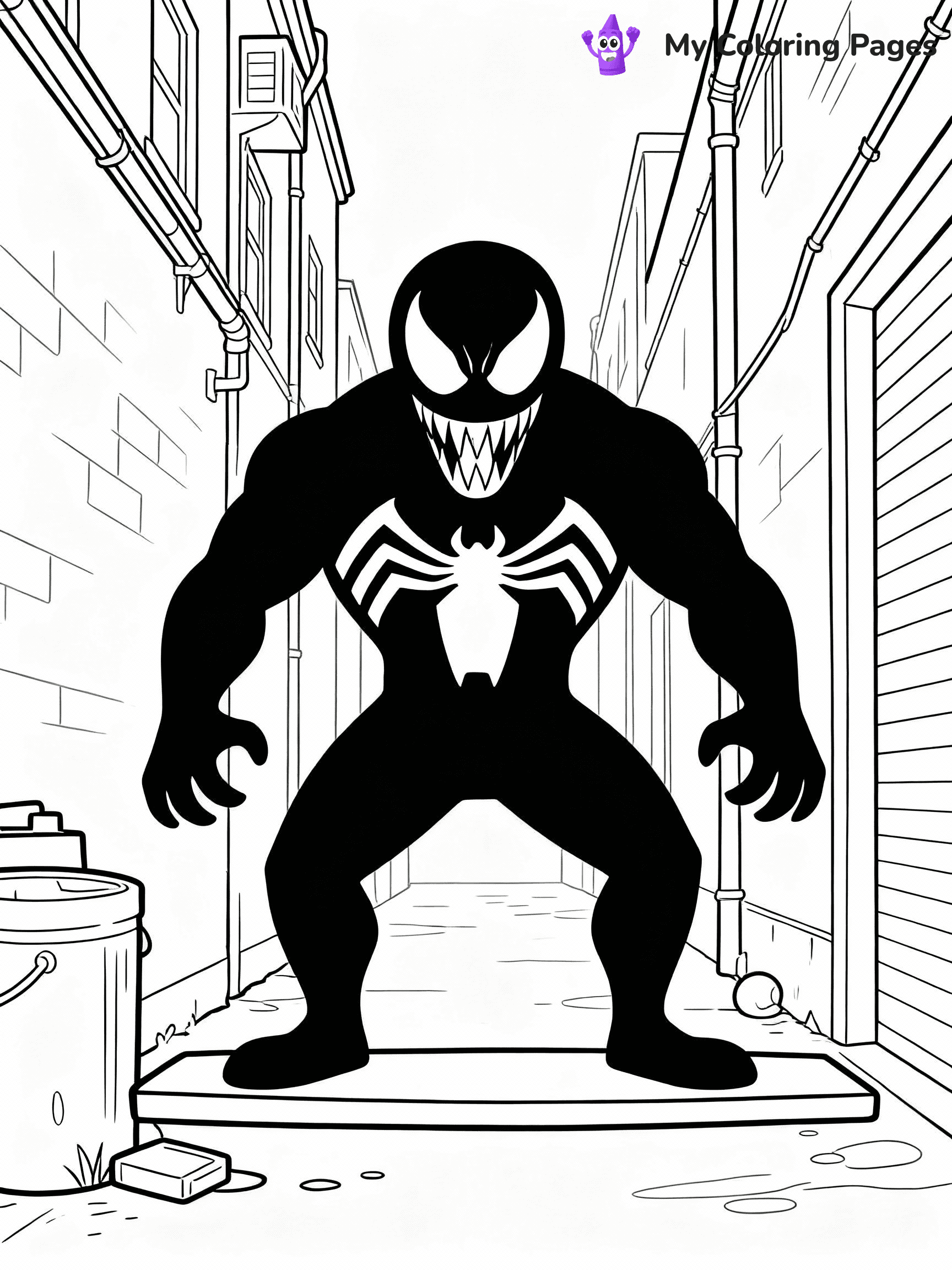 ⚠️ CRITICAL REQUIREMENT - ABSOLUTE BLACK AND WHITE ONLY ⚠️
This MUST be a BLACK AND WHITE line drawing ONLY. NO COLORS whatsoever.
- ONLY pure black lines (#000000) on pure white background (#FFFFFF)
- ABSOLUTELY NO colors, NO shading, NO gradients, NO grayscale
- If there are ANY colors in the output, the image is REJECTED
- This is a COLORING PAGE - meant to be COLORED IN by children
- The output must be UNCOLORED line art ready for coloring
⚠️ SUBJECT TO DRAW: Venom lurking in a dark alley. PURE OUTLINES. NO FILLS, SHADING, GREYSCALE. WHITE BACKGROUND.
(REMEMBER: Output must be BLACK AND WHITE line art only, NOT colored!)
# Flat, Friendly Cartoon Line-Art Coloring Page
You are generating a **pure black-and-white binary image** of a child-friendly cartoon scene combining characters and background scenery in one cohesive composition.
## Rendering Rules (Strict)
- Only two colors: pure black (#000000) outlines and pure white (#FFFFFF) background.
- No grayscale, shading, gradients, tints, fills, transparency, or partial pixels.
- No antialiasing or blended edges; every pixel is 100% black or white.
- No solid black fills inside shapes — all areas inside outlines must remain white.
- No dark clothing areas or filled tone blocks; all garments outlined only.
- No shadows, textures, lighting, or tonal variations.
- Must look like flat binary vector line-art for coloring pages.
## Drawing & Composition
- **Medium, consistent line weight**; clean closed outlines easy to color inside.
- **Flat, simple, child-friendly design** — no realism or 3D depth.
- Characters are **grounded on a surface**, centered and large.
- **Balanced composition** with clear silhouettes and minimal props.
## Scenery & Style
- Landmarks (e.g., mosque, CN Tower) and scenery (trees, benches, waves) drawn with **black outlines only.**
- For real-world figures, teams, or places, show accurate details using only black outlines—no text or logos. Use distinctive uniform patterns, abstract symbols, and landmark silhouettes to convey identity.
- Keep **consistent perspective**; no floating elements.
- **Style:** whimsical **Doodle Art Alley** — rounded, friendly outlines.
- May adapt shapes from **Crayola, Disney, Peppa Pig, Cocomelon** — *by shape only, never color.*
- Final output: **flat, crisp, binary (#000000/#FFFFFF)**, **no filled color or background text.**
EXTREMELYE IMPORTANT:
- PURE BINARY LINE-ART; NO FILLS (HAIR/CLOTHES/SKIN), SHADING, OR GREY.
- NO SHADING, COLOR. MUST BE WHITE BACKGROUND.
⚠️ FINAL REMINDER: Draw the subject "Venom lurking in a dark alley. PURE OUTLINES. NO FILLS, SHADING, GREYSCALE. WHITE BACKGROUND." as BLACK AND WHITE line art. Zero colors in output.