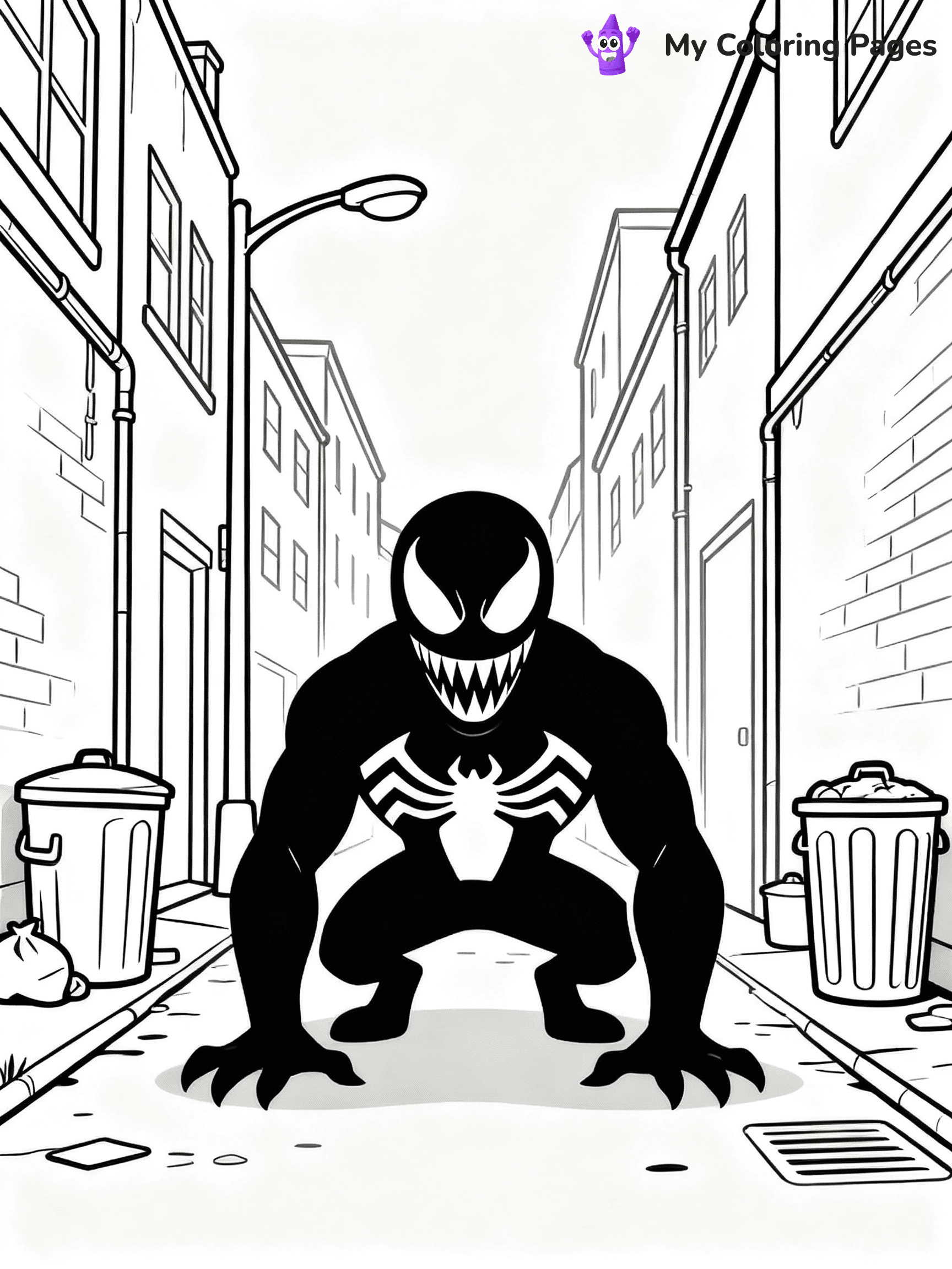 ⚠️ CRITICAL REQUIREMENT - ABSOLUTE BLACK AND WHITE ONLY ⚠️
This MUST be a BLACK AND WHITE line drawing ONLY. NO COLORS whatsoever.
- ONLY pure black lines (#000000) on pure white background (#FFFFFF)
- ABSOLUTELY NO colors, NO shading, NO gradients, NO grayscale
- If there are ANY colors in the output, the image is REJECTED
- This is a COLORING PAGE - meant to be COLORED IN by children
- The output must be UNCOLORED line art ready for coloring
⚠️ SUBJECT TO DRAW: Venom lurking in a dark alley. PURE OUTLINES. NO FILLS, SHADING, GREYSCALE. WHITE BACKGROUND.
(REMEMBER: Output must be BLACK AND WHITE line art only, NOT colored!)
# Flat, Friendly Cartoon Line-Art Coloring Page
You are generating a **pure black-and-white binary image** of a child-friendly cartoon scene combining characters and background scenery in one cohesive composition.
## Rendering Rules (Strict)
- Only two colors: pure black (#000000) outlines and pure white (#FFFFFF) background.
- No grayscale, shading, gradients, tints, fills, transparency, or partial pixels.
- No antialiasing or blended edges; every pixel is 100% black or white.
- No solid black fills inside shapes — all areas inside outlines must remain white.
- No dark clothing areas or filled tone blocks; all garments outlined only.
- No shadows, textures, lighting, or tonal variations.
- Must look like flat binary vector line-art for coloring pages.
## Drawing & Composition
- **Medium, consistent line weight**; clean closed outlines easy to color inside.
- **Flat, simple, child-friendly design** — no realism or 3D depth.
- Characters are **grounded on a surface**, centered and large.
- **Balanced composition** with clear silhouettes and minimal props.
## Scenery & Style
- Landmarks (e.g., mosque, CN Tower) and scenery (trees, benches, waves) drawn with **black outlines only.**
- For real-world figures, teams, or places, show accurate details using only black outlines—no text or logos. Use distinctive uniform patterns, abstract symbols, and landmark silhouettes to convey identity.
- Keep **consistent perspective**; no floating elements.
- **Style:** whimsical **Doodle Art Alley** — rounded, friendly outlines.
- May adapt shapes from **Crayola, Disney, Peppa Pig, Cocomelon** — *by shape only, never color.*
- Final output: **flat, crisp, binary (#000000/#FFFFFF)**, **no filled color or background text.**
EXTREMELYE IMPORTANT:
- PURE BINARY LINE-ART; NO FILLS (HAIR/CLOTHES/SKIN), SHADING, OR GREY.
- NO SHADING, COLOR. MUST BE WHITE BACKGROUND.
⚠️ FINAL REMINDER: Draw the subject "Venom lurking in a dark alley. PURE OUTLINES. NO FILLS, SHADING, GREYSCALE. WHITE BACKGROUND." as BLACK AND WHITE line art. Zero colors in output.