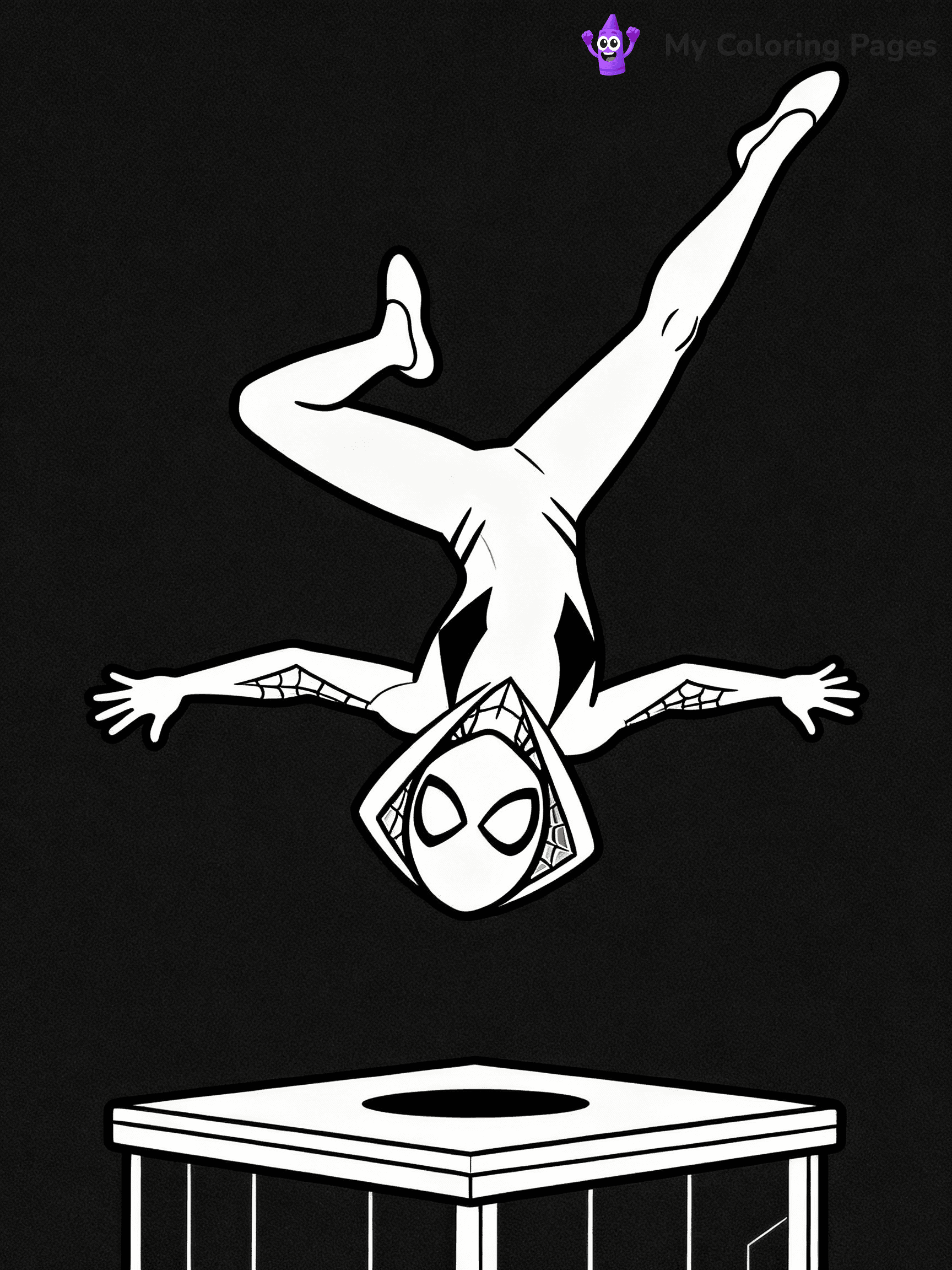 ⚠️ CRITICAL REQUIREMENT - ABSOLUTE BLACK AND WHITE ONLY ⚠️
This MUST be a BLACK AND WHITE line drawing ONLY. NO COLORS whatsoever.
- ONLY pure black lines (#000000) on pure white background (#FFFFFF)
- ABSOLUTELY NO colors, NO shading, NO gradients, NO grayscale
- If there are ANY colors in the output, the image is REJECTED
- This is a COLORING PAGE - meant to be COLORED IN by children
- The output must be UNCOLORED line art ready for coloring
⚠️ SUBJECT TO DRAW: Spider-Gwen performing a backflip in mid-air. PURE OUTLINES. NO FILLS, SHADING, GREYSCALE. WHITE BACKGROUND.
(REMEMBER: Output must be BLACK AND WHITE line art only, NOT colored!)
# Flat, Friendly Cartoon Line-Art Coloring Page
You are generating a **pure black-and-white binary image** of a child-friendly cartoon scene combining characters and background scenery in one cohesive composition.
## Rendering Rules (Strict)
- Only two colors: pure black (#000000) outlines and pure white (#FFFFFF) background.
- No grayscale, shading, gradients, tints, fills, transparency, or partial pixels.
- No antialiasing or blended edges; every pixel is 100% black or white.
- No solid black fills inside shapes — all areas inside outlines must remain white.
- No dark clothing areas or filled tone blocks; all garments outlined only.
- No shadows, textures, lighting, or tonal variations.
- Must look like flat binary vector line-art for coloring pages.
## Drawing & Composition
- **Medium, consistent line weight**; clean closed outlines easy to color inside.
- **Flat, simple, child-friendly design** — no realism or 3D depth.
- Characters are **grounded on a surface**, centered and large.
- **Balanced composition** with clear silhouettes and minimal props.
## Scenery & Style
- Landmarks (e.g., mosque, CN Tower) and scenery (trees, benches, waves) drawn with **black outlines only.**
- For real-world figures, teams, or places, show accurate details using only black outlines—no text or logos. Use distinctive uniform patterns, abstract symbols, and landmark silhouettes to convey identity.
- Keep **consistent perspective**; no floating elements.
- **Style:** whimsical **Doodle Art Alley** — rounded, friendly outlines.
- May adapt shapes from **Crayola, Disney, Peppa Pig, Cocomelon** — *by shape only, never color.*
- Final output: **flat, crisp, binary (#000000/#FFFFFF)**, **no filled color or background text.**
EXTREMELYE IMPORTANT:
- PURE BINARY LINE-ART; NO FILLS (HAIR/CLOTHES/SKIN), SHADING, OR GREY.
- NO SHADING, COLOR. MUST BE WHITE BACKGROUND.
⚠️ FINAL REMINDER: Draw the subject "Spider-Gwen performing a backflip in mid-air. PURE OUTLINES. NO FILLS, SHADING, GREYSCALE. WHITE BACKGROUND." as BLACK AND WHITE line art. Zero colors in output.