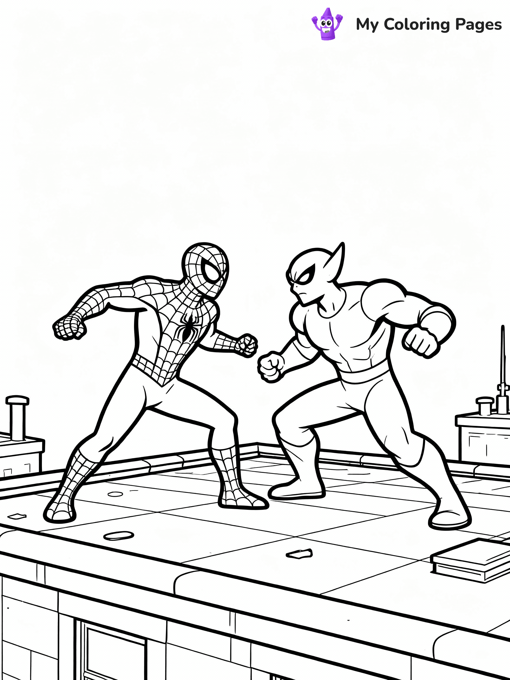 ⚠️ CRITICAL REQUIREMENT - ABSOLUTE BLACK AND WHITE ONLY ⚠️
This MUST be a BLACK AND WHITE line drawing ONLY. NO COLORS whatsoever.
- ONLY pure black lines (#000000) on pure white background (#FFFFFF)
- ABSOLUTELY NO colors, NO shading, NO gradients, NO grayscale
- If there are ANY colors in the output, the image is REJECTED
- This is a COLORING PAGE - meant to be COLORED IN by children
- The output must be UNCOLORED line art ready for coloring
⚠️ SUBJECT TO DRAW: Spider-Man battling the Green Goblin on a rooftop. PURE OUTLINES. NO FILLS, SHADING, GREYSCALE. WHITE BACKGROUND.
(REMEMBER: Output must be BLACK AND WHITE line art only, NOT colored!)
# Flat, Friendly Cartoon Line-Art Coloring Page
You are generating a **pure black-and-white binary image** of a child-friendly cartoon scene combining characters and background scenery in one cohesive composition.
## Rendering Rules (Strict)
- Only two colors: pure black (#000000) outlines and pure white (#FFFFFF) background.
- No grayscale, shading, gradients, tints, fills, transparency, or partial pixels.
- No antialiasing or blended edges; every pixel is 100% black or white.
- No solid black fills inside shapes — all areas inside outlines must remain white.
- No dark clothing areas or filled tone blocks; all garments outlined only.
- No shadows, textures, lighting, or tonal variations.
- Must look like flat binary vector line-art for coloring pages.
## Drawing & Composition
- **Medium, consistent line weight**; clean closed outlines easy to color inside.
- **Flat, simple, child-friendly design** — no realism or 3D depth.
- Characters are **grounded on a surface**, centered and large.
- **Balanced composition** with clear silhouettes and minimal props.
## Scenery & Style
- Landmarks (e.g., mosque, CN Tower) and scenery (trees, benches, waves) drawn with **black outlines only.**
- For real-world figures, teams, or places, show accurate details using only black outlines—no text or logos. Use distinctive uniform patterns, abstract symbols, and landmark silhouettes to convey identity.
- Keep **consistent perspective**; no floating elements.
- **Style:** whimsical **Doodle Art Alley** — rounded, friendly outlines.
- May adapt shapes from **Crayola, Disney, Peppa Pig, Cocomelon** — *by shape only, never color.*
- Final output: **flat, crisp, binary (#000000/#FFFFFF)**, **no filled color or background text.**
EXTREMELYE IMPORTANT:
- PURE BINARY LINE-ART; NO FILLS (HAIR/CLOTHES/SKIN), SHADING, OR GREY.
- NO SHADING, COLOR. MUST BE WHITE BACKGROUND.
⚠️ FINAL REMINDER: Draw the subject "Spider-Man battling the Green Goblin on a rooftop. PURE OUTLINES. NO FILLS, SHADING, GREYSCALE. WHITE BACKGROUND." as BLACK AND WHITE line art. Zero colors in output.