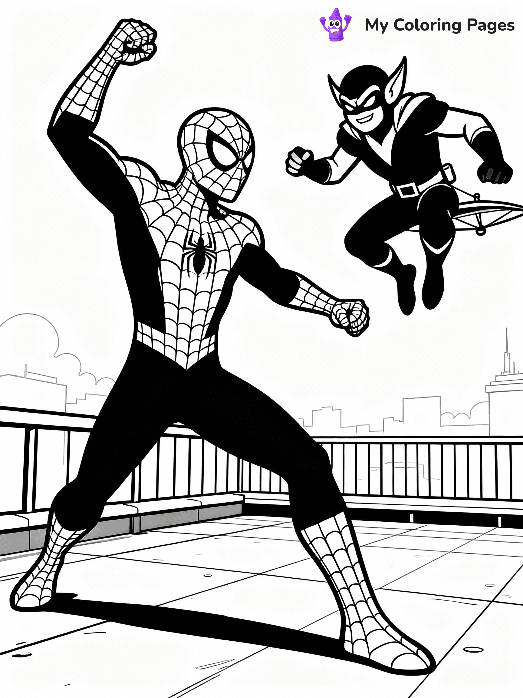 ⚠️ CRITICAL REQUIREMENT - ABSOLUTE BLACK AND WHITE ONLY ⚠️
This MUST be a BLACK AND WHITE line drawing ONLY. NO COLORS whatsoever.
- ONLY pure black lines (#000000) on pure white background (#FFFFFF)
- ABSOLUTELY NO colors, NO shading, NO gradients, NO grayscale
- If there are ANY colors in the output, the image is REJECTED
- This is a COLORING PAGE - meant to be COLORED IN by children
- The output must be UNCOLORED line art ready for coloring
⚠️ SUBJECT TO DRAW: Spider-Man battling the Green Goblin on a rooftop. PURE OUTLINES. NO FILLS, SHADING, GREYSCALE. WHITE BACKGROUND.
(REMEMBER: Output must be BLACK AND WHITE line art only, NOT colored!)
# Flat, Friendly Cartoon Line-Art Coloring Page
You are generating a **pure black-and-white binary image** of a child-friendly cartoon scene combining characters and background scenery in one cohesive composition.
## Rendering Rules (Strict)
- Only two colors: pure black (#000000) outlines and pure white (#FFFFFF) background.
- No grayscale, shading, gradients, tints, fills, transparency, or partial pixels.
- No antialiasing or blended edges; every pixel is 100% black or white.
- No solid black fills inside shapes — all areas inside outlines must remain white.
- No dark clothing areas or filled tone blocks; all garments outlined only.
- No shadows, textures, lighting, or tonal variations.
- Must look like flat binary vector line-art for coloring pages.
## Drawing & Composition
- **Medium, consistent line weight**; clean closed outlines easy to color inside.
- **Flat, simple, child-friendly design** — no realism or 3D depth.
- Characters are **grounded on a surface**, centered and large.
- **Balanced composition** with clear silhouettes and minimal props.
## Scenery & Style
- Landmarks (e.g., mosque, CN Tower) and scenery (trees, benches, waves) drawn with **black outlines only.**
- For real-world figures, teams, or places, show accurate details using only black outlines—no text or logos. Use distinctive uniform patterns, abstract symbols, and landmark silhouettes to convey identity.
- Keep **consistent perspective**; no floating elements.
- **Style:** whimsical **Doodle Art Alley** — rounded, friendly outlines.
- May adapt shapes from **Crayola, Disney, Peppa Pig, Cocomelon** — *by shape only, never color.*
- Final output: **flat, crisp, binary (#000000/#FFFFFF)**, **no filled color or background text.**
EXTREMELYE IMPORTANT:
- PURE BINARY LINE-ART; NO FILLS (HAIR/CLOTHES/SKIN), SHADING, OR GREY.
- NO SHADING, COLOR. MUST BE WHITE BACKGROUND.
⚠️ FINAL REMINDER: Draw the subject "Spider-Man battling the Green Goblin on a rooftop. PURE OUTLINES. NO FILLS, SHADING, GREYSCALE. WHITE BACKGROUND." as BLACK AND WHITE line art. Zero colors in output.