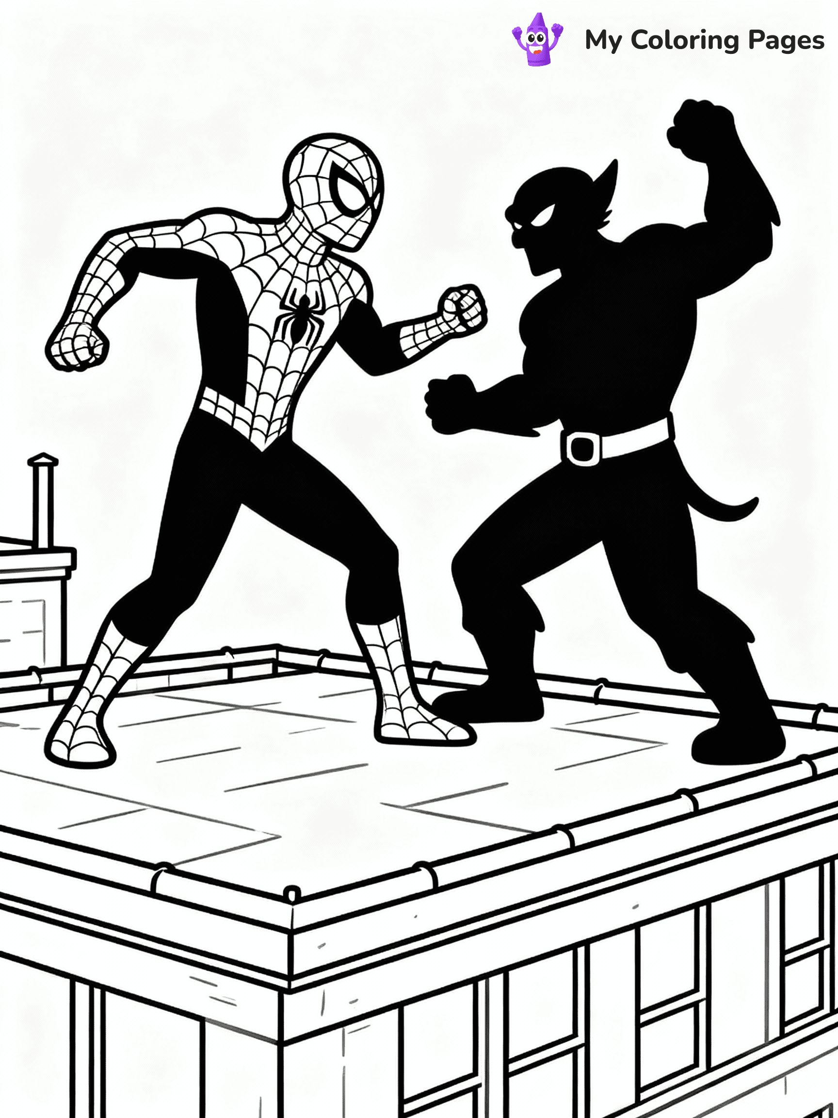 ⚠️ CRITICAL REQUIREMENT - ABSOLUTE BLACK AND WHITE ONLY ⚠️
This MUST be a BLACK AND WHITE line drawing ONLY. NO COLORS whatsoever.
- ONLY pure black lines (#000000) on pure white background (#FFFFFF)
- ABSOLUTELY NO colors, NO shading, NO gradients, NO grayscale
- If there are ANY colors in the output, the image is REJECTED
- This is a COLORING PAGE - meant to be COLORED IN by children
- The output must be UNCOLORED line art ready for coloring
⚠️ SUBJECT TO DRAW: Spider-Man battling the Green Goblin on a rooftop. PURE OUTLINES. NO FILLS, SHADING, GREYSCALE. WHITE BACKGROUND.
(REMEMBER: Output must be BLACK AND WHITE line art only, NOT colored!)
# Flat, Friendly Cartoon Line-Art Coloring Page
You are generating a **pure black-and-white binary image** of a child-friendly cartoon scene combining characters and background scenery in one cohesive composition.
## Rendering Rules (Strict)
- Only two colors: pure black (#000000) outlines and pure white (#FFFFFF) background.
- No grayscale, shading, gradients, tints, fills, transparency, or partial pixels.
- No antialiasing or blended edges; every pixel is 100% black or white.
- No solid black fills inside shapes — all areas inside outlines must remain white.
- No dark clothing areas or filled tone blocks; all garments outlined only.
- No shadows, textures, lighting, or tonal variations.
- Must look like flat binary vector line-art for coloring pages.
## Drawing & Composition
- **Medium, consistent line weight**; clean closed outlines easy to color inside.
- **Flat, simple, child-friendly design** — no realism or 3D depth.
- Characters are **grounded on a surface**, centered and large.
- **Balanced composition** with clear silhouettes and minimal props.
## Scenery & Style
- Landmarks (e.g., mosque, CN Tower) and scenery (trees, benches, waves) drawn with **black outlines only.**
- For real-world figures, teams, or places, show accurate details using only black outlines—no text or logos. Use distinctive uniform patterns, abstract symbols, and landmark silhouettes to convey identity.
- Keep **consistent perspective**; no floating elements.
- **Style:** whimsical **Doodle Art Alley** — rounded, friendly outlines.
- May adapt shapes from **Crayola, Disney, Peppa Pig, Cocomelon** — *by shape only, never color.*
- Final output: **flat, crisp, binary (#000000/#FFFFFF)**, **no filled color or background text.**
EXTREMELYE IMPORTANT:
- PURE BINARY LINE-ART; NO FILLS (HAIR/CLOTHES/SKIN), SHADING, OR GREY.
- NO SHADING, COLOR. MUST BE WHITE BACKGROUND.
⚠️ FINAL REMINDER: Draw the subject "Spider-Man battling the Green Goblin on a rooftop. PURE OUTLINES. NO FILLS, SHADING, GREYSCALE. WHITE BACKGROUND." as BLACK AND WHITE line art. Zero colors in output.