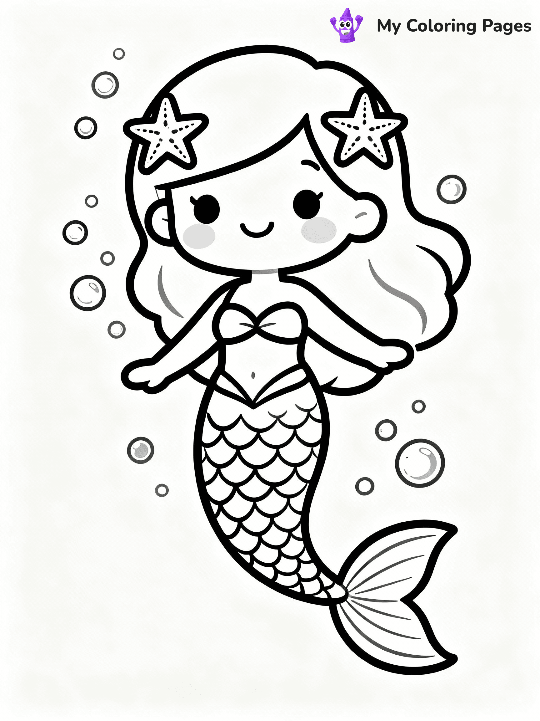 ⚠️ CRITICAL REQUIREMENT - ABSOLUTE BLACK AND WHITE ONLY ⚠️
This MUST be a BLACK AND WHITE line drawing ONLY. NO COLORS whatsoever.
- ONLY pure black lines (#000000) on pure white background (#FFFFFF)
- ABSOLUTELY NO colors, NO shading, NO gradients, NO grayscale
- If there are ANY colors in the output, the image is REJECTED
- This is a COLORING PAGE - meant to be COLORED IN by children
- The output must be UNCOLORED line art ready for coloring
⚠️ SUBJECT TO DRAW: Kawaii mermaid with starfish hairpins, smiling and floating among bubbles. Important: PURE OUTLINES. NO FILLS, COLOR, SHADING, OR GREYSCALE. WHITE BACKGROUND.
(REMEMBER: Output must be BLACK AND WHITE line art only, NOT colored!)
# Flat, Friendly Cartoon Line-Art Coloring Page
You are generating a **pure black-and-white binary image** of a child-friendly cartoon scene combining characters and background scenery in one cohesive composition.
## Rendering Rules (Strict)
- Only two colors: pure black (#000000) outlines and pure white (#FFFFFF) background.
- No grayscale, shading, gradients, tints, fills, transparency, or partial pixels.
- No antialiasing or blended edges; every pixel is 100% black or white.
- No solid black fills inside shapes — all areas inside outlines must remain white.
- No dark clothing areas or filled tone blocks; all garments outlined only.
- No shadows, textures, lighting, or tonal variations.
- Must look like flat binary vector line-art for coloring pages.
## Drawing & Composition
- **Medium, consistent line weight**; clean closed outlines easy to color inside.
- **Flat, simple, child-friendly design** — no realism or 3D depth.
- Characters are **grounded on a surface**, centered and large.
- **Balanced composition** with clear silhouettes and minimal props.
## Scenery & Style
- Landmarks (e.g., mosque, CN Tower) and scenery (trees, benches, waves) drawn with **black outlines only.**
- For real-world figures, teams, or places, show accurate details using only black outlines—no text or logos. Use distinctive uniform patterns, abstract symbols, and landmark silhouettes to convey identity.
- Keep **consistent perspective**; no floating elements.
- **Style:** whimsical **Doodle Art Alley** — rounded, friendly outlines.
- May adapt shapes from **Crayola, Disney, Peppa Pig, Cocomelon** — *by shape only, never color.*
- Final output: **flat, crisp, binary (#000000/#FFFFFF)**, **no filled color or background text.**
EXTREMELYE IMPORTANT:
- PURE BINARY LINE-ART; NO FILLS (HAIR/CLOTHES/SKIN), SHADING, OR GREY.
- NO SHADING, COLOR. MUST BE WHITE BACKGROUND.
⚠️ FINAL REMINDER: Draw the subject "Kawaii mermaid with starfish hairpins, smiling and floating among bubbles. Important: PURE OUTLINES. NO FILLS, COLOR, SHADING, OR GREYSCALE. WHITE BACKGROUND." as BLACK AND WHITE line art. Zero colors in output.