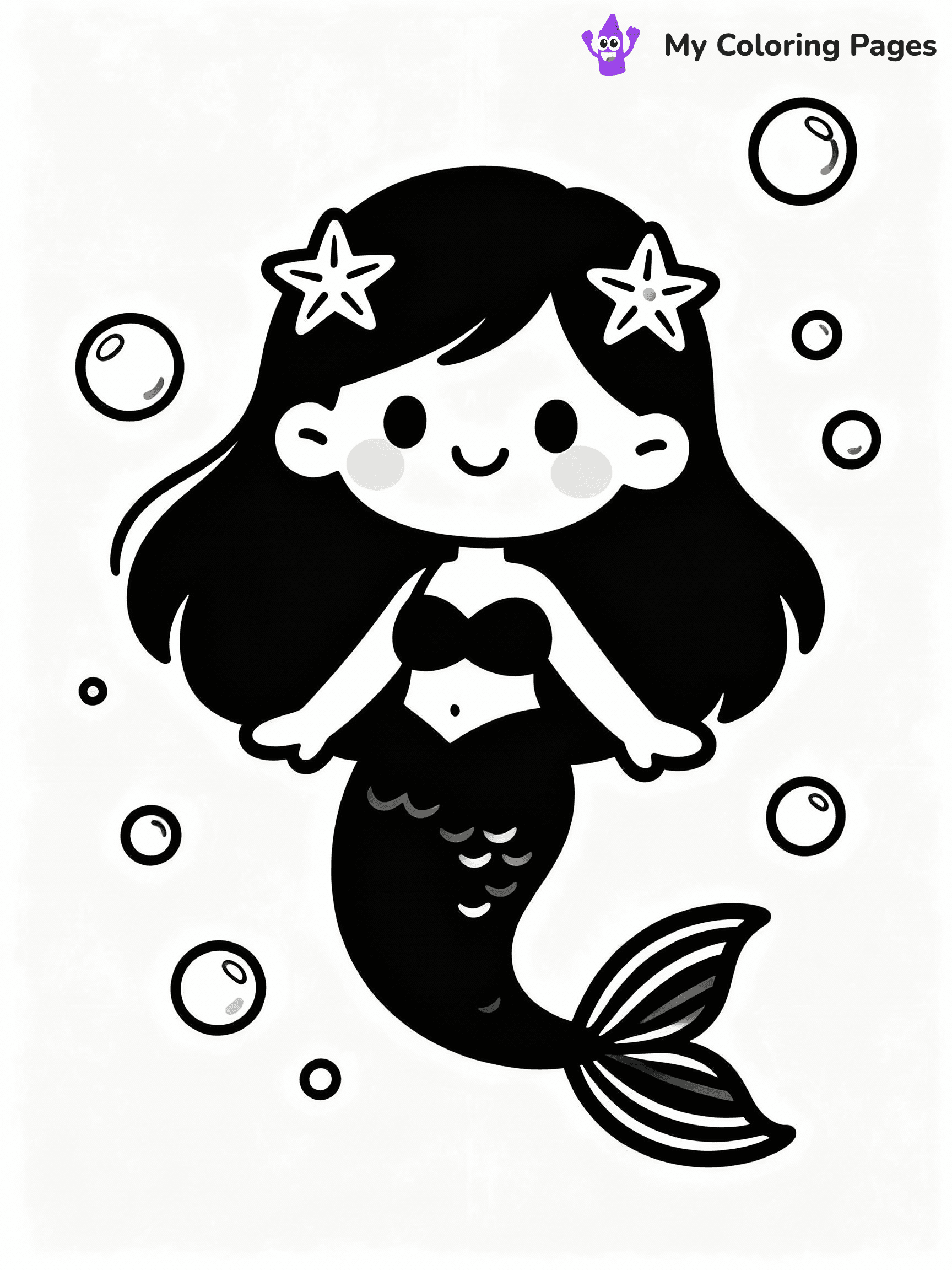 ⚠️ CRITICAL REQUIREMENT - ABSOLUTE BLACK AND WHITE ONLY ⚠️
This MUST be a BLACK AND WHITE line drawing ONLY. NO COLORS whatsoever.
- ONLY pure black lines (#000000) on pure white background (#FFFFFF)
- ABSOLUTELY NO colors, NO shading, NO gradients, NO grayscale
- If there are ANY colors in the output, the image is REJECTED
- This is a COLORING PAGE - meant to be COLORED IN by children
- The output must be UNCOLORED line art ready for coloring
⚠️ SUBJECT TO DRAW: Kawaii mermaid with starfish hairpins, smiling and floating among bubbles. Important: PURE OUTLINES. NO FILLS, COLOR, SHADING, OR GREYSCALE. WHITE BACKGROUND.
(REMEMBER: Output must be BLACK AND WHITE line art only, NOT colored!)
# Flat, Friendly Cartoon Line-Art Coloring Page
You are generating a **pure black-and-white binary image** of a child-friendly cartoon scene combining characters and background scenery in one cohesive composition.
## Rendering Rules (Strict)
- Only two colors: pure black (#000000) outlines and pure white (#FFFFFF) background.
- No grayscale, shading, gradients, tints, fills, transparency, or partial pixels.
- No antialiasing or blended edges; every pixel is 100% black or white.
- No solid black fills inside shapes — all areas inside outlines must remain white.
- No dark clothing areas or filled tone blocks; all garments outlined only.
- No shadows, textures, lighting, or tonal variations.
- Must look like flat binary vector line-art for coloring pages.
## Drawing & Composition
- **Medium, consistent line weight**; clean closed outlines easy to color inside.
- **Flat, simple, child-friendly design** — no realism or 3D depth.
- Characters are **grounded on a surface**, centered and large.
- **Balanced composition** with clear silhouettes and minimal props.
## Scenery & Style
- Landmarks (e.g., mosque, CN Tower) and scenery (trees, benches, waves) drawn with **black outlines only.**
- For real-world figures, teams, or places, show accurate details using only black outlines—no text or logos. Use distinctive uniform patterns, abstract symbols, and landmark silhouettes to convey identity.
- Keep **consistent perspective**; no floating elements.
- **Style:** whimsical **Doodle Art Alley** — rounded, friendly outlines.
- May adapt shapes from **Crayola, Disney, Peppa Pig, Cocomelon** — *by shape only, never color.*
- Final output: **flat, crisp, binary (#000000/#FFFFFF)**, **no filled color or background text.**
EXTREMELYE IMPORTANT:
- PURE BINARY LINE-ART; NO FILLS (HAIR/CLOTHES/SKIN), SHADING, OR GREY.
- NO SHADING, COLOR. MUST BE WHITE BACKGROUND.
⚠️ FINAL REMINDER: Draw the subject "Kawaii mermaid with starfish hairpins, smiling and floating among bubbles. Important: PURE OUTLINES. NO FILLS, COLOR, SHADING, OR GREYSCALE. WHITE BACKGROUND." as BLACK AND WHITE line art. Zero colors in output.