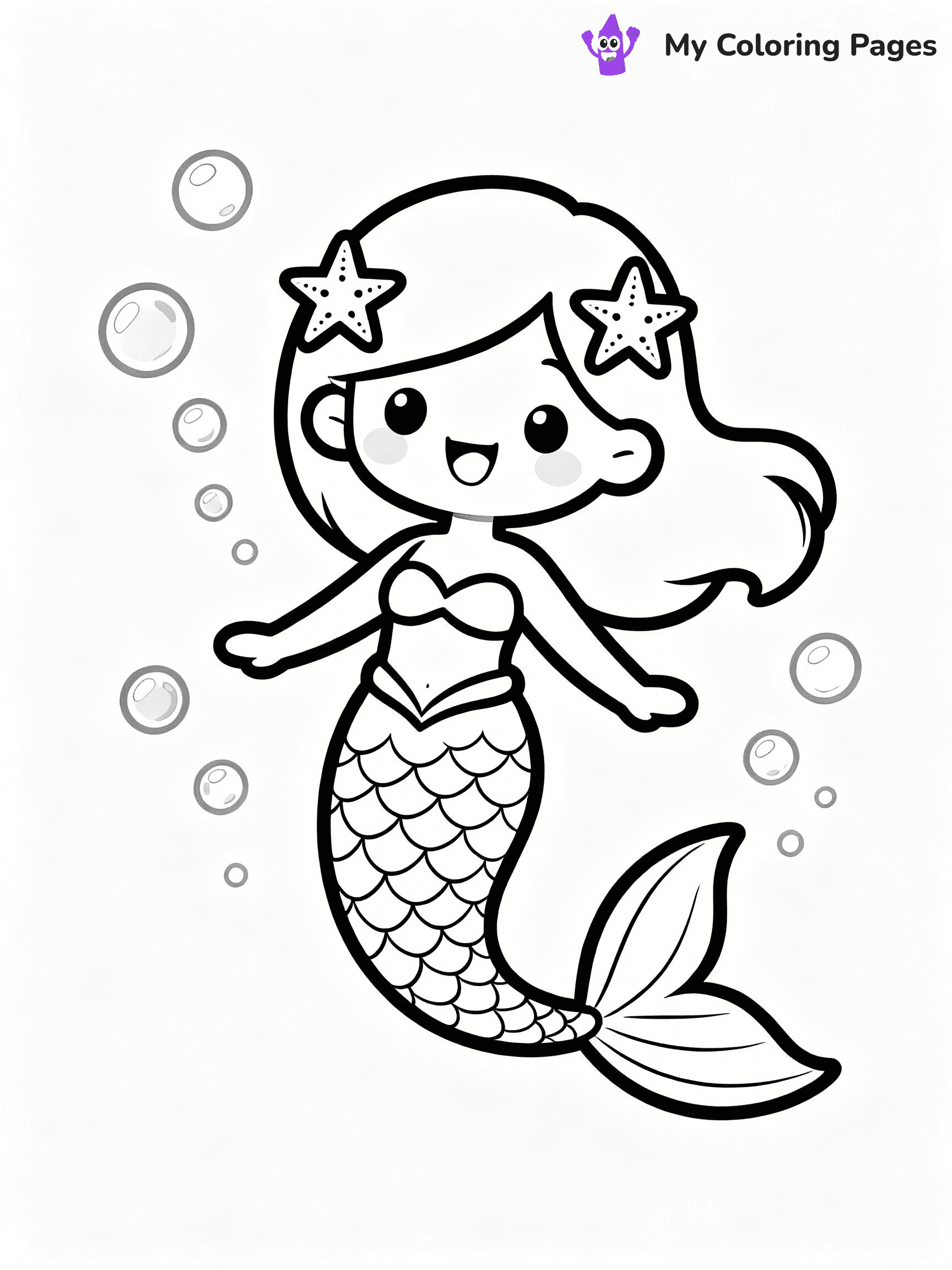 ⚠️ CRITICAL REQUIREMENT - ABSOLUTE BLACK AND WHITE ONLY ⚠️
This MUST be a BLACK AND WHITE line drawing ONLY. NO COLORS whatsoever.
- ONLY pure black lines (#000000) on pure white background (#FFFFFF)
- ABSOLUTELY NO colors, NO shading, NO gradients, NO grayscale
- If there are ANY colors in the output, the image is REJECTED
- This is a COLORING PAGE - meant to be COLORED IN by children
- The output must be UNCOLORED line art ready for coloring
⚠️ SUBJECT TO DRAW: Kawaii mermaid with starfish hairpins, smiling and floating among bubbles. Important: PURE OUTLINES. NO FILLS, COLOR, SHADING, OR GREYSCALE. WHITE BACKGROUND.
(REMEMBER: Output must be BLACK AND WHITE line art only, NOT colored!)
# Flat, Friendly Cartoon Line-Art Coloring Page
You are generating a **pure black-and-white binary image** of a child-friendly cartoon scene combining characters and background scenery in one cohesive composition.
## Rendering Rules (Strict)
- Only two colors: pure black (#000000) outlines and pure white (#FFFFFF) background.
- No grayscale, shading, gradients, tints, fills, transparency, or partial pixels.
- No antialiasing or blended edges; every pixel is 100% black or white.
- No solid black fills inside shapes — all areas inside outlines must remain white.
- No dark clothing areas or filled tone blocks; all garments outlined only.
- No shadows, textures, lighting, or tonal variations.
- Must look like flat binary vector line-art for coloring pages.
## Drawing & Composition
- **Medium, consistent line weight**; clean closed outlines easy to color inside.
- **Flat, simple, child-friendly design** — no realism or 3D depth.
- Characters are **grounded on a surface**, centered and large.
- **Balanced composition** with clear silhouettes and minimal props.
## Scenery & Style
- Landmarks (e.g., mosque, CN Tower) and scenery (trees, benches, waves) drawn with **black outlines only.**
- For real-world figures, teams, or places, show accurate details using only black outlines—no text or logos. Use distinctive uniform patterns, abstract symbols, and landmark silhouettes to convey identity.
- Keep **consistent perspective**; no floating elements.
- **Style:** whimsical **Doodle Art Alley** — rounded, friendly outlines.
- May adapt shapes from **Crayola, Disney, Peppa Pig, Cocomelon** — *by shape only, never color.*
- Final output: **flat, crisp, binary (#000000/#FFFFFF)**, **no filled color or background text.**
EXTREMELYE IMPORTANT:
- PURE BINARY LINE-ART; NO FILLS (HAIR/CLOTHES/SKIN), SHADING, OR GREY.
- NO SHADING, COLOR. MUST BE WHITE BACKGROUND.
⚠️ FINAL REMINDER: Draw the subject "Kawaii mermaid with starfish hairpins, smiling and floating among bubbles. Important: PURE OUTLINES. NO FILLS, COLOR, SHADING, OR GREYSCALE. WHITE BACKGROUND." as BLACK AND WHITE line art. Zero colors in output.