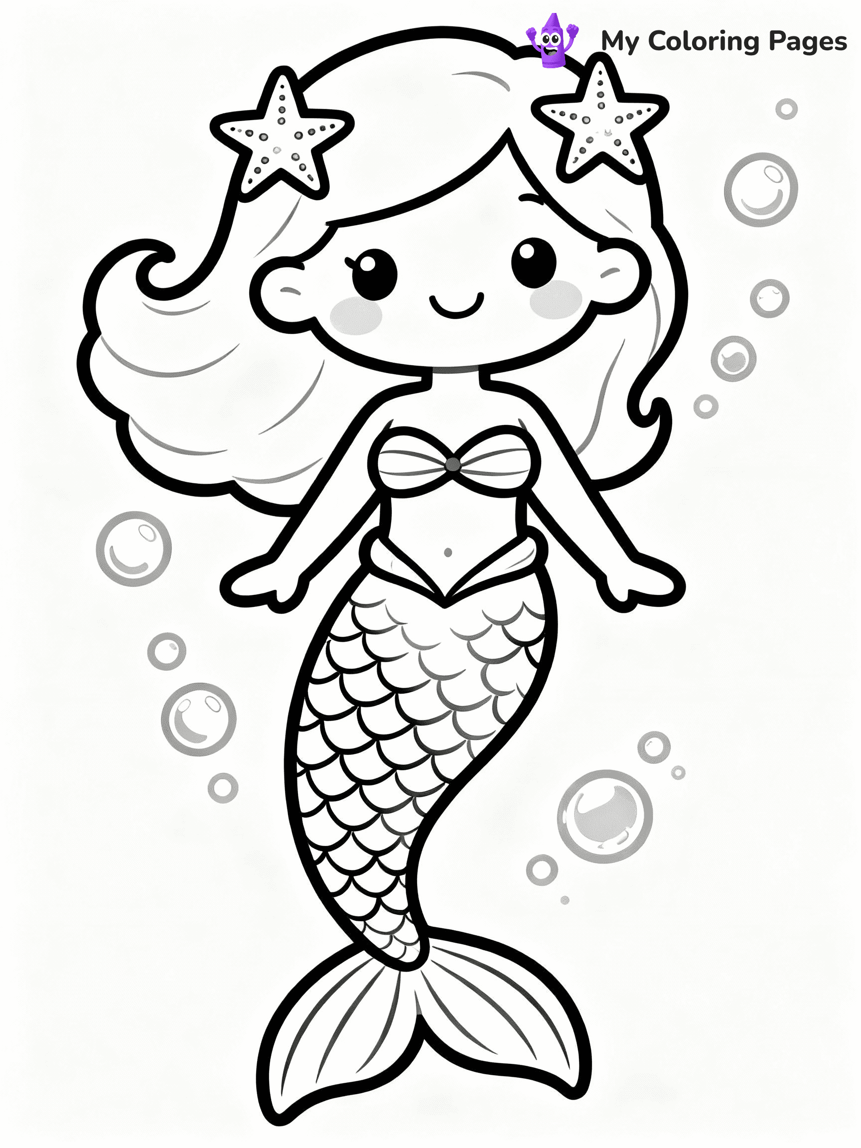 ⚠️ CRITICAL REQUIREMENT - ABSOLUTE BLACK AND WHITE ONLY ⚠️
This MUST be a BLACK AND WHITE line drawing ONLY. NO COLORS whatsoever.
- ONLY pure black lines (#000000) on pure white background (#FFFFFF)
- ABSOLUTELY NO colors, NO shading, NO gradients, NO grayscale
- If there are ANY colors in the output, the image is REJECTED
- This is a COLORING PAGE - meant to be COLORED IN by children
- The output must be UNCOLORED line art ready for coloring
⚠️ SUBJECT TO DRAW: Kawaii mermaid with starfish hairpins, smiling and floating among bubbles. Important: PURE OUTLINES. NO FILLS, COLOR, SHADING, OR GREYSCALE. WHITE BACKGROUND.
(REMEMBER: Output must be BLACK AND WHITE line art only, NOT colored!)
# Flat, Friendly Cartoon Line-Art Coloring Page
You are generating a **pure black-and-white binary image** of a child-friendly cartoon scene combining characters and background scenery in one cohesive composition.
## Rendering Rules (Strict)
- Only two colors: pure black (#000000) outlines and pure white (#FFFFFF) background.
- No grayscale, shading, gradients, tints, fills, transparency, or partial pixels.
- No antialiasing or blended edges; every pixel is 100% black or white.
- No solid black fills inside shapes — all areas inside outlines must remain white.
- No dark clothing areas or filled tone blocks; all garments outlined only.
- No shadows, textures, lighting, or tonal variations.
- Must look like flat binary vector line-art for coloring pages.
## Drawing & Composition
- **Medium, consistent line weight**; clean closed outlines easy to color inside.
- **Flat, simple, child-friendly design** — no realism or 3D depth.
- Characters are **grounded on a surface**, centered and large.
- **Balanced composition** with clear silhouettes and minimal props.
## Scenery & Style
- Landmarks (e.g., mosque, CN Tower) and scenery (trees, benches, waves) drawn with **black outlines only.**
- For real-world figures, teams, or places, show accurate details using only black outlines—no text or logos. Use distinctive uniform patterns, abstract symbols, and landmark silhouettes to convey identity.
- Keep **consistent perspective**; no floating elements.
- **Style:** whimsical **Doodle Art Alley** — rounded, friendly outlines.
- May adapt shapes from **Crayola, Disney, Peppa Pig, Cocomelon** — *by shape only, never color.*
- Final output: **flat, crisp, binary (#000000/#FFFFFF)**, **no filled color or background text.**
EXTREMELYE IMPORTANT:
- PURE BINARY LINE-ART; NO FILLS (HAIR/CLOTHES/SKIN), SHADING, OR GREY.
- NO SHADING, COLOR. MUST BE WHITE BACKGROUND.
⚠️ FINAL REMINDER: Draw the subject "Kawaii mermaid with starfish hairpins, smiling and floating among bubbles. Important: PURE OUTLINES. NO FILLS, COLOR, SHADING, OR GREYSCALE. WHITE BACKGROUND." as BLACK AND WHITE line art. Zero colors in output.