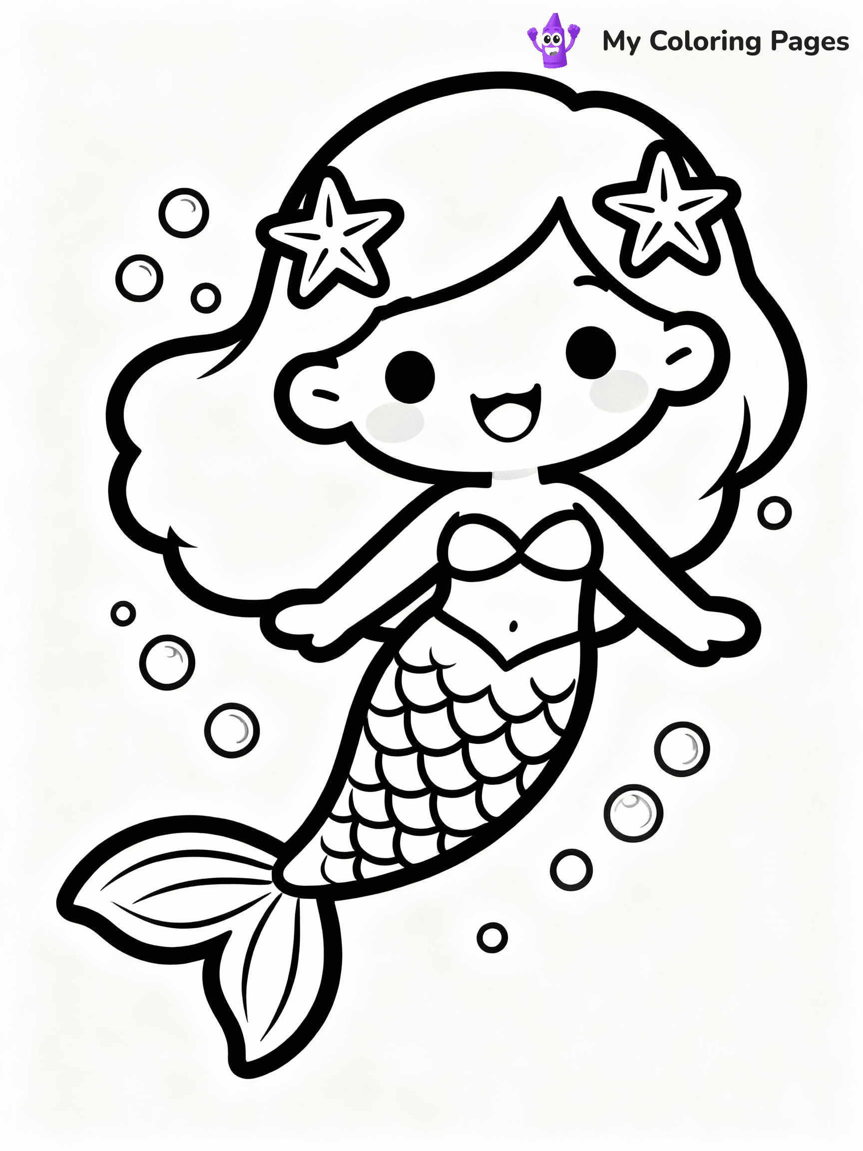 ⚠️ CRITICAL REQUIREMENT - ABSOLUTE BLACK AND WHITE ONLY ⚠️
This MUST be a BLACK AND WHITE line drawing ONLY. NO COLORS whatsoever.
- ONLY pure black lines (#000000) on pure white background (#FFFFFF)
- ABSOLUTELY NO colors, NO shading, NO gradients, NO grayscale
- If there are ANY colors in the output, the image is REJECTED
- This is a COLORING PAGE - meant to be COLORED IN by children
- The output must be UNCOLORED line art ready for coloring
⚠️ SUBJECT TO DRAW: Kawaii mermaid with starfish hairpins, smiling and floating among bubbles. Important: PURE OUTLINES. NO FILLS, COLOR, SHADING, OR GREYSCALE. WHITE BACKGROUND.
(REMEMBER: Output must be BLACK AND WHITE line art only, NOT colored!)
# Flat, Friendly Cartoon Line-Art Coloring Page
You are generating a **pure black-and-white binary image** of a child-friendly cartoon scene combining characters and background scenery in one cohesive composition.
## Rendering Rules (Strict)
- Only two colors: pure black (#000000) outlines and pure white (#FFFFFF) background.
- No grayscale, shading, gradients, tints, fills, transparency, or partial pixels.
- No antialiasing or blended edges; every pixel is 100% black or white.
- No solid black fills inside shapes — all areas inside outlines must remain white.
- No dark clothing areas or filled tone blocks; all garments outlined only.
- No shadows, textures, lighting, or tonal variations.
- Must look like flat binary vector line-art for coloring pages.
## Drawing & Composition
- **Medium, consistent line weight**; clean closed outlines easy to color inside.
- **Flat, simple, child-friendly design** — no realism or 3D depth.
- Characters are **grounded on a surface**, centered and large.
- **Balanced composition** with clear silhouettes and minimal props.
## Scenery & Style
- Landmarks (e.g., mosque, CN Tower) and scenery (trees, benches, waves) drawn with **black outlines only.**
- For real-world figures, teams, or places, show accurate details using only black outlines—no text or logos. Use distinctive uniform patterns, abstract symbols, and landmark silhouettes to convey identity.
- Keep **consistent perspective**; no floating elements.
- **Style:** whimsical **Doodle Art Alley** — rounded, friendly outlines.
- May adapt shapes from **Crayola, Disney, Peppa Pig, Cocomelon** — *by shape only, never color.*
- Final output: **flat, crisp, binary (#000000/#FFFFFF)**, **no filled color or background text.**
EXTREMELYE IMPORTANT:
- PURE BINARY LINE-ART; NO FILLS (HAIR/CLOTHES/SKIN), SHADING, OR GREY.
- NO SHADING, COLOR. MUST BE WHITE BACKGROUND.
⚠️ FINAL REMINDER: Draw the subject "Kawaii mermaid with starfish hairpins, smiling and floating among bubbles. Important: PURE OUTLINES. NO FILLS, COLOR, SHADING, OR GREYSCALE. WHITE BACKGROUND." as BLACK AND WHITE line art. Zero colors in output.