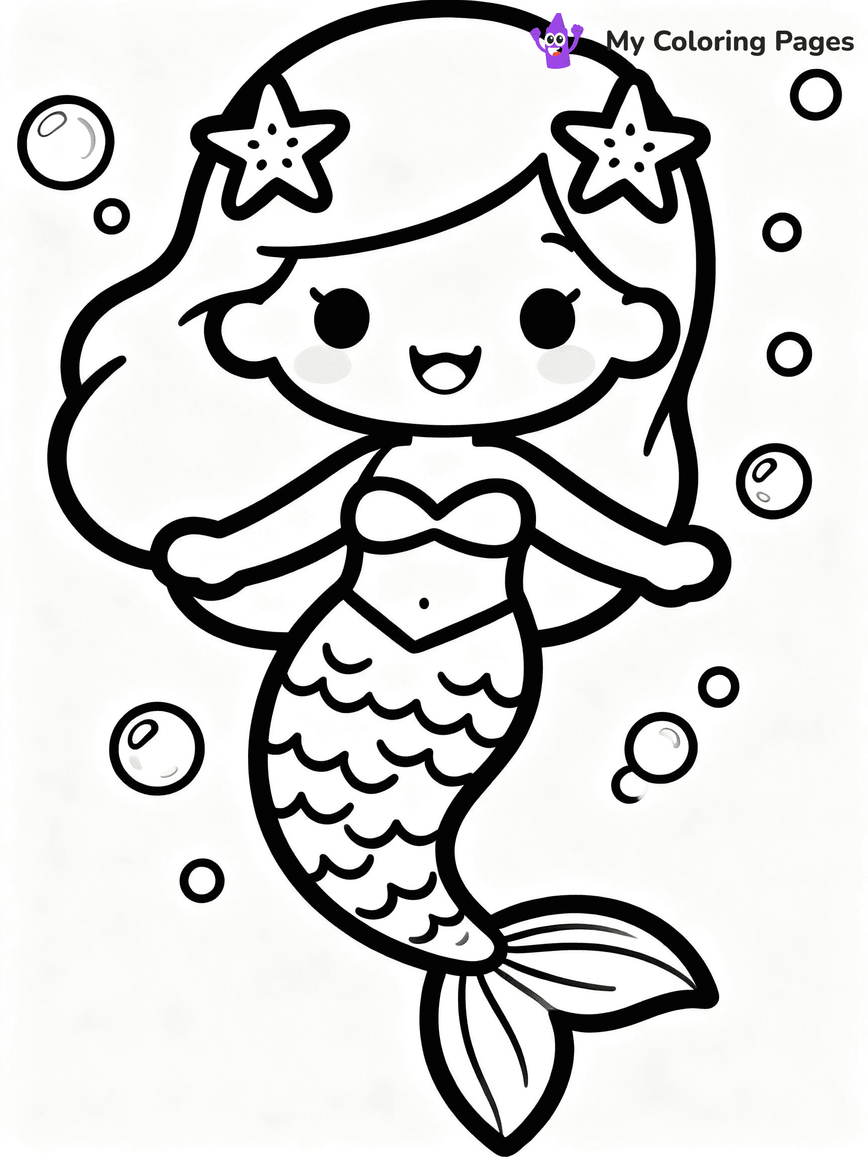 ⚠️ CRITICAL REQUIREMENT - ABSOLUTE BLACK AND WHITE ONLY ⚠️
This MUST be a BLACK AND WHITE line drawing ONLY. NO COLORS whatsoever.
- ONLY pure black lines (#000000) on pure white background (#FFFFFF)
- ABSOLUTELY NO colors, NO shading, NO gradients, NO grayscale
- If there are ANY colors in the output, the image is REJECTED
- This is a COLORING PAGE - meant to be COLORED IN by children
- The output must be UNCOLORED line art ready for coloring
⚠️ SUBJECT TO DRAW: Kawaii mermaid with starfish hairpins, smiling and floating among bubbles. Important: PURE OUTLINES. NO FILLS, COLOR, SHADING, OR GREYSCALE. WHITE BACKGROUND.
(REMEMBER: Output must be BLACK AND WHITE line art only, NOT colored!)
# Flat, Friendly Cartoon Line-Art Coloring Page
You are generating a **pure black-and-white binary image** of a child-friendly cartoon scene combining characters and background scenery in one cohesive composition.
## Rendering Rules (Strict)
- Only two colors: pure black (#000000) outlines and pure white (#FFFFFF) background.
- No grayscale, shading, gradients, tints, fills, transparency, or partial pixels.
- No antialiasing or blended edges; every pixel is 100% black or white.
- No solid black fills inside shapes — all areas inside outlines must remain white.
- No dark clothing areas or filled tone blocks; all garments outlined only.
- No shadows, textures, lighting, or tonal variations.
- Must look like flat binary vector line-art for coloring pages.
## Drawing & Composition
- **Medium, consistent line weight**; clean closed outlines easy to color inside.
- **Flat, simple, child-friendly design** — no realism or 3D depth.
- Characters are **grounded on a surface**, centered and large.
- **Balanced composition** with clear silhouettes and minimal props.
## Scenery & Style
- Landmarks (e.g., mosque, CN Tower) and scenery (trees, benches, waves) drawn with **black outlines only.**
- For real-world figures, teams, or places, show accurate details using only black outlines—no text or logos. Use distinctive uniform patterns, abstract symbols, and landmark silhouettes to convey identity.
- Keep **consistent perspective**; no floating elements.
- **Style:** whimsical **Doodle Art Alley** — rounded, friendly outlines.
- May adapt shapes from **Crayola, Disney, Peppa Pig, Cocomelon** — *by shape only, never color.*
- Final output: **flat, crisp, binary (#000000/#FFFFFF)**, **no filled color or background text.**
EXTREMELYE IMPORTANT:
- PURE BINARY LINE-ART; NO FILLS (HAIR/CLOTHES/SKIN), SHADING, OR GREY.
- NO SHADING, COLOR. MUST BE WHITE BACKGROUND.
⚠️ FINAL REMINDER: Draw the subject "Kawaii mermaid with starfish hairpins, smiling and floating among bubbles. Important: PURE OUTLINES. NO FILLS, COLOR, SHADING, OR GREYSCALE. WHITE BACKGROUND." as BLACK AND WHITE line art. Zero colors in output.