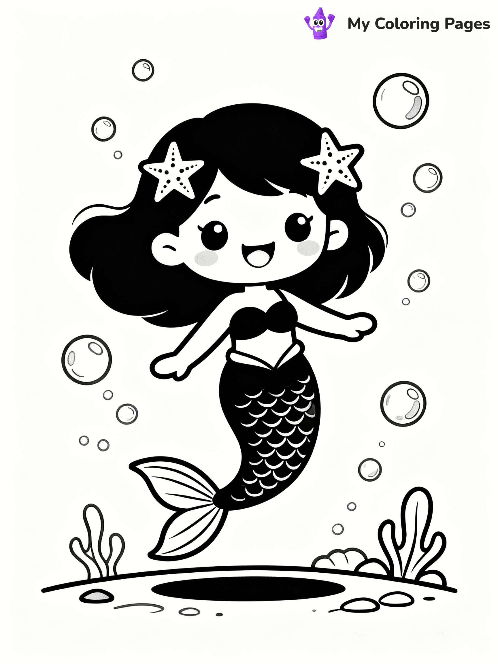 ⚠️ CRITICAL REQUIREMENT - ABSOLUTE BLACK AND WHITE ONLY ⚠️
This MUST be a BLACK AND WHITE line drawing ONLY. NO COLORS whatsoever.
- ONLY pure black lines (#000000) on pure white background (#FFFFFF)
- ABSOLUTELY NO colors, NO shading, NO gradients, NO grayscale
- If there are ANY colors in the output, the image is REJECTED
- This is a COLORING PAGE - meant to be COLORED IN by children
- The output must be UNCOLORED line art ready for coloring
⚠️ SUBJECT TO DRAW: Kawaii mermaid with starfish hairpins, smiling and floating among bubbles. Important: PURE OUTLINES. NO FILLS, COLOR, SHADING, OR GREYSCALE. WHITE BACKGROUND.
(REMEMBER: Output must be BLACK AND WHITE line art only, NOT colored!)
# Flat, Friendly Cartoon Line-Art Coloring Page
You are generating a **pure black-and-white binary image** of a child-friendly cartoon scene combining characters and background scenery in one cohesive composition.
## Rendering Rules (Strict)
- Only two colors: pure black (#000000) outlines and pure white (#FFFFFF) background.
- No grayscale, shading, gradients, tints, fills, transparency, or partial pixels.
- No antialiasing or blended edges; every pixel is 100% black or white.
- No solid black fills inside shapes — all areas inside outlines must remain white.
- No dark clothing areas or filled tone blocks; all garments outlined only.
- No shadows, textures, lighting, or tonal variations.
- Must look like flat binary vector line-art for coloring pages.
## Drawing & Composition
- **Medium, consistent line weight**; clean closed outlines easy to color inside.
- **Flat, simple, child-friendly design** — no realism or 3D depth.
- Characters are **grounded on a surface**, centered and large.
- **Balanced composition** with clear silhouettes and minimal props.
## Scenery & Style
- Landmarks (e.g., mosque, CN Tower) and scenery (trees, benches, waves) drawn with **black outlines only.**
- For real-world figures, teams, or places, show accurate details using only black outlines—no text or logos. Use distinctive uniform patterns, abstract symbols, and landmark silhouettes to convey identity.
- Keep **consistent perspective**; no floating elements.
- **Style:** whimsical **Doodle Art Alley** — rounded, friendly outlines.
- May adapt shapes from **Crayola, Disney, Peppa Pig, Cocomelon** — *by shape only, never color.*
- Final output: **flat, crisp, binary (#000000/#FFFFFF)**, **no filled color or background text.**
EXTREMELYE IMPORTANT:
- PURE BINARY LINE-ART; NO FILLS (HAIR/CLOTHES/SKIN), SHADING, OR GREY.
- NO SHADING, COLOR. MUST BE WHITE BACKGROUND.
⚠️ FINAL REMINDER: Draw the subject "Kawaii mermaid with starfish hairpins, smiling and floating among bubbles. Important: PURE OUTLINES. NO FILLS, COLOR, SHADING, OR GREYSCALE. WHITE BACKGROUND." as BLACK AND WHITE line art. Zero colors in output.