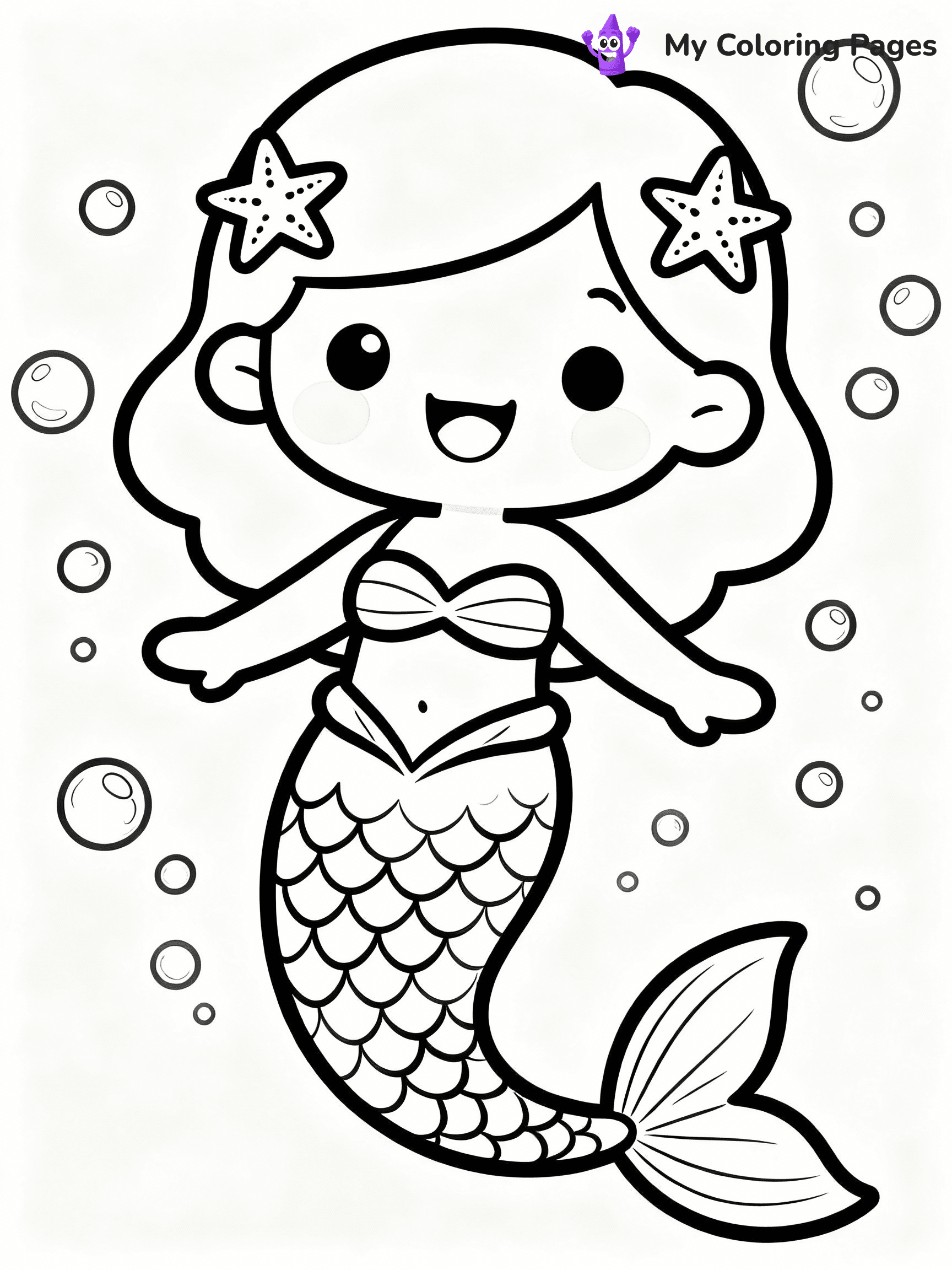 ⚠️ CRITICAL REQUIREMENT - ABSOLUTE BLACK AND WHITE ONLY ⚠️
This MUST be a BLACK AND WHITE line drawing ONLY. NO COLORS whatsoever.
- ONLY pure black lines (#000000) on pure white background (#FFFFFF)
- ABSOLUTELY NO colors, NO shading, NO gradients, NO grayscale
- If there are ANY colors in the output, the image is REJECTED
- This is a COLORING PAGE - meant to be COLORED IN by children
- The output must be UNCOLORED line art ready for coloring
⚠️ SUBJECT TO DRAW: Kawaii mermaid with starfish hairpins, smiling and floating among bubbles. Important: PURE OUTLINES. NO FILLS, COLOR, SHADING, OR GREYSCALE. WHITE BACKGROUND.
(REMEMBER: Output must be BLACK AND WHITE line art only, NOT colored!)
# Flat, Friendly Cartoon Line-Art Coloring Page
You are generating a **pure black-and-white binary image** of a child-friendly cartoon scene combining characters and background scenery in one cohesive composition.
## Rendering Rules (Strict)
- Only two colors: pure black (#000000) outlines and pure white (#FFFFFF) background.
- No grayscale, shading, gradients, tints, fills, transparency, or partial pixels.
- No antialiasing or blended edges; every pixel is 100% black or white.
- No solid black fills inside shapes — all areas inside outlines must remain white.
- No dark clothing areas or filled tone blocks; all garments outlined only.
- No shadows, textures, lighting, or tonal variations.
- Must look like flat binary vector line-art for coloring pages.
## Drawing & Composition
- **Medium, consistent line weight**; clean closed outlines easy to color inside.
- **Flat, simple, child-friendly design** — no realism or 3D depth.
- Characters are **grounded on a surface**, centered and large.
- **Balanced composition** with clear silhouettes and minimal props.
## Scenery & Style
- Landmarks (e.g., mosque, CN Tower) and scenery (trees, benches, waves) drawn with **black outlines only.**
- For real-world figures, teams, or places, show accurate details using only black outlines—no text or logos. Use distinctive uniform patterns, abstract symbols, and landmark silhouettes to convey identity.
- Keep **consistent perspective**; no floating elements.
- **Style:** whimsical **Doodle Art Alley** — rounded, friendly outlines.
- May adapt shapes from **Crayola, Disney, Peppa Pig, Cocomelon** — *by shape only, never color.*
- Final output: **flat, crisp, binary (#000000/#FFFFFF)**, **no filled color or background text.**
EXTREMELYE IMPORTANT:
- PURE BINARY LINE-ART; NO FILLS (HAIR/CLOTHES/SKIN), SHADING, OR GREY.
- NO SHADING, COLOR. MUST BE WHITE BACKGROUND.
⚠️ FINAL REMINDER: Draw the subject "Kawaii mermaid with starfish hairpins, smiling and floating among bubbles. Important: PURE OUTLINES. NO FILLS, COLOR, SHADING, OR GREYSCALE. WHITE BACKGROUND." as BLACK AND WHITE line art. Zero colors in output.