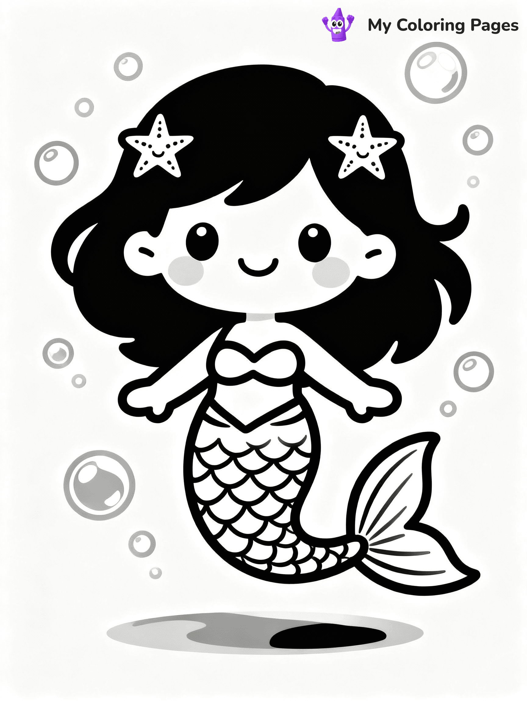 ⚠️ CRITICAL REQUIREMENT - ABSOLUTE BLACK AND WHITE ONLY ⚠️
This MUST be a BLACK AND WHITE line drawing ONLY. NO COLORS whatsoever.
- ONLY pure black lines (#000000) on pure white background (#FFFFFF)
- ABSOLUTELY NO colors, NO shading, NO gradients, NO grayscale
- If there are ANY colors in the output, the image is REJECTED
- This is a COLORING PAGE - meant to be COLORED IN by children
- The output must be UNCOLORED line art ready for coloring
⚠️ SUBJECT TO DRAW: Kawaii mermaid with starfish hairpins, smiling and floating among bubbles. Important: PURE OUTLINES. NO FILLS, COLOR, SHADING, OR GREYSCALE. WHITE BACKGROUND.
(REMEMBER: Output must be BLACK AND WHITE line art only, NOT colored!)
# Flat, Friendly Cartoon Line-Art Coloring Page
You are generating a **pure black-and-white binary image** of a child-friendly cartoon scene combining characters and background scenery in one cohesive composition.
## Rendering Rules (Strict)
- Only two colors: pure black (#000000) outlines and pure white (#FFFFFF) background.
- No grayscale, shading, gradients, tints, fills, transparency, or partial pixels.
- No antialiasing or blended edges; every pixel is 100% black or white.
- No solid black fills inside shapes — all areas inside outlines must remain white.
- No dark clothing areas or filled tone blocks; all garments outlined only.
- No shadows, textures, lighting, or tonal variations.
- Must look like flat binary vector line-art for coloring pages.
## Drawing & Composition
- **Medium, consistent line weight**; clean closed outlines easy to color inside.
- **Flat, simple, child-friendly design** — no realism or 3D depth.
- Characters are **grounded on a surface**, centered and large.
- **Balanced composition** with clear silhouettes and minimal props.
## Scenery & Style
- Landmarks (e.g., mosque, CN Tower) and scenery (trees, benches, waves) drawn with **black outlines only.**
- For real-world figures, teams, or places, show accurate details using only black outlines—no text or logos. Use distinctive uniform patterns, abstract symbols, and landmark silhouettes to convey identity.
- Keep **consistent perspective**; no floating elements.
- **Style:** whimsical **Doodle Art Alley** — rounded, friendly outlines.
- May adapt shapes from **Crayola, Disney, Peppa Pig, Cocomelon** — *by shape only, never color.*
- Final output: **flat, crisp, binary (#000000/#FFFFFF)**, **no filled color or background text.**
EXTREMELYE IMPORTANT:
- PURE BINARY LINE-ART; NO FILLS (HAIR/CLOTHES/SKIN), SHADING, OR GREY.
- NO SHADING, COLOR. MUST BE WHITE BACKGROUND.
⚠️ FINAL REMINDER: Draw the subject "Kawaii mermaid with starfish hairpins, smiling and floating among bubbles. Important: PURE OUTLINES. NO FILLS, COLOR, SHADING, OR GREYSCALE. WHITE BACKGROUND." as BLACK AND WHITE line art. Zero colors in output.