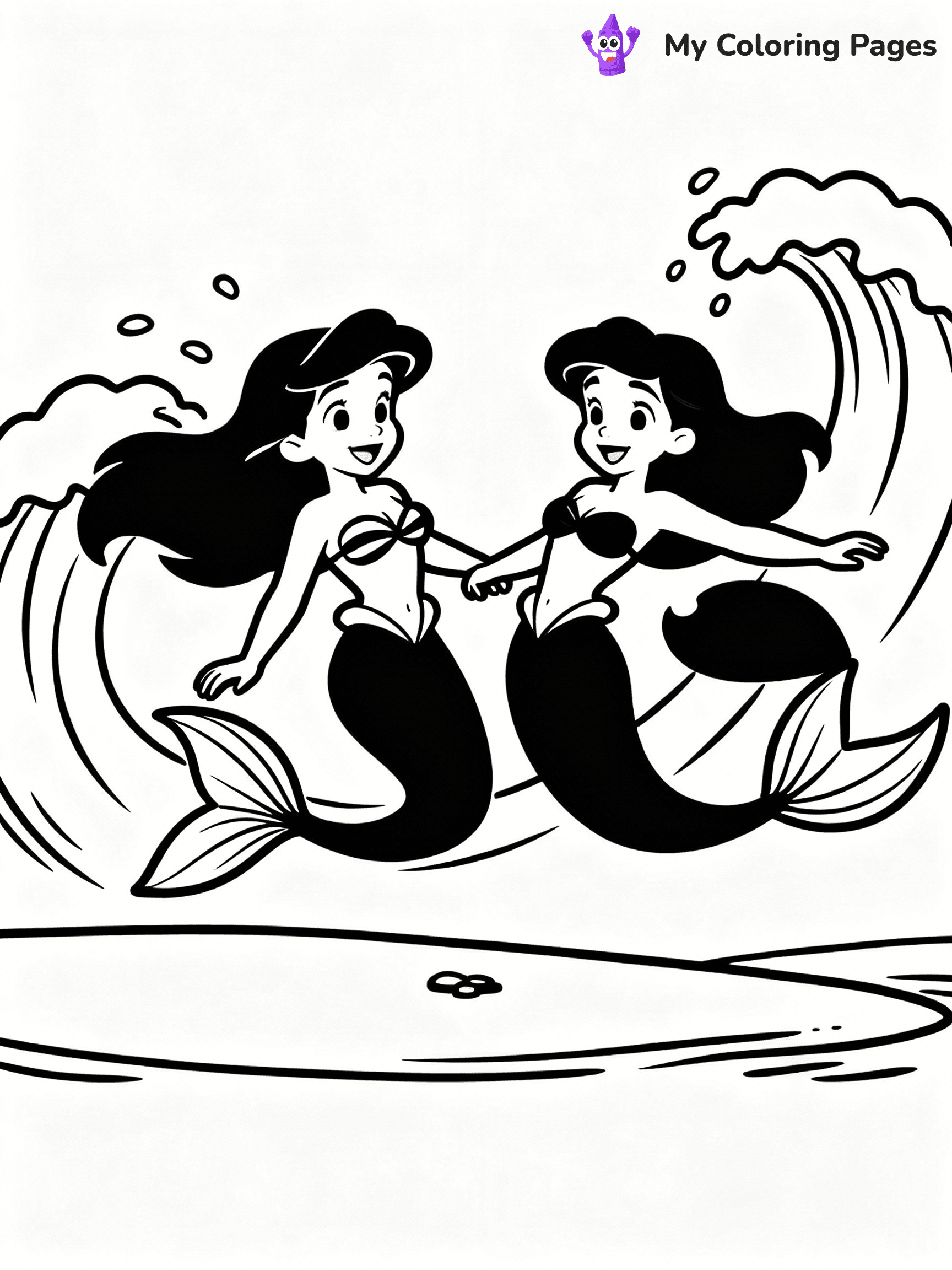 ⚠️ CRITICAL REQUIREMENT - ABSOLUTE BLACK AND WHITE ONLY ⚠️
This MUST be a BLACK AND WHITE line drawing ONLY. NO COLORS whatsoever.
- ONLY pure black lines (#000000) on pure white background (#FFFFFF)
- ABSOLUTELY NO colors, NO shading, NO gradients, NO grayscale
- If there are ANY colors in the output, the image is REJECTED
- This is a COLORING PAGE - meant to be COLORED IN by children
- The output must be UNCOLORED line art ready for coloring
⚠️ SUBJECT TO DRAW: Mermaids from Disney-style swimming together, tails splashing, ocean waves behind. Important: PURE OUTLINES. NO FILLS, COLOR, SHADING, OR GREYSCALE. WHITE BACKGROUND.
(REMEMBER: Output must be BLACK AND WHITE line art only, NOT colored!)
# Flat, Friendly Cartoon Line-Art Coloring Page
You are generating a **pure black-and-white binary image** of a child-friendly cartoon scene combining characters and background scenery in one cohesive composition.
## Rendering Rules (Strict)
- Only two colors: pure black (#000000) outlines and pure white (#FFFFFF) background.
- No grayscale, shading, gradients, tints, fills, transparency, or partial pixels.
- No antialiasing or blended edges; every pixel is 100% black or white.
- No solid black fills inside shapes — all areas inside outlines must remain white.
- No dark clothing areas or filled tone blocks; all garments outlined only.
- No shadows, textures, lighting, or tonal variations.
- Must look like flat binary vector line-art for coloring pages.
## Drawing & Composition
- **Medium, consistent line weight**; clean closed outlines easy to color inside.
- **Flat, simple, child-friendly design** — no realism or 3D depth.
- Characters are **grounded on a surface**, centered and large.
- **Balanced composition** with clear silhouettes and minimal props.
## Scenery & Style
- Landmarks (e.g., mosque, CN Tower) and scenery (trees, benches, waves) drawn with **black outlines only.**
- For real-world figures, teams, or places, show accurate details using only black outlines—no text or logos. Use distinctive uniform patterns, abstract symbols, and landmark silhouettes to convey identity.
- Keep **consistent perspective**; no floating elements.
- **Style:** whimsical **Doodle Art Alley** — rounded, friendly outlines.
- May adapt shapes from **Crayola, Disney, Peppa Pig, Cocomelon** — *by shape only, never color.*
- Final output: **flat, crisp, binary (#000000/#FFFFFF)**, **no filled color or background text.**
EXTREMELYE IMPORTANT:
- PURE BINARY LINE-ART; NO FILLS (HAIR/CLOTHES/SKIN), SHADING, OR GREY.
- NO SHADING, COLOR. MUST BE WHITE BACKGROUND.
⚠️ FINAL REMINDER: Draw the subject "Mermaids from Disney-style swimming together, tails splashing, ocean waves behind. Important: PURE OUTLINES. NO FILLS, COLOR, SHADING, OR GREYSCALE. WHITE BACKGROUND." as BLACK AND WHITE line art. Zero colors in output.