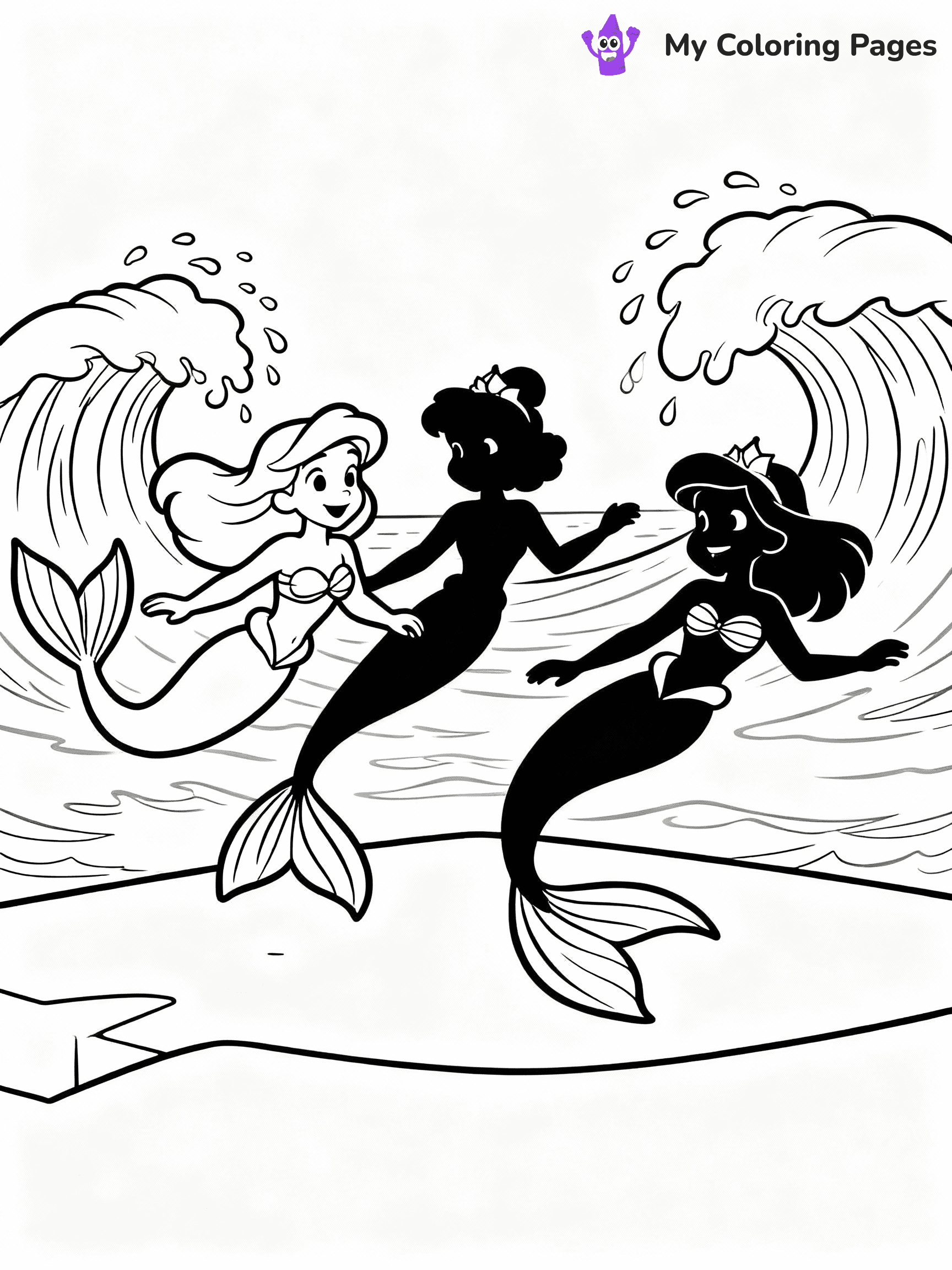 ⚠️ CRITICAL REQUIREMENT - ABSOLUTE BLACK AND WHITE ONLY ⚠️
This MUST be a BLACK AND WHITE line drawing ONLY. NO COLORS whatsoever.
- ONLY pure black lines (#000000) on pure white background (#FFFFFF)
- ABSOLUTELY NO colors, NO shading, NO gradients, NO grayscale
- If there are ANY colors in the output, the image is REJECTED
- This is a COLORING PAGE - meant to be COLORED IN by children
- The output must be UNCOLORED line art ready for coloring
⚠️ SUBJECT TO DRAW: Mermaids from Disney-style swimming together, tails splashing, ocean waves behind. Important: PURE OUTLINES. NO FILLS, COLOR, SHADING, OR GREYSCALE. WHITE BACKGROUND.
(REMEMBER: Output must be BLACK AND WHITE line art only, NOT colored!)
# Flat, Friendly Cartoon Line-Art Coloring Page
You are generating a **pure black-and-white binary image** of a child-friendly cartoon scene combining characters and background scenery in one cohesive composition.
## Rendering Rules (Strict)
- Only two colors: pure black (#000000) outlines and pure white (#FFFFFF) background.
- No grayscale, shading, gradients, tints, fills, transparency, or partial pixels.
- No antialiasing or blended edges; every pixel is 100% black or white.
- No solid black fills inside shapes — all areas inside outlines must remain white.
- No dark clothing areas or filled tone blocks; all garments outlined only.
- No shadows, textures, lighting, or tonal variations.
- Must look like flat binary vector line-art for coloring pages.
## Drawing & Composition
- **Medium, consistent line weight**; clean closed outlines easy to color inside.
- **Flat, simple, child-friendly design** — no realism or 3D depth.
- Characters are **grounded on a surface**, centered and large.
- **Balanced composition** with clear silhouettes and minimal props.
## Scenery & Style
- Landmarks (e.g., mosque, CN Tower) and scenery (trees, benches, waves) drawn with **black outlines only.**
- For real-world figures, teams, or places, show accurate details using only black outlines—no text or logos. Use distinctive uniform patterns, abstract symbols, and landmark silhouettes to convey identity.
- Keep **consistent perspective**; no floating elements.
- **Style:** whimsical **Doodle Art Alley** — rounded, friendly outlines.
- May adapt shapes from **Crayola, Disney, Peppa Pig, Cocomelon** — *by shape only, never color.*
- Final output: **flat, crisp, binary (#000000/#FFFFFF)**, **no filled color or background text.**
EXTREMELYE IMPORTANT:
- PURE BINARY LINE-ART; NO FILLS (HAIR/CLOTHES/SKIN), SHADING, OR GREY.
- NO SHADING, COLOR. MUST BE WHITE BACKGROUND.
⚠️ FINAL REMINDER: Draw the subject "Mermaids from Disney-style swimming together, tails splashing, ocean waves behind. Important: PURE OUTLINES. NO FILLS, COLOR, SHADING, OR GREYSCALE. WHITE BACKGROUND." as BLACK AND WHITE line art. Zero colors in output.