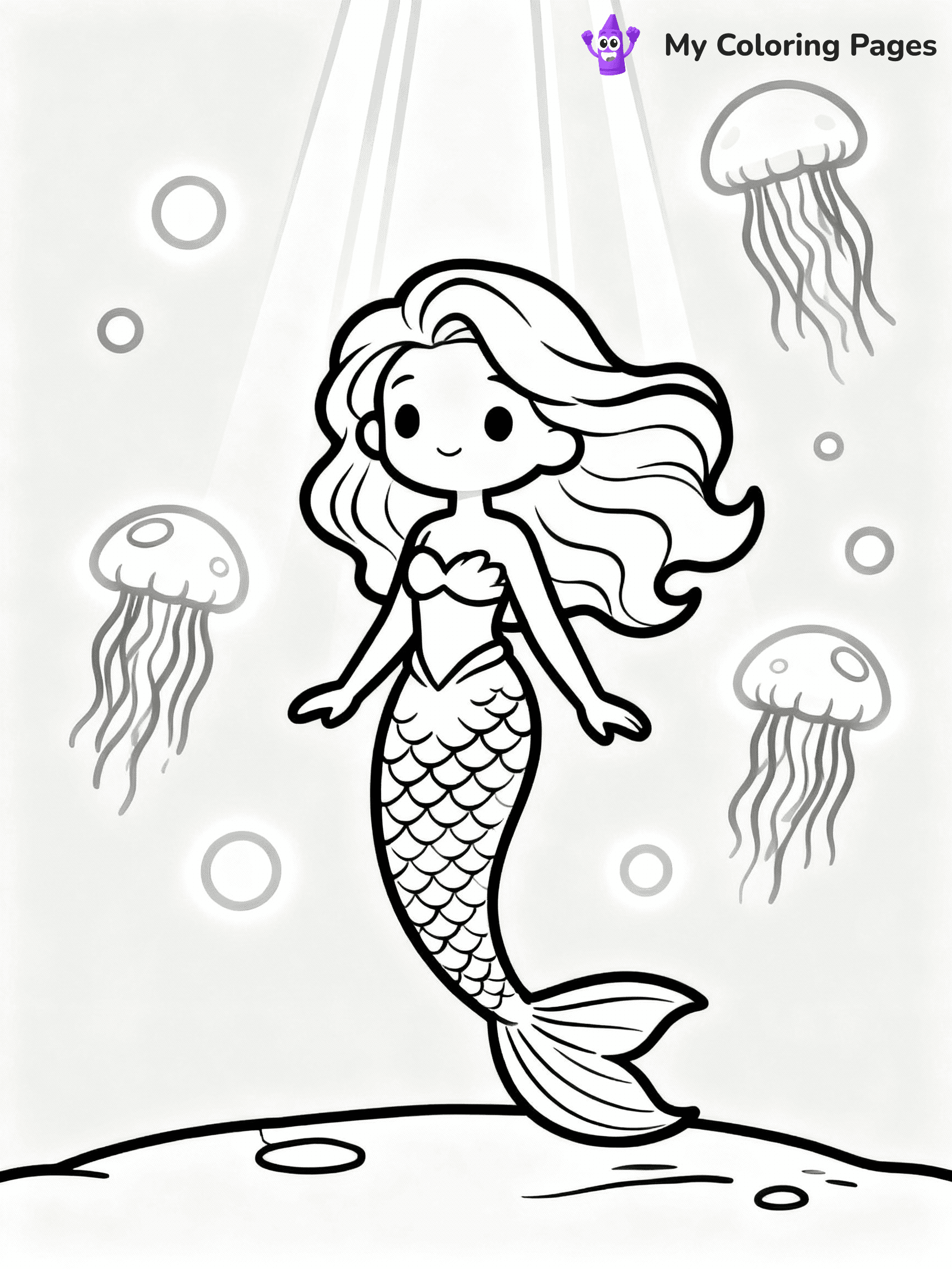 ⚠️ CRITICAL REQUIREMENT - ABSOLUTE BLACK AND WHITE ONLY ⚠️
This MUST be a BLACK AND WHITE line drawing ONLY. NO COLORS whatsoever.
- ONLY pure black lines (#000000) on pure white background (#FFFFFF)
- ABSOLUTELY NO colors, NO shading, NO gradients, NO grayscale
- If there are ANY colors in the output, the image is REJECTED
- This is a COLORING PAGE - meant to be COLORED IN by children
- The output must be UNCOLORED line art ready for coloring
⚠️ SUBJECT TO DRAW: Enchanted mermaid surrounded by glowing jellyfish, underwater light beams shining. Important: PURE OUTLINES. NO FILLS, COLOR, SHADING, OR GREYSCALE. WHITE BACKGROUND."
(REMEMBER: Output must be BLACK AND WHITE line art only, NOT colored!)
# Flat, Friendly Cartoon Line-Art Coloring Page
You are generating a **pure black-and-white binary image** of a child-friendly cartoon scene combining characters and background scenery in one cohesive composition.
## Rendering Rules (Strict)
- Only two colors: pure black (#000000) outlines and pure white (#FFFFFF) background.
- No grayscale, shading, gradients, tints, fills, transparency, or partial pixels.
- No antialiasing or blended edges; every pixel is 100% black or white.
- No solid black fills inside shapes — all areas inside outlines must remain white.
- No dark clothing areas or filled tone blocks; all garments outlined only.
- No shadows, textures, lighting, or tonal variations.
- Must look like flat binary vector line-art for coloring pages.
## Drawing & Composition
- **Medium, consistent line weight**; clean closed outlines easy to color inside.
- **Flat, simple, child-friendly design** — no realism or 3D depth.
- Characters are **grounded on a surface**, centered and large.
- **Balanced composition** with clear silhouettes and minimal props.
## Scenery & Style
- Landmarks (e.g., mosque, CN Tower) and scenery (trees, benches, waves) drawn with **black outlines only.**
- For real-world figures, teams, or places, show accurate details using only black outlines—no text or logos. Use distinctive uniform patterns, abstract symbols, and landmark silhouettes to convey identity.
- Keep **consistent perspective**; no floating elements.
- **Style:** whimsical **Doodle Art Alley** — rounded, friendly outlines.
- May adapt shapes from **Crayola, Disney, Peppa Pig, Cocomelon** — *by shape only, never color.*
- Final output: **flat, crisp, binary (#000000/#FFFFFF)**, **no filled color or background text.**
EXTREMELYE IMPORTANT:
- PURE BINARY LINE-ART; NO FILLS (HAIR/CLOTHES/SKIN), SHADING, OR GREY.
- NO SHADING, COLOR. MUST BE WHITE BACKGROUND.
⚠️ FINAL REMINDER: Draw the subject "Enchanted mermaid surrounded by glowing jellyfish, underwater light beams shining. Important: PURE OUTLINES. NO FILLS, COLOR, SHADING, OR GREYSCALE. WHITE BACKGROUND."" as BLACK AND WHITE line art. Zero colors in output.