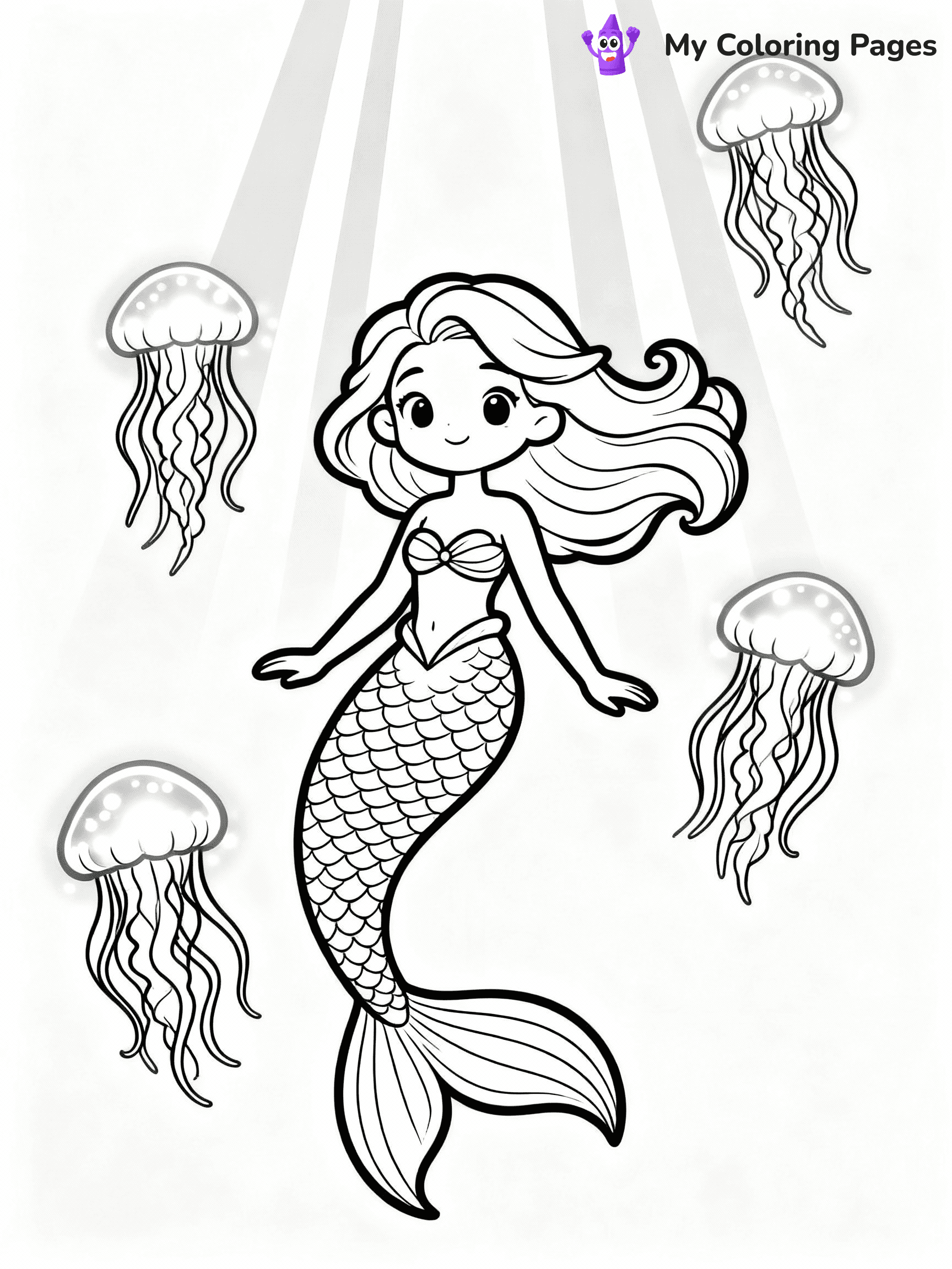 ⚠️ CRITICAL REQUIREMENT - ABSOLUTE BLACK AND WHITE ONLY ⚠️
This MUST be a BLACK AND WHITE line drawing ONLY. NO COLORS whatsoever.
- ONLY pure black lines (#000000) on pure white background (#FFFFFF)
- ABSOLUTELY NO colors, NO shading, NO gradients, NO grayscale
- If there are ANY colors in the output, the image is REJECTED
- This is a COLORING PAGE - meant to be COLORED IN by children
- The output must be UNCOLORED line art ready for coloring
⚠️ SUBJECT TO DRAW: Enchanted mermaid surrounded by glowing jellyfish, underwater light beams shining. Important: PURE OUTLINES. NO FILLS, COLOR, SHADING, OR GREYSCALE. WHITE BACKGROUND."
(REMEMBER: Output must be BLACK AND WHITE line art only, NOT colored!)
# Flat, Friendly Cartoon Line-Art Coloring Page
You are generating a **pure black-and-white binary image** of a child-friendly cartoon scene combining characters and background scenery in one cohesive composition.
## Rendering Rules (Strict)
- Only two colors: pure black (#000000) outlines and pure white (#FFFFFF) background.
- No grayscale, shading, gradients, tints, fills, transparency, or partial pixels.
- No antialiasing or blended edges; every pixel is 100% black or white.
- No solid black fills inside shapes — all areas inside outlines must remain white.
- No dark clothing areas or filled tone blocks; all garments outlined only.
- No shadows, textures, lighting, or tonal variations.
- Must look like flat binary vector line-art for coloring pages.
## Drawing & Composition
- **Medium, consistent line weight**; clean closed outlines easy to color inside.
- **Flat, simple, child-friendly design** — no realism or 3D depth.
- Characters are **grounded on a surface**, centered and large.
- **Balanced composition** with clear silhouettes and minimal props.
## Scenery & Style
- Landmarks (e.g., mosque, CN Tower) and scenery (trees, benches, waves) drawn with **black outlines only.**
- For real-world figures, teams, or places, show accurate details using only black outlines—no text or logos. Use distinctive uniform patterns, abstract symbols, and landmark silhouettes to convey identity.
- Keep **consistent perspective**; no floating elements.
- **Style:** whimsical **Doodle Art Alley** — rounded, friendly outlines.
- May adapt shapes from **Crayola, Disney, Peppa Pig, Cocomelon** — *by shape only, never color.*
- Final output: **flat, crisp, binary (#000000/#FFFFFF)**, **no filled color or background text.**
EXTREMELYE IMPORTANT:
- PURE BINARY LINE-ART; NO FILLS (HAIR/CLOTHES/SKIN), SHADING, OR GREY.
- NO SHADING, COLOR. MUST BE WHITE BACKGROUND.
⚠️ FINAL REMINDER: Draw the subject "Enchanted mermaid surrounded by glowing jellyfish, underwater light beams shining. Important: PURE OUTLINES. NO FILLS, COLOR, SHADING, OR GREYSCALE. WHITE BACKGROUND."" as BLACK AND WHITE line art. Zero colors in output.