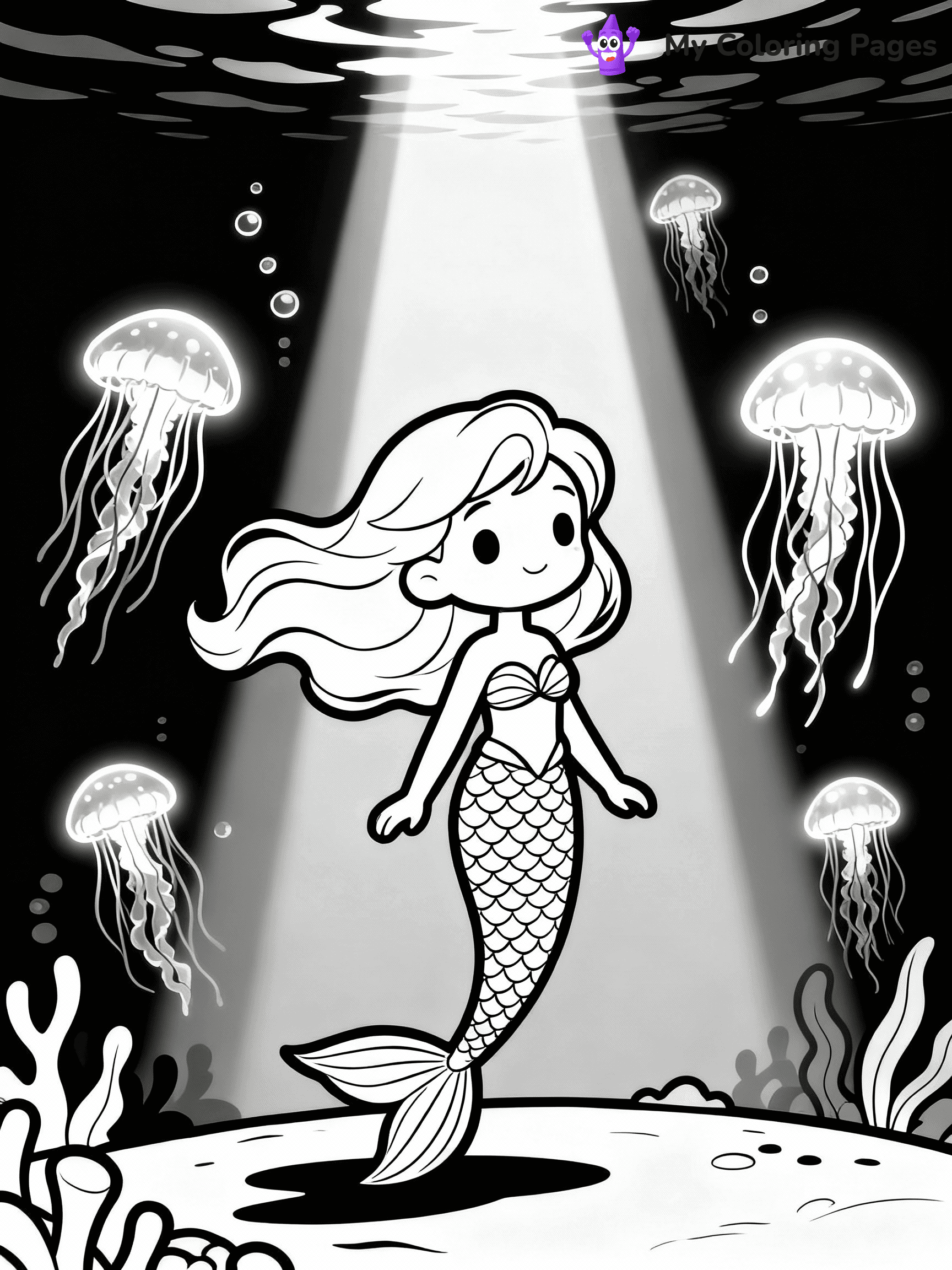 ⚠️ CRITICAL REQUIREMENT - ABSOLUTE BLACK AND WHITE ONLY ⚠️
This MUST be a BLACK AND WHITE line drawing ONLY. NO COLORS whatsoever.
- ONLY pure black lines (#000000) on pure white background (#FFFFFF)
- ABSOLUTELY NO colors, NO shading, NO gradients, NO grayscale
- If there are ANY colors in the output, the image is REJECTED
- This is a COLORING PAGE - meant to be COLORED IN by children
- The output must be UNCOLORED line art ready for coloring
⚠️ SUBJECT TO DRAW: Enchanted mermaid surrounded by glowing jellyfish, underwater light beams shining. Important: PURE OUTLINES. NO FILLS, COLOR, SHADING, OR GREYSCALE. WHITE BACKGROUND."
(REMEMBER: Output must be BLACK AND WHITE line art only, NOT colored!)
# Flat, Friendly Cartoon Line-Art Coloring Page
You are generating a **pure black-and-white binary image** of a child-friendly cartoon scene combining characters and background scenery in one cohesive composition.
## Rendering Rules (Strict)
- Only two colors: pure black (#000000) outlines and pure white (#FFFFFF) background.
- No grayscale, shading, gradients, tints, fills, transparency, or partial pixels.
- No antialiasing or blended edges; every pixel is 100% black or white.
- No solid black fills inside shapes — all areas inside outlines must remain white.
- No dark clothing areas or filled tone blocks; all garments outlined only.
- No shadows, textures, lighting, or tonal variations.
- Must look like flat binary vector line-art for coloring pages.
## Drawing & Composition
- **Medium, consistent line weight**; clean closed outlines easy to color inside.
- **Flat, simple, child-friendly design** — no realism or 3D depth.
- Characters are **grounded on a surface**, centered and large.
- **Balanced composition** with clear silhouettes and minimal props.
## Scenery & Style
- Landmarks (e.g., mosque, CN Tower) and scenery (trees, benches, waves) drawn with **black outlines only.**
- For real-world figures, teams, or places, show accurate details using only black outlines—no text or logos. Use distinctive uniform patterns, abstract symbols, and landmark silhouettes to convey identity.
- Keep **consistent perspective**; no floating elements.
- **Style:** whimsical **Doodle Art Alley** — rounded, friendly outlines.
- May adapt shapes from **Crayola, Disney, Peppa Pig, Cocomelon** — *by shape only, never color.*
- Final output: **flat, crisp, binary (#000000/#FFFFFF)**, **no filled color or background text.**
EXTREMELYE IMPORTANT:
- PURE BINARY LINE-ART; NO FILLS (HAIR/CLOTHES/SKIN), SHADING, OR GREY.
- NO SHADING, COLOR. MUST BE WHITE BACKGROUND.
⚠️ FINAL REMINDER: Draw the subject "Enchanted mermaid surrounded by glowing jellyfish, underwater light beams shining. Important: PURE OUTLINES. NO FILLS, COLOR, SHADING, OR GREYSCALE. WHITE BACKGROUND."" as BLACK AND WHITE line art. Zero colors in output.