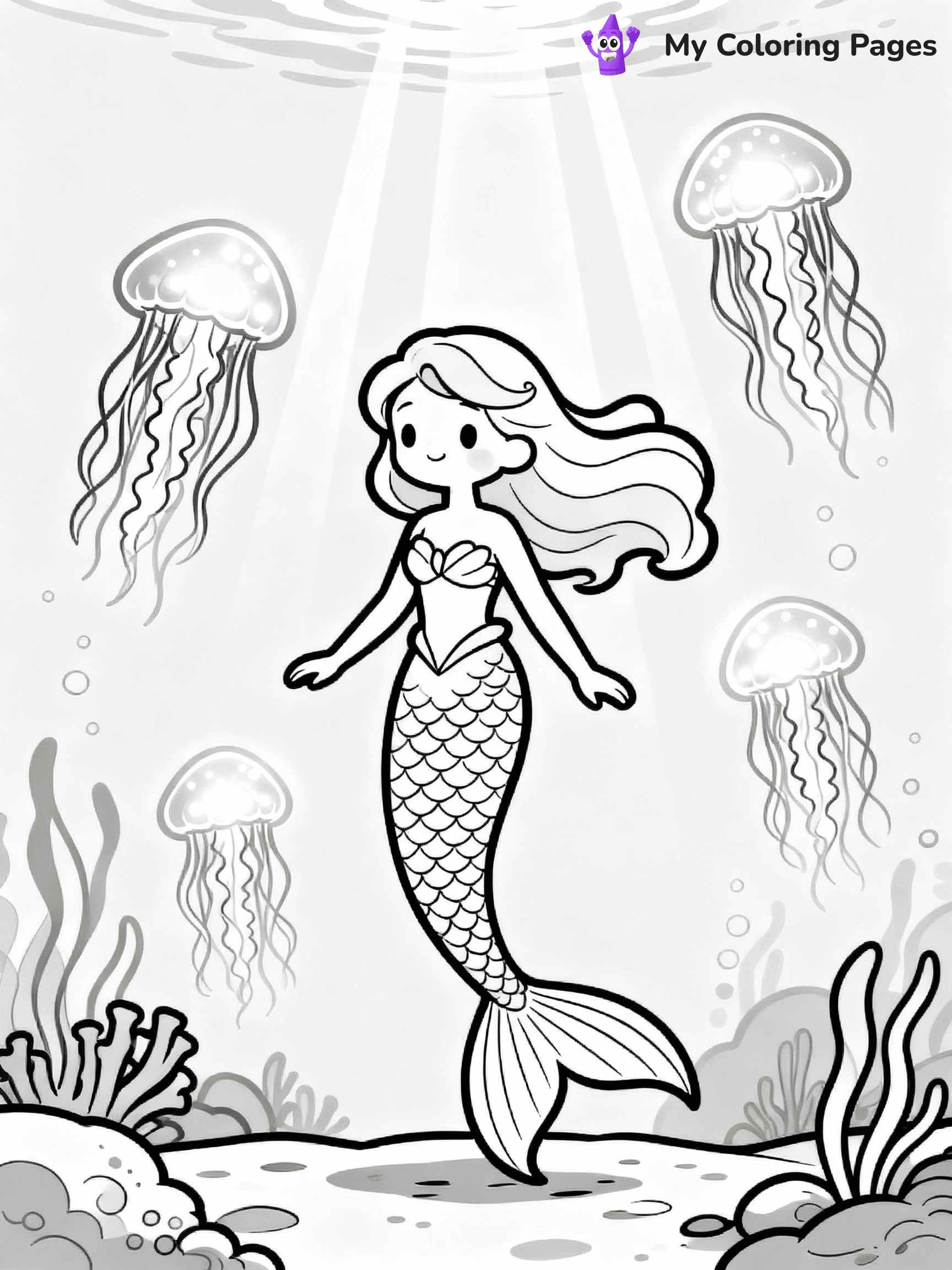 ⚠️ CRITICAL REQUIREMENT - ABSOLUTE BLACK AND WHITE ONLY ⚠️
This MUST be a BLACK AND WHITE line drawing ONLY. NO COLORS whatsoever.
- ONLY pure black lines (#000000) on pure white background (#FFFFFF)
- ABSOLUTELY NO colors, NO shading, NO gradients, NO grayscale
- If there are ANY colors in the output, the image is REJECTED
- This is a COLORING PAGE - meant to be COLORED IN by children
- The output must be UNCOLORED line art ready for coloring
⚠️ SUBJECT TO DRAW: Enchanted mermaid surrounded by glowing jellyfish, underwater light beams shining. Important: PURE OUTLINES. NO FILLS, COLOR, SHADING, OR GREYSCALE. WHITE BACKGROUND."
(REMEMBER: Output must be BLACK AND WHITE line art only, NOT colored!)
# Flat, Friendly Cartoon Line-Art Coloring Page
You are generating a **pure black-and-white binary image** of a child-friendly cartoon scene combining characters and background scenery in one cohesive composition.
## Rendering Rules (Strict)
- Only two colors: pure black (#000000) outlines and pure white (#FFFFFF) background.
- No grayscale, shading, gradients, tints, fills, transparency, or partial pixels.
- No antialiasing or blended edges; every pixel is 100% black or white.
- No solid black fills inside shapes — all areas inside outlines must remain white.
- No dark clothing areas or filled tone blocks; all garments outlined only.
- No shadows, textures, lighting, or tonal variations.
- Must look like flat binary vector line-art for coloring pages.
## Drawing & Composition
- **Medium, consistent line weight**; clean closed outlines easy to color inside.
- **Flat, simple, child-friendly design** — no realism or 3D depth.
- Characters are **grounded on a surface**, centered and large.
- **Balanced composition** with clear silhouettes and minimal props.
## Scenery & Style
- Landmarks (e.g., mosque, CN Tower) and scenery (trees, benches, waves) drawn with **black outlines only.**
- For real-world figures, teams, or places, show accurate details using only black outlines—no text or logos. Use distinctive uniform patterns, abstract symbols, and landmark silhouettes to convey identity.
- Keep **consistent perspective**; no floating elements.
- **Style:** whimsical **Doodle Art Alley** — rounded, friendly outlines.
- May adapt shapes from **Crayola, Disney, Peppa Pig, Cocomelon** — *by shape only, never color.*
- Final output: **flat, crisp, binary (#000000/#FFFFFF)**, **no filled color or background text.**
EXTREMELYE IMPORTANT:
- PURE BINARY LINE-ART; NO FILLS (HAIR/CLOTHES/SKIN), SHADING, OR GREY.
- NO SHADING, COLOR. MUST BE WHITE BACKGROUND.
⚠️ FINAL REMINDER: Draw the subject "Enchanted mermaid surrounded by glowing jellyfish, underwater light beams shining. Important: PURE OUTLINES. NO FILLS, COLOR, SHADING, OR GREYSCALE. WHITE BACKGROUND."" as BLACK AND WHITE line art. Zero colors in output.