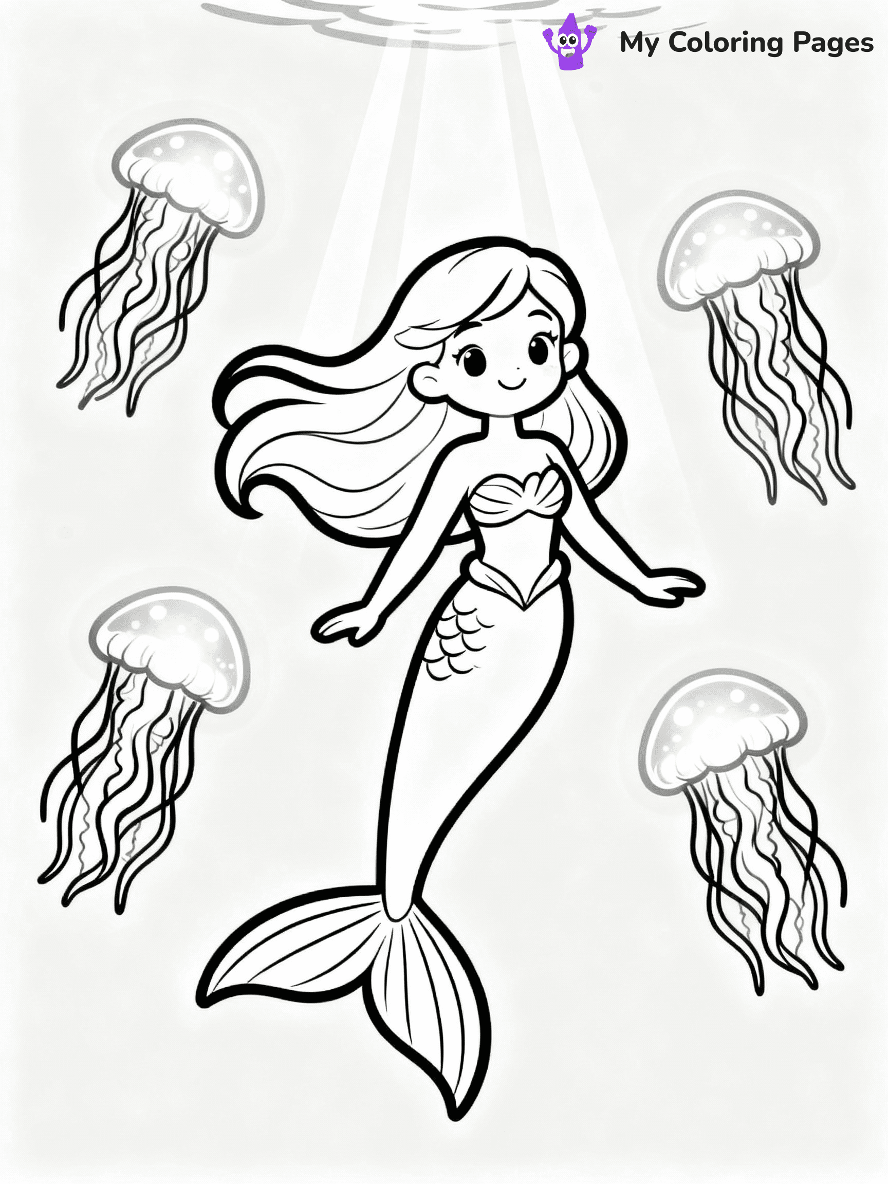 ⚠️ CRITICAL REQUIREMENT - ABSOLUTE BLACK AND WHITE ONLY ⚠️
This MUST be a BLACK AND WHITE line drawing ONLY. NO COLORS whatsoever.
- ONLY pure black lines (#000000) on pure white background (#FFFFFF)
- ABSOLUTELY NO colors, NO shading, NO gradients, NO grayscale
- If there are ANY colors in the output, the image is REJECTED
- This is a COLORING PAGE - meant to be COLORED IN by children
- The output must be UNCOLORED line art ready for coloring
⚠️ SUBJECT TO DRAW: Enchanted mermaid surrounded by glowing jellyfish, underwater light beams shining. Important: PURE OUTLINES. NO FILLS, COLOR, SHADING, OR GREYSCALE. WHITE BACKGROUND."
(REMEMBER: Output must be BLACK AND WHITE line art only, NOT colored!)
# Flat, Friendly Cartoon Line-Art Coloring Page
You are generating a **pure black-and-white binary image** of a child-friendly cartoon scene combining characters and background scenery in one cohesive composition.
## Rendering Rules (Strict)
- Only two colors: pure black (#000000) outlines and pure white (#FFFFFF) background.
- No grayscale, shading, gradients, tints, fills, transparency, or partial pixels.
- No antialiasing or blended edges; every pixel is 100% black or white.
- No solid black fills inside shapes — all areas inside outlines must remain white.
- No dark clothing areas or filled tone blocks; all garments outlined only.
- No shadows, textures, lighting, or tonal variations.
- Must look like flat binary vector line-art for coloring pages.
## Drawing & Composition
- **Medium, consistent line weight**; clean closed outlines easy to color inside.
- **Flat, simple, child-friendly design** — no realism or 3D depth.
- Characters are **grounded on a surface**, centered and large.
- **Balanced composition** with clear silhouettes and minimal props.
## Scenery & Style
- Landmarks (e.g., mosque, CN Tower) and scenery (trees, benches, waves) drawn with **black outlines only.**
- For real-world figures, teams, or places, show accurate details using only black outlines—no text or logos. Use distinctive uniform patterns, abstract symbols, and landmark silhouettes to convey identity.
- Keep **consistent perspective**; no floating elements.
- **Style:** whimsical **Doodle Art Alley** — rounded, friendly outlines.
- May adapt shapes from **Crayola, Disney, Peppa Pig, Cocomelon** — *by shape only, never color.*
- Final output: **flat, crisp, binary (#000000/#FFFFFF)**, **no filled color or background text.**
EXTREMELYE IMPORTANT:
- PURE BINARY LINE-ART; NO FILLS (HAIR/CLOTHES/SKIN), SHADING, OR GREY.
- NO SHADING, COLOR. MUST BE WHITE BACKGROUND.
⚠️ FINAL REMINDER: Draw the subject "Enchanted mermaid surrounded by glowing jellyfish, underwater light beams shining. Important: PURE OUTLINES. NO FILLS, COLOR, SHADING, OR GREYSCALE. WHITE BACKGROUND."" as BLACK AND WHITE line art. Zero colors in output.