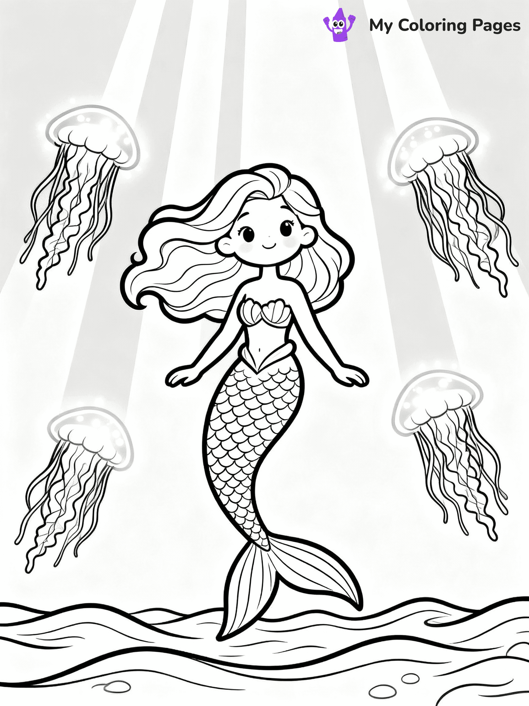 ⚠️ CRITICAL REQUIREMENT - ABSOLUTE BLACK AND WHITE ONLY ⚠️
This MUST be a BLACK AND WHITE line drawing ONLY. NO COLORS whatsoever.
- ONLY pure black lines (#000000) on pure white background (#FFFFFF)
- ABSOLUTELY NO colors, NO shading, NO gradients, NO grayscale
- If there are ANY colors in the output, the image is REJECTED
- This is a COLORING PAGE - meant to be COLORED IN by children
- The output must be UNCOLORED line art ready for coloring
⚠️ SUBJECT TO DRAW: Enchanted mermaid surrounded by glowing jellyfish, underwater light beams shining. Important: PURE OUTLINES. NO FILLS, COLOR, SHADING, OR GREYSCALE. WHITE BACKGROUND."
(REMEMBER: Output must be BLACK AND WHITE line art only, NOT colored!)
# Flat, Friendly Cartoon Line-Art Coloring Page
You are generating a **pure black-and-white binary image** of a child-friendly cartoon scene combining characters and background scenery in one cohesive composition.
## Rendering Rules (Strict)
- Only two colors: pure black (#000000) outlines and pure white (#FFFFFF) background.
- No grayscale, shading, gradients, tints, fills, transparency, or partial pixels.
- No antialiasing or blended edges; every pixel is 100% black or white.
- No solid black fills inside shapes — all areas inside outlines must remain white.
- No dark clothing areas or filled tone blocks; all garments outlined only.
- No shadows, textures, lighting, or tonal variations.
- Must look like flat binary vector line-art for coloring pages.
## Drawing & Composition
- **Medium, consistent line weight**; clean closed outlines easy to color inside.
- **Flat, simple, child-friendly design** — no realism or 3D depth.
- Characters are **grounded on a surface**, centered and large.
- **Balanced composition** with clear silhouettes and minimal props.
## Scenery & Style
- Landmarks (e.g., mosque, CN Tower) and scenery (trees, benches, waves) drawn with **black outlines only.**
- For real-world figures, teams, or places, show accurate details using only black outlines—no text or logos. Use distinctive uniform patterns, abstract symbols, and landmark silhouettes to convey identity.
- Keep **consistent perspective**; no floating elements.
- **Style:** whimsical **Doodle Art Alley** — rounded, friendly outlines.
- May adapt shapes from **Crayola, Disney, Peppa Pig, Cocomelon** — *by shape only, never color.*
- Final output: **flat, crisp, binary (#000000/#FFFFFF)**, **no filled color or background text.**
EXTREMELYE IMPORTANT:
- PURE BINARY LINE-ART; NO FILLS (HAIR/CLOTHES/SKIN), SHADING, OR GREY.
- NO SHADING, COLOR. MUST BE WHITE BACKGROUND.
⚠️ FINAL REMINDER: Draw the subject "Enchanted mermaid surrounded by glowing jellyfish, underwater light beams shining. Important: PURE OUTLINES. NO FILLS, COLOR, SHADING, OR GREYSCALE. WHITE BACKGROUND."" as BLACK AND WHITE line art. Zero colors in output.