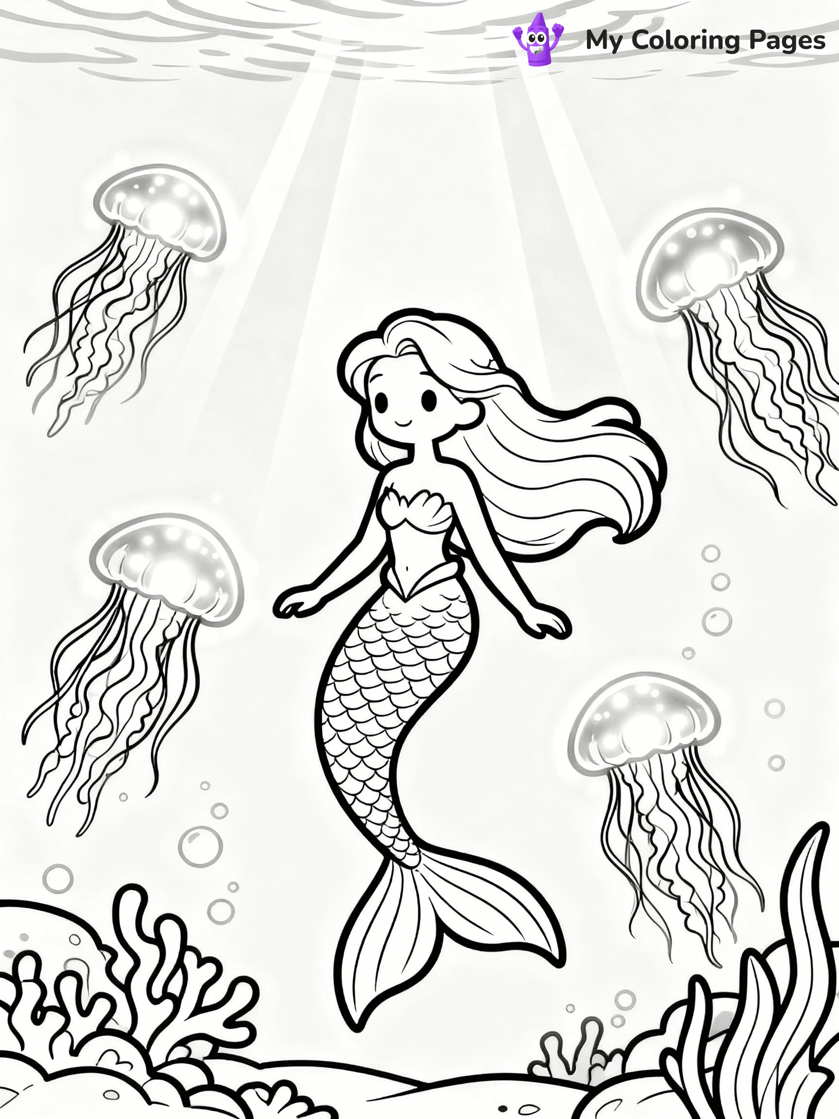 ⚠️ CRITICAL REQUIREMENT - ABSOLUTE BLACK AND WHITE ONLY ⚠️
This MUST be a BLACK AND WHITE line drawing ONLY. NO COLORS whatsoever.
- ONLY pure black lines (#000000) on pure white background (#FFFFFF)
- ABSOLUTELY NO colors, NO shading, NO gradients, NO grayscale
- If there are ANY colors in the output, the image is REJECTED
- This is a COLORING PAGE - meant to be COLORED IN by children
- The output must be UNCOLORED line art ready for coloring
⚠️ SUBJECT TO DRAW: Enchanted mermaid surrounded by glowing jellyfish, underwater light beams shining. Important: PURE OUTLINES. NO FILLS, COLOR, SHADING, OR GREYSCALE. WHITE BACKGROUND."
(REMEMBER: Output must be BLACK AND WHITE line art only, NOT colored!)
# Flat, Friendly Cartoon Line-Art Coloring Page
You are generating a **pure black-and-white binary image** of a child-friendly cartoon scene combining characters and background scenery in one cohesive composition.
## Rendering Rules (Strict)
- Only two colors: pure black (#000000) outlines and pure white (#FFFFFF) background.
- No grayscale, shading, gradients, tints, fills, transparency, or partial pixels.
- No antialiasing or blended edges; every pixel is 100% black or white.
- No solid black fills inside shapes — all areas inside outlines must remain white.
- No dark clothing areas or filled tone blocks; all garments outlined only.
- No shadows, textures, lighting, or tonal variations.
- Must look like flat binary vector line-art for coloring pages.
## Drawing & Composition
- **Medium, consistent line weight**; clean closed outlines easy to color inside.
- **Flat, simple, child-friendly design** — no realism or 3D depth.
- Characters are **grounded on a surface**, centered and large.
- **Balanced composition** with clear silhouettes and minimal props.
## Scenery & Style
- Landmarks (e.g., mosque, CN Tower) and scenery (trees, benches, waves) drawn with **black outlines only.**
- For real-world figures, teams, or places, show accurate details using only black outlines—no text or logos. Use distinctive uniform patterns, abstract symbols, and landmark silhouettes to convey identity.
- Keep **consistent perspective**; no floating elements.
- **Style:** whimsical **Doodle Art Alley** — rounded, friendly outlines.
- May adapt shapes from **Crayola, Disney, Peppa Pig, Cocomelon** — *by shape only, never color.*
- Final output: **flat, crisp, binary (#000000/#FFFFFF)**, **no filled color or background text.**
EXTREMELYE IMPORTANT:
- PURE BINARY LINE-ART; NO FILLS (HAIR/CLOTHES/SKIN), SHADING, OR GREY.
- NO SHADING, COLOR. MUST BE WHITE BACKGROUND.
⚠️ FINAL REMINDER: Draw the subject "Enchanted mermaid surrounded by glowing jellyfish, underwater light beams shining. Important: PURE OUTLINES. NO FILLS, COLOR, SHADING, OR GREYSCALE. WHITE BACKGROUND."" as BLACK AND WHITE line art. Zero colors in output.